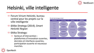 Helsinki, ville intelligente
Forum Virium Helsinki, bureau
central pour les projets sur la
ville intelligente
6Aika Strategy (2014); Smart
Helsinki Region
6Aika Strategy:
Secteurs d’intervention :
plateformes d’innovation ouvertes,
données et interfaces ouvertes,
participation ouverte et nouveaux
marchés.
 
