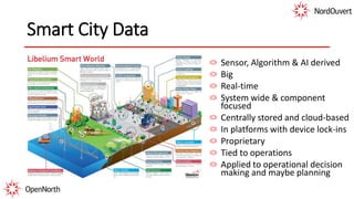 Smart City Data
Sensor, Algorithm & AI derived
Big
Real-time
System wide & component
focused
Centrally stored and cloud-based
In platforms with device lock-ins
Proprietary
Tied to operations
Applied to operational decision
making and maybe planning
 