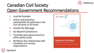 Canadian Civil Society
Open Government Recommendations
1. Lead by Example
2. Active and proactive
participation by politicians and
civil servants at all levels
3. Clarify the Message
4. Go Beyond Compliance
5. Translate open government to
other policy areas
6. Reinforce the relationship with
Canadian civil society
organizations
 