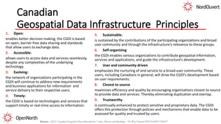 Canadian
Geospatial Data Infrastructure Principles
1. Open:
enables better decision making, the CGDI is based
on open, barrier-free data sharing and standards
that allow users to exchange data.
2. Accessible:
allows users to access data and services seamlessly,
despite any complexities of the underlying
technology.
3. Evolving:
the network of organizations participating in the
CGDI will continue to address new requirements
and business applications for information and
service delivery to their respective users.
4. Timely:
the CGDI is based on technologies and services that
support timely or real-time access to information.
5. Sustainable:
is sustained by the contributions of the participating organizations and broad
user community and through the infrastructure’s relevance to these groups.
6. Self-organizing
the CGDI enables various organizations to contribute geospatial information,
services and applications, and guide the infrastructure’s development.
7. User and community driven
emphasizes the nurturing of and service to a broad user community. These
users, including Canadians in general, will drive the CGDI’s development based
on user requirements.
8. Closest to source
maximizes efficiency and quality by encouraging organizations closest to source
to provide data and services. Thereby eliminating duplication and overlap.
9. Trustworthy
is continually enhanced to protect sensitive and proprietary data. The CGDI
offers this protection through policies and mechanisms that enable data to be
assessed for quality and trusted by users.
Source: : 2012, Canadian Geospatial Data Infrastructure Vision, Mission and Roadmap - The Way Forward DOI:10.4095/292417
 