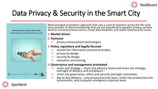 Data Privacy & Security in the Smart City
Multi-pronged ecosystems approach that uses a suite of solutions across the life-cycle
(procurement to decommissioning) that are not prejudicial to people’s privacy, actively
work to minimize privacy harms, curtail data breaches, and tackle cybersecurity issues.
1.Market driven
2.Technical
privacy enhancement technologies
3.Policy, regulatory and legally focused
revised fair information practice principles,
privacy by design,
security by design,
education and training,
4.Governance and management orientated
vision and strategy – smart city advisory board and smart city strategy;
oversight of delivery and compliance –
smart city governance, ethics and security oversight committee;
day-to-day delivery – core privacy/security team, smart city privacy/security
assessments, and computer emergency response team.
 