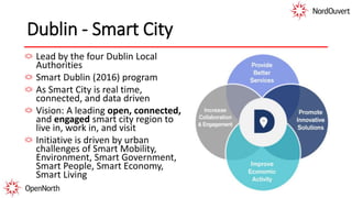 Dublin - Smart City
Lead by the four Dublin Local
Authorities
Smart Dublin (2016) program
As Smart City is real time,
connected, and data driven
Vision: A leading open, connected,
and engaged smart city region to
live in, work in, and visit
Initiative is driven by urban
challenges of Smart Mobility,
Environment, Smart Government,
Smart People, Smart Economy,
Smart Living
 