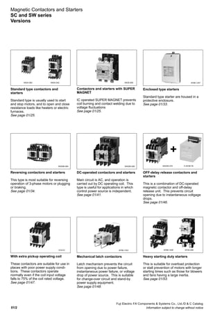 Fuji Electric FA Components & Systems Co., Ltd./D & C Catalog
Information subject to change without notice01/2
Magnetic Contactors and Starters
SC and SW series
Versions
Standard type contactors and
starters
Standard type is usually used to start
and stop motors, and to open and close
resistance loads like heaters or electric
furnaces.
See page 01/25.
DC-operated contactors and starters
Main circuit is AC, and operation is
carried out by DC operating coil. This
type is useful for applications in which
control power source is independent.
See page 01/41.
OFF-delay release contactors and
starters
This is a combination of DC-operated
magnetic contactor and off-delay
release unit. This prevents circuit
opening due to instantaneous voltgage
drops.
See page 01/46.
KK04-083 KK05-042
KKD05-270 H-AF89-76KKD06-026
Enclosed type starters
Standard type starter are housed in a
protective enclosure.
See page 01/33.
AF88-1347
Contactors and starters with SUPER
MAGNET
IC operated SUPER MAGNET prevents
coil burning and contact welding due to
voltage fluctuations
See page 01/25.
KK05-065
Reversing contactors and starters
This type is most suitable for reversing
operation of 3-phase motors or plugging
or braking.
See page 01/34.
KKD06-064
AF88-1408 AF00-299AF88-1353
With extra pickup operating coil
These contactors are suitable for use in
places with poor power supply condi-
tions. These contactors operate
normally even if the coil input voltage
falls to 75% of the coil rated voltage.
See page 01/47.
AF88-820
Mechanical latch contactors
Latch mechanism prevents the circuit
from opening due to power failure,
instantaneous power failure, or voltage
drop of power source. This is suitable
for change-over circuit and stand-by
power supply equipment.
See page 01/48.
Heavy starting duty starters
This is suitable for overload protection
or stall prevention of motors with longer
starting times such as those for blowers
and fans having a large inertia.
See page 01/53.
+
 