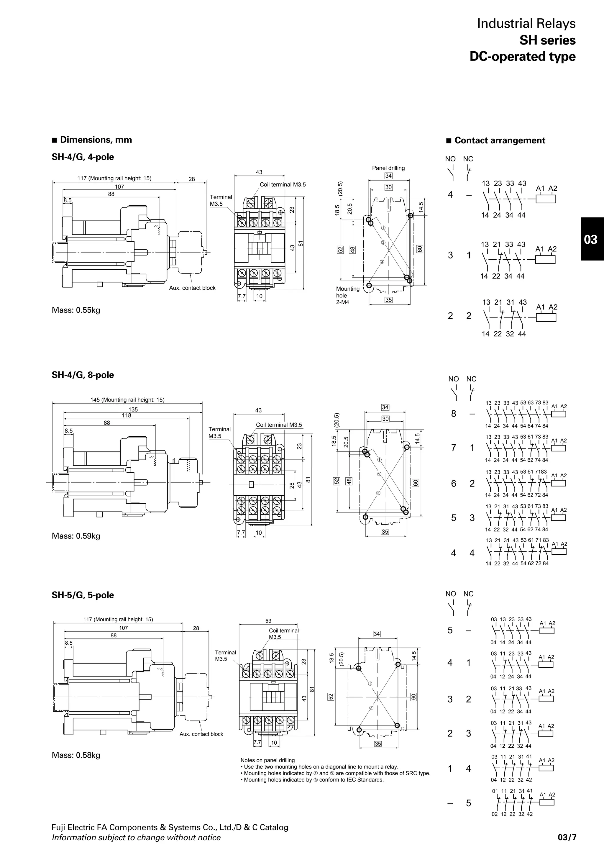 KKD06-232 
KKD06-231 
SH-4/G 8-pole 
SH-4/G SH-5/G 
KKD06-233 
 Performance data 
Mechanical durability: 10 million 
operations 
Electrical durability: 500,000 operations 
(at AC-15 rated operational current) 
Operating cycles per hour:1800 
Allowable ambient temp.: 
–5° to +50°C 
DC 
Voltage 
(V) 
24 
48 
110 
220 
24 
48 
110 
220 
24 
48 
110 
220 
Ind. *1 
DC-13 
3 
1.5 
0.55 
0.27 
3 
1.5 
0.55 
0.27 
3 
1.5 
0.55 
0.27 
 Ordering information 
Specify the following: 
1. Ordering code 
Res. 
DC-14 
53 
2.5 
1 
53 
2.5 
1 
53 
2.5 
1 
 Combination with auxiliary contact 
blocks 
Same as standard type. 
See page 03/4. 
Drop-out time (ms.) 
NO contact OFF 
20–25 
20–25 
20–25 
Auxiliary contact block (2 or 4-pole) 
Coil surge suppression unit 
Operation counter 
• Snap-on 35mm IEC and DIN rail 
mountings available 
• Meets JIS, IEC, BS, NEMA and VDE 
Standards 
UL, CSA, TÜV, CCC and BV approved 
• Terminal numbers meet IEC 
Rated operational current (A) 
Res. 
AC-12 
10 
855 
10 
855 
10 
855 
Ind. 
AC-15 
Power 
consumption(W) 
7 
NC contact OFF 
35–40 
35–40 
35–40 
NC contact ON 
25–30 
25–30 
25–30 
Fuji Electric FA Components  Systems Co., Ltd./D  C Catalog 
Industrial Relays 
SH series 
DC-operated type 
 Contact ratings 
Ordering 
code *2 
SH04AG- 
SH05AG- 
Pole 
4 
8 
5 
Rated 
thermal 
current 
(A) 
10 
10 
10 
Notes: *1 Time constant is less than 70ms. 
*2 Enter the coil voltage code in the  mark. 
Enter the contact arrangement code in the mark. 
Contact arrangement 
4NO, 3NO+1NC, 2NO+2NC 
8NO, 7NO+1NC, 6NO+2NC 
5NO+3NC, 4NO+4NC 
5NO, 4NO+1NC, 3NO+2NC 
2NO+3NC, 1NO+4NC, 5NC 
Type 
SH-4/G 
SH-5/G 
 Coil ratings 
Pole 
4 
8 
5 
Type 
SH-4/G 
SH-5/G 
Make and 
break 
capacity 
AC (A) 
60 
30 
15 
12 
60 
30 
15 
12 
60 
30 
15 
12 
AC 
Voltage 
(V) 
110 
220 
440 
550 
110 
220 
440 
550 
110 
220 
440 
550 
Operating coil 
voltage (V DC) Code 
24 E 
48 F 
100 1 
110 H 
200 2 
220 M 
63 
1.5 
1.2 
63 
1.5 
1.2 
63 
1.5 
1.2 
 Operating characteristics 
Type Pick-up time (ms.) 
NO contact ON 
45–50 
45–50 
45–50 
DC-operated industrial relays 
 Description 
The operating coil is a DC type instead 
of AC and is energized by a DC power 
source. 
The coil ratings from 24V DC to 220V 
DC. The maximum contact ratings are 
550V AC or 220V DC. 
These relays are typically used where 
DC is used as a power source on 
switchboards. Where AC is used as a 
power source, sequence control is 
frequently lost due to the troubles such 
as power failure or momentary voltage 
drop. 
In the case of DC-control, a battery 
power supply is frequently used 
because it is not susceptible to external 
influences. DC-operated relays are 
highly suitable for important control 
applications. 
 Features 
• Employing of bifurcated contact to 
increase high contact reliability in 
low-level circuit use (5V, 3mA) 
• Variety of optional function units 
available 
SH-4/G 
SH-5/G 
Pole 
4 
8 
5 
Note: Coil rating 100V DC 
Voltage 
100V DC 
100V DC 
100V DC 
Contact 
arrangement 
2NO+2NC 
4NO+4NC 
3NO+2NC 
03/6 Information subject to change without notice 
 