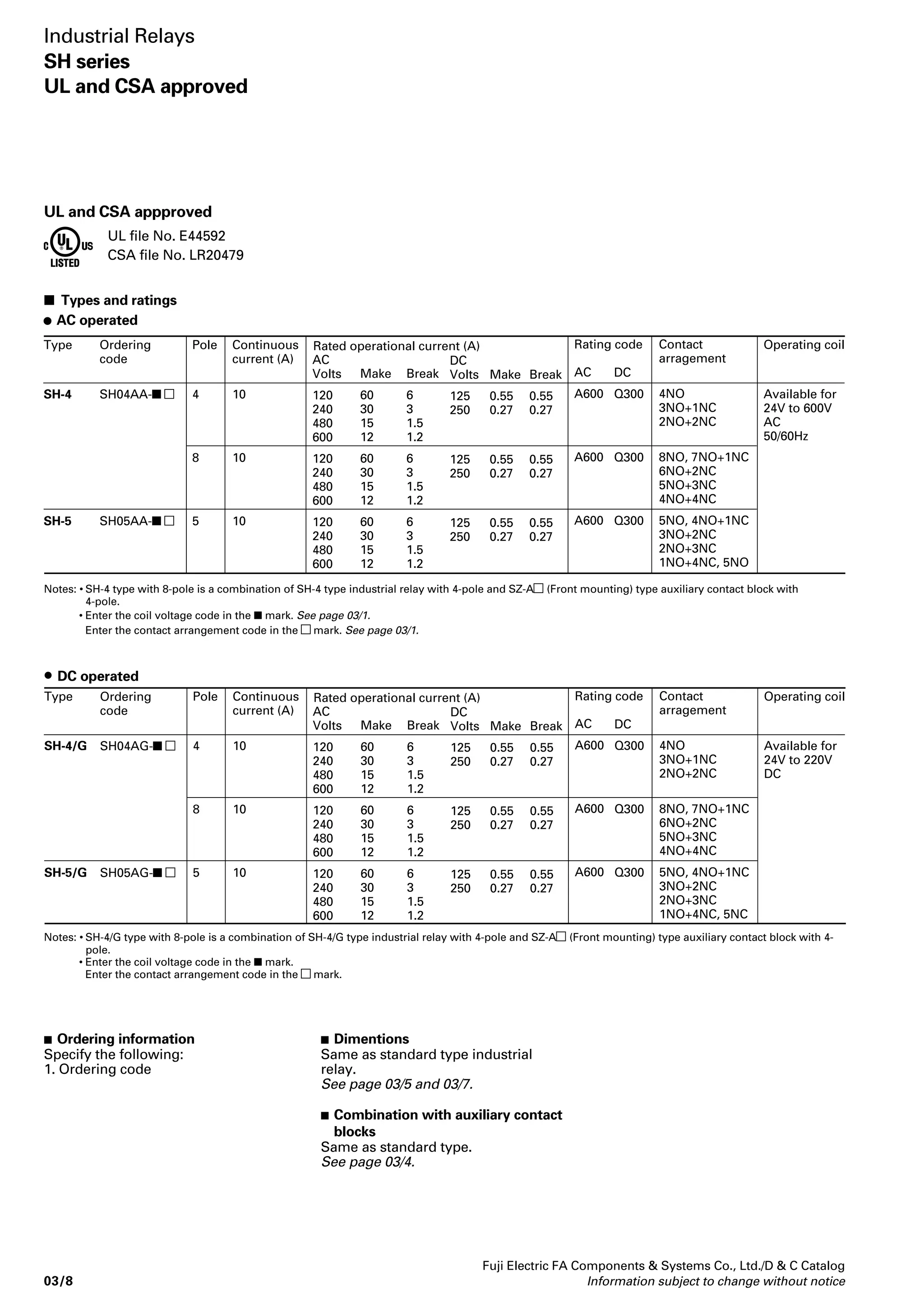 Mass: 0.55kg 
➁ 
Coil terminal M3.5 
– 
Terminal 
M3.5 
Fuji Electric FA Components  Systems Co., Ltd./D  C Catalog 
Information subject to change without notice 03/7 
03 
 Dimensions, mm  Contact arrangement 
SH-4/G, 4-pole 
SH-4/G, 8-pole 
Mass: 0.59kg 
SH-5/G, 5-pole 
Mass: 0.58kg 
Industrial Relays 
SH series 
DC-operated type 
107 
88 
8.5 
28 
43 
43 23 
81 
7.7 10 
34 
30 
18.5 (20.5) 
20.5 
52 
48 
35 
60 14.5 
➀ 
➁ 
➂ 
117 (Mounting rail height: 15) 
Aux. contact block 
Coil terminal M3.5 
Mounting 
hole 
2-M4 
Panel drilling 
Terminal 
M3.5 
13 23 33 43 
A1 A2 
14 24 34 44 
13 21 33 43 
A1 A2 
14 22 34 44 
13 21 31 43 
A1 A2 
14 22 32 44 
NO NC 
4 – 
3 1 
2 2 
145 (Mounting rail height: 15) 
88 
8.5 
118 
43 
23 
28 
7.7 10 
34 
30 
18.5 (20.5) 
20.5 
52 
48 
35 
60 14.5 
➀ 
➂ 
135 
81 
43 
Terminal 
M3.5 
13 23 33 43 
A1 A2 
14 24 34 44 
53 63 73 83 
54 64 74 84 
13 23 33 43 
A1 A2 
14 24 34 44 
53 61 73 83 
54 62 74 84 
13 23 33 43 
A1 A2 
14 24 34 44 
53 61 7183 
54 62 72 84 
13 21 31 43 
A1 A2 
14 22 32 44 
53 61 73 83 
54 62 74 84 
13 21 31 43 
A1 A2 
14 22 32 44 
53 61 71 83 
54 62 72 84 
NO NC 
8 
7 1 
6 2 
5 3 
4 4 
03 13 23 33 
A1 A2 
04 14 24 34 
43 
44 
03 11 23 33 
A1 A2 
04 12 24 34 
43 
44 
03 11 21 33 A1 A2 
04 12 22 34 
43 
44 
03 11 21 31 
A1 A2 
04 12 22 32 
43 
44 
03 11 21 31 
A1 A2 
04 12 22 32 
41 
42 
01 11 21 31 
A1 A2 
02 12 22 32 
41 
42 
NO NC 
5 – 
4 1 
3 2 
2 3 
1 4 
– 5 
34 
18.5 
(20.5) 
52 
35 
60 14.5 
53 
43 23 
81 
7.7 10 
117 (Mounting rail height: 15) 
107 
88 
8.5 
28 
Aux. contact block 
Coil terminal 
M3.5 
➀ 
➂ 
Notes on panel drilling 
• Use the two mounting holes on a diagonal line to mount a relay. 
• Mounting holes indicated by ➀ and ➁ are compatible with those of SRC type. 
• Mounting holes indicated by ➂ conform to IEC Standards. 
 
