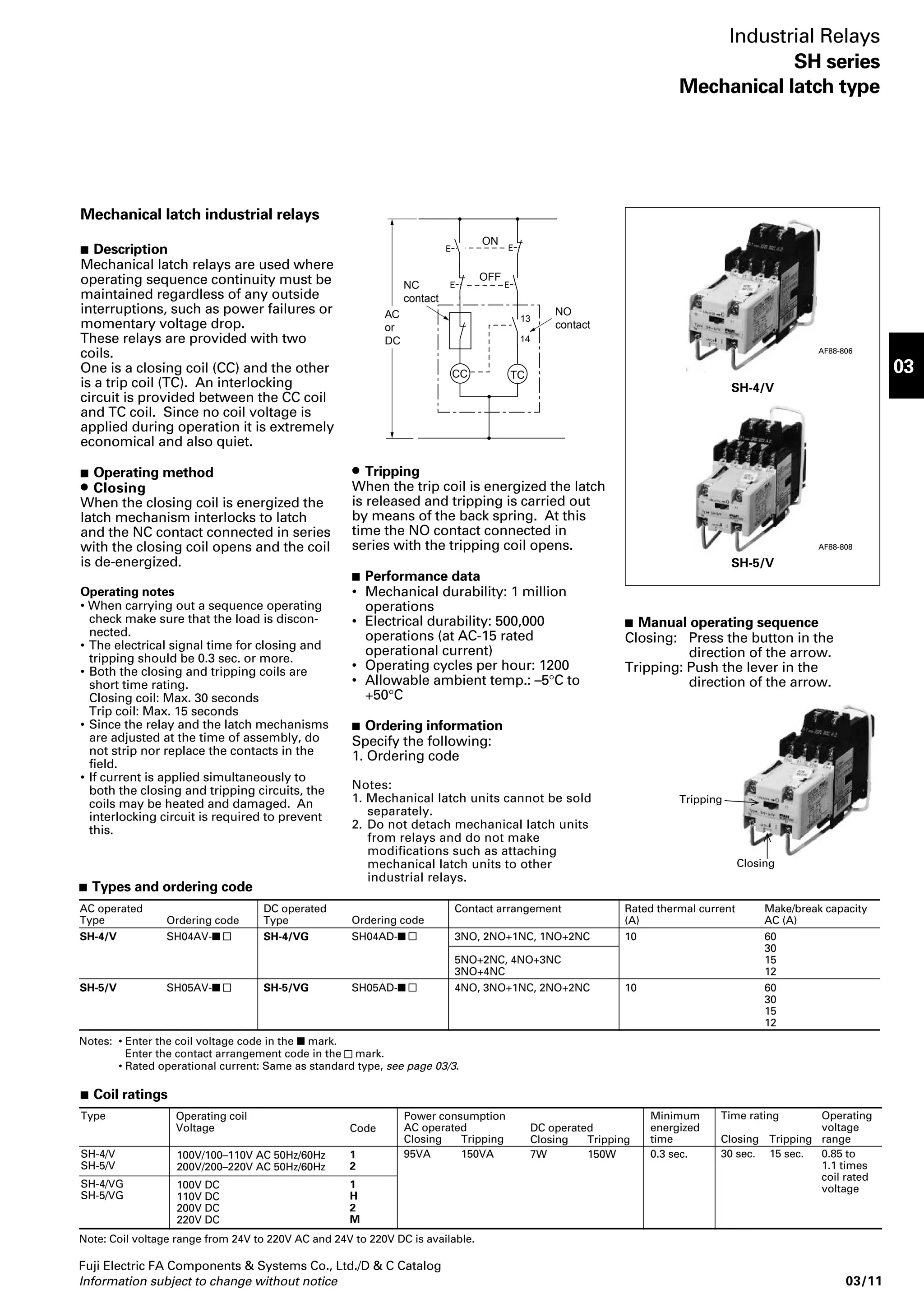 Types and ratings 
Ordering Pole Rated operational current (A) 
code *2 
Make and 
break capacity 
AC (A) 
60 
30 
15 
12 
60 
30 
15 
12 
AC 
Voltage 
(V) 
110 
220 
440 
550 
110 
220 
440 
550 
Rated 
thermal 
current 
(A) 
10 
10 
Contact 
48 
5 
Rated operational current (A) 
 AC operated, single contact 
Fuji Electric FA Components  Systems Co., Ltd./D  C Catalog 
Information subject to change without notice 03/9 
03 
Industrial Relays 
SH series 
TÜV and CCC approved 
TÜV and CCC approved 
TÜV license No. R9151523 
CCC Certificated No. 2003010309087 168 
 