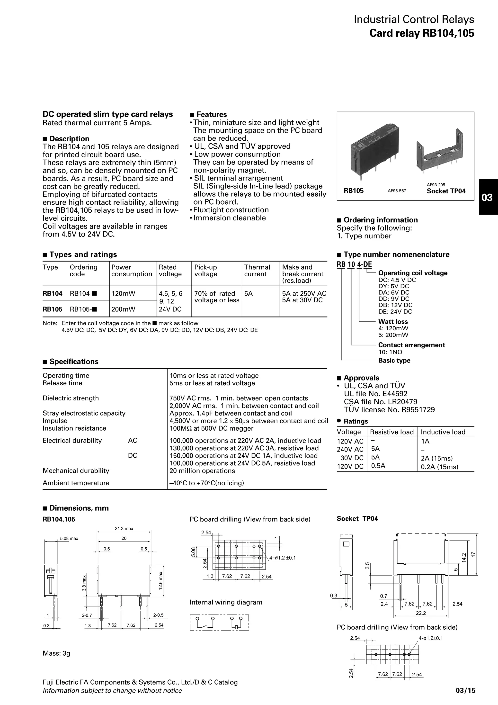 Industrial Relays 
SH series 
Mechanical latch type 
 Dimensions, mm Panel drilling 
SH-4/V, VG SH-5/V, VG 
34 
30 
18.5 (20.5) 
20.5 
52 
48 
35 
60 14.5 
➀ 
➁ 
➂ 
34 
18.5 
(20.5) 
52 
35 
60 14.5 
➀ 
➂ 
Note on panel drilling 
• Use the two mounting holes on a diagonal line to mount a relay. 
• Mounting holes indicated by ➀ and ➁ are compatible with those of 
SRC type. 
• Mounting holes indicated by ➂ conform to IEC Standards. 
A 
Coil terminal M3.5 
43 23 
81 
7.7 10 
SH-4/V, SH-4/VG (7-contact) 
5NO+2NC 
SH-5/V, SH-5/VG 
4NO 
Terminal 
M3.5 
B (Mounting rail height: 15) 
C 
D 
8.5 
Tripping 
Closing 
13 23 33 43 
A1 A2 55 E1 E2 
CC TC 
56 
14 24 34 44 
13 23 33 43 53 61 71 83 
14 24 34 44 
2NO+1NC 4NO+3NC 
Closing 
A1 A2 55 E1 E2 
CC TC 
56 
Tripping 
54 62 72 84 
Closing 
13 21 33 43 53 61 71 83 
A1 A2 55 E1 E2 
CC TC 
56 
Tripping 
14 22 34 44 
54 62 72 84 
03 13 23 33 43 
04 14 24 34 
3NO+1NC 
03 11 23 33 43 
04 12 24 34 
3NO+4NC 2NO+2NC 
Closing 
13 21 31 43 53 61 71 83 
A1 A2 55 E1 E2 
CC TC 
56 
Tripping 
14 22 32 44 
54 62 72 84 
Tripping 
A1 
Closing 
A2 55 E1 E2 
CC TC 
56 
44 
Tripping 
A1 
Closing 
A2 55 E1 E2 
CC TC 
56 
44 
Tripping 
03 11 21 33 43 
A1 
Closing 
A2 55 E1 E2 
CC TC 
56 
04 12 22 34 
44 
Mechanical latch industrial relay Auxiliary contact block (Side mounting) 
Contact 
arragement 
3NO 
2NO+1NC 
1NO+2NC 
5NO+2NC 
4NO+3NC 
3NO+4NC 
4NO 
3NO+1NC 
2NO+2NC 
SZ-AS1V 
1NO+1NC 
4NO+1NC 
3NO+2NC 
2NO+3NC 
––– 
5NO+1NC 
4NO+2NC 
3NO+3NC 
SZ-AS1Vx2 
2NO+2NC 
5NO+2NC 
4NO+3NC 
3NO+4NC 
––– 
6NO+2NC 
5NO+3NC 
4NO+4NC 
Fuji Electric FA Components  Systems Co., Ltd./D  C Catalog 
No. of contact 
374 
374 
Type 
SH-4/V 
SH-4/V 
SH-5/V 
SH-4/VG 
SH-4/VG 
SH-5/VG 
Mass (kg) 
0.42 
0.47 
0.44 
0.66 
0.72 
0.69 
D 
61 
61 
61 
88 
88 
88 
A 
43 
67 
53 
43 
67 
53 
B 
138 
138 
138 
165 
165 
165 
C 
128 
128 
128 
155 
155 
155 
 Wiring diagrams 
SH-4/V, SH-4/VG (3-contact) 
3NO 
Type 
SH-4/V 
SH-4/VG 
SH-5/V 
SH-5/VG 
Tripping 
Closing 
13 21 33 43 
A1 A2 55 E1 E2 
CC TC 
14 22 34 44 
Tripping 
Closing 
1NO+2NC 
13 21 31 43 
A1 A2 55 E1 E2 
CC TC 
14 22 32 44 
CC: Closing coil 
TC: Tripping coil 
56 
56 
 Combination of industrial relay and 
auxiliary contact block 
The mechanical latch industrial relays 
can be used according to the 
combination with the side mounting 
auxiliary contact blocks as shown on 
the right. 
03/12 Information subject to change without notice 
 