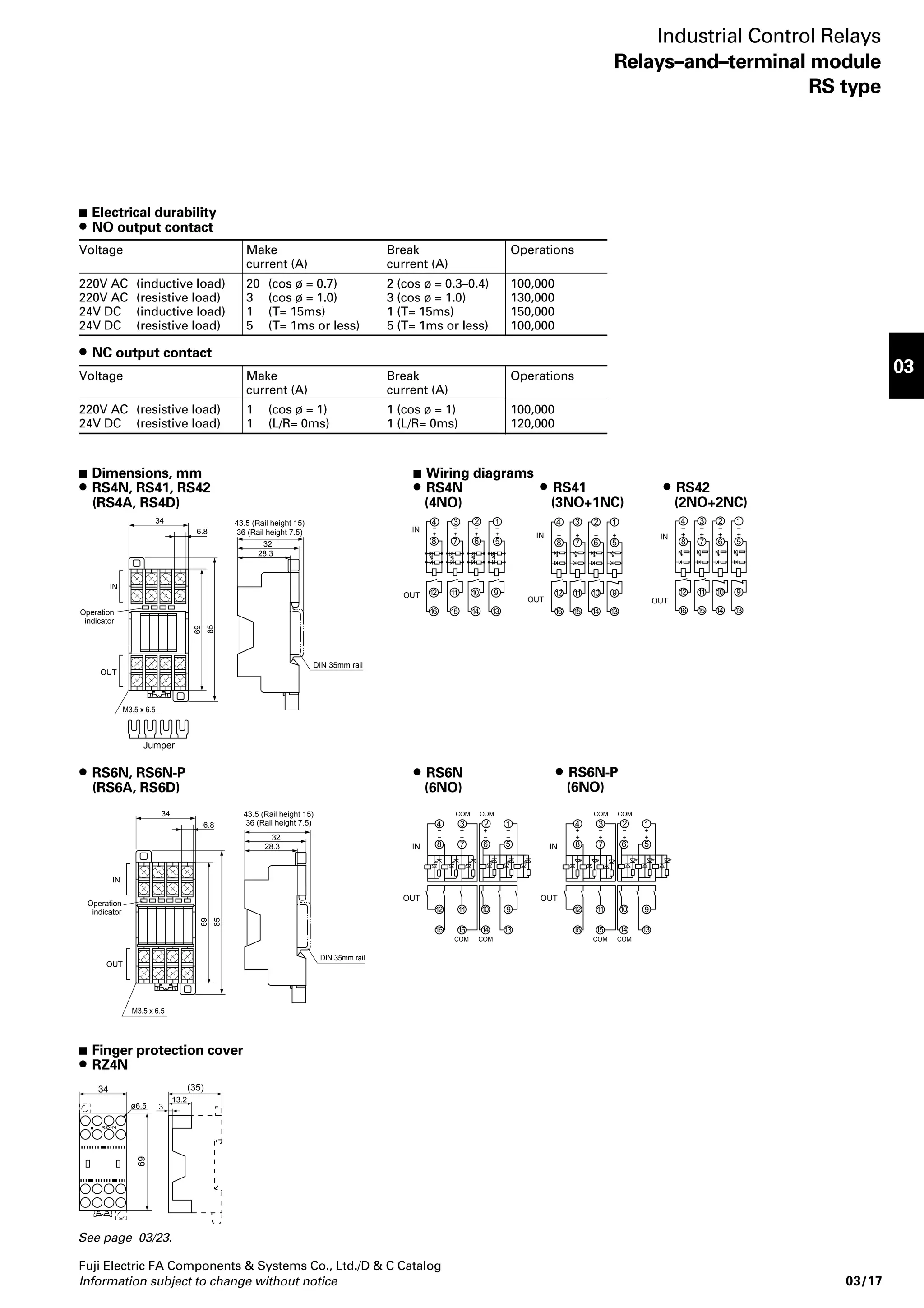 AF95-244 
SH-4Y 
• Standard 
UL, CSA and TÜV approved 
When one crimp terminal is used (Fig. 2) 
2 
1 
3 
When two crimp terminals are used (Fig. 3) 
Shipping state 
(Fig. 1) 
1 
2 
3 
4 
 Ordering information 
Specify the following 
 Dimensions, mm 1. Ordering code 
SH-4Y (4-pole) SH-4Y (8-pole) 
Panel drilling Panel drilling 
90 (Mounting rail heignt: 15) 
80 28 
61 
8.5 
Terminal M3.5 
M3.5 
Aux. contact block 
43 
Coil terminal 
7.7 10 
43 
23 
81 1 
14.5 1 
18.5 
48 30 
(20.5) 
20.5 
34 
35 
60 
52 
118 (Mounting rail heignt: 15) 
108 
91 
61 
8.5 
Mass: 0.32kg Mass: 0.36kg 
43 
Coil terminal 
Terminal M3.5 
M3.5 
7.7 10 
29 
81 1 
23 
43 
14.5 1 
(20.5) 
18.5 
20.5 
34 
30 
35 
60 
48 
52 
Notes on panel drilling 
• Use the two mounting holes on a diagonal line to mount a relay. 
• Mounting holes indicated by ➀ and ➁ are compatible with those of SRC type. 
• Mounting holes indicated by ➂ conform to IEC Standards. 
Fuji Electric FA Components  Systems Co., Ltd./D  C Catalog 
Industrial Relays 
SH series 
With quick terminals 
Industrial relays with newly developed quick 
terminals 
 Description 
The product and terminal structure comply with 
international safety standards. 
It complies with VGB4, DIN57106, and VDE0106 Teil 100 
which are recommendation for preventing the exposure of 
charging current part. 
Components such fork crimp terminals, and ring crimp 
terminals are inserted and secured by tightening the 
terminal screw. See Figures 1 to 3. 
 Features 
• Easy wiring 
Wiring time is at least 50% shorter than the conventional 
screw type terminal. 
• Safety 
The finger protection feature protects the charging 
current part during maintenance and check (complying 
with EN60947-4-1, and IEC60947-4-1) 
 Types and ordering codes 
Type Ordering code Pole Contact 
arrangement 
Rated thermal 
current (A) 
SH-4Y SH04ZA- 40 
SH04ZA- 31 
SH04ZA- 22 
SH04ZA- 80 
SH04ZA- 71 
SH04ZA- 62 
SH04ZA- 53 
SH04ZA- 44 
4 
4 
4 
8* 
8* 
8* 
8* 
8* 
4NO 
3NO+1NC 
2NO+2NC 
8NO 
7NO+1NC 
6NO+2NC 
5NO+3NC 
4NO+4NC 
10 
10 
10 
10 
10 
10 
10 
10 
Note: * 8-pole type SH-4Y is combination of 4-pole type SH-4Y and 4-pole 
auxiliary contact block SZ-A 
* Enter the coil voltage code in the  mark. 
 Contact arrangement 
Same as standard type. 
See page 03/5. 
03/14 Information subject to change without notice 
 