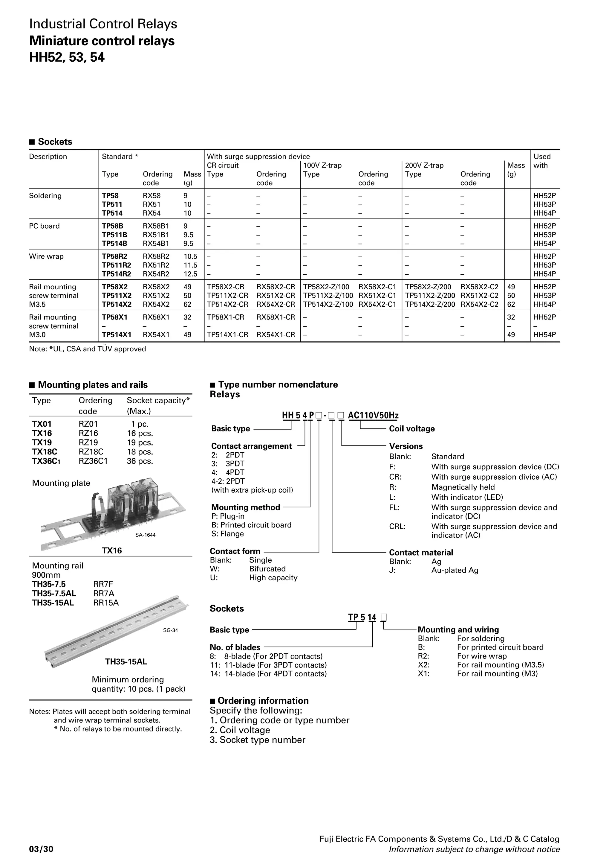 to 16-pole models allowing signifi-cant 
space savings within the panel. 
• Both surface mounting and DIN 
rail mounting are possible 
• Provided with operation indicators 
• Easy relay maintenance with 
special socket (type TP04) 
• RZ4N finger protector also avail-able. 
(Sold separately.) 
 Types 
Type (Ordering code) Replace the mark by the rated voltage (code) Output 
RS4A- 5V DC: DY, 12V DC: DB SSR (AC output) 
RS4D- 24V DC: DE SSR (DC output) 
RS6A- SSR (AC output) 
RS6D- SSR (DC output) 
RS16A- SSR (AC output) 
RS16D- SSR (DC output) 
Industrial Control Relays 
Relays–and–terminal module 
RS type 
Relays and 
terminal 
 Ordering information 
Specify the following: 
1. Type number 
 Specifications 
Type RS4A, RS6A RS16A RS4D, RS6D RS16D 
DC input-AC output DC input-DC output 
Main Rated insulation voltage 250V 250V 
circuit Rated voltage Vn 100–240V AC 24V DC 
(output) 
Operating voltage range 70–250V AC 16.8–26.4V DC 
Rated frequency 50/60Hz - 
Rated thermal current 0.3A 0.15A 0.3A 0.15A 
Leakage current at OFF state (max) 1mA or less 0.1mA or less 
Minimum load current 20mA 1mA 
Voltage drop at ON state (max) 1.6V or less 1V or less 
Zero-cross function – – 
Surge-on current 15A (20ms, 1 shot) 3A (10ms, 1 shot) 
Control Isolation method Phototriac Photocoupler 
circuit Rated voltage Vn 5V DC 12V DC 24V DC 5V DC 12V DC 24V DC 
(input) 
Operating voltage range 3.5–5.5V DC 8.4–13.2V DC 16.8–26.4V DC 3.5–5.5V DC 8.4–13.2V DC 16.8–26.4V DC 
Pick-up voltage 70%Vn or less 70%Vn or less 
Drop-out voltage 10%Vn or more 10%Vn or more 
Input impedance Approx.390Ω Approx.1kΩ Approx.2.7kΩ Approx.390Ω Approx.1kΩ Approx.2.7kΩ 
General Ambient temperature (operate) -25 – +55°C (no icing) -25 – +55°C (no icing) 
specification Ambient temperature (storage) -25 – +80°C (no condensation) -25 – +80°C (no condensation) 
Relative humidity 35 – 85%RH 35 – 85%RH 
Dielectric strength Between input and output terminals 2000V AC 1 min. Between input and output terminals 2000V AC 1 min. 
Insulation resistance Over 100MΩ at 500V DC megger Over 100MΩ at 500V DC megger 
Operating time 1ms or less 1ms or less 
Release time 1/2 cycle +1ms or less 1ms or less 
Vibration resistance 1mm 1mm 
10 – 55Hz, 1.5mm double 
amplitude 
10 – 55Hz, 1.5mm double 
amplitude 
Shock resistance 100m/s2 100m/s2 
Mass Approx. 64g Approx. 200g Approx. 64g Approx. 200g 
Fuji Electric FA Components  Systems Co., Ltd./D  C Catalog 
Relays-and-terminal module with 
SSR output 
 Features 
• SSR output (AC and DC) 
Provided with a miniature SSR with 
the same dimensions as the RB-series 
miniature card relay resulting 
in a longer service life and making it 
ideal for highly frequent switching. 
• Slim 34-mm body 
Slim 34-mm design for all models up 
 Type number nomenclature 
RS 4 A - DE 
Rated voltage 
DY: 5V DC 
DB: 12V DC 
DE: 24V DC 
Output 
A: SSR (AC output) 
D: SSR (DC output) 
No. of poles 
4: 4-pole 
6: 6-pole 
16: 16-pole 
03/22 Information subject to change without notice 
 