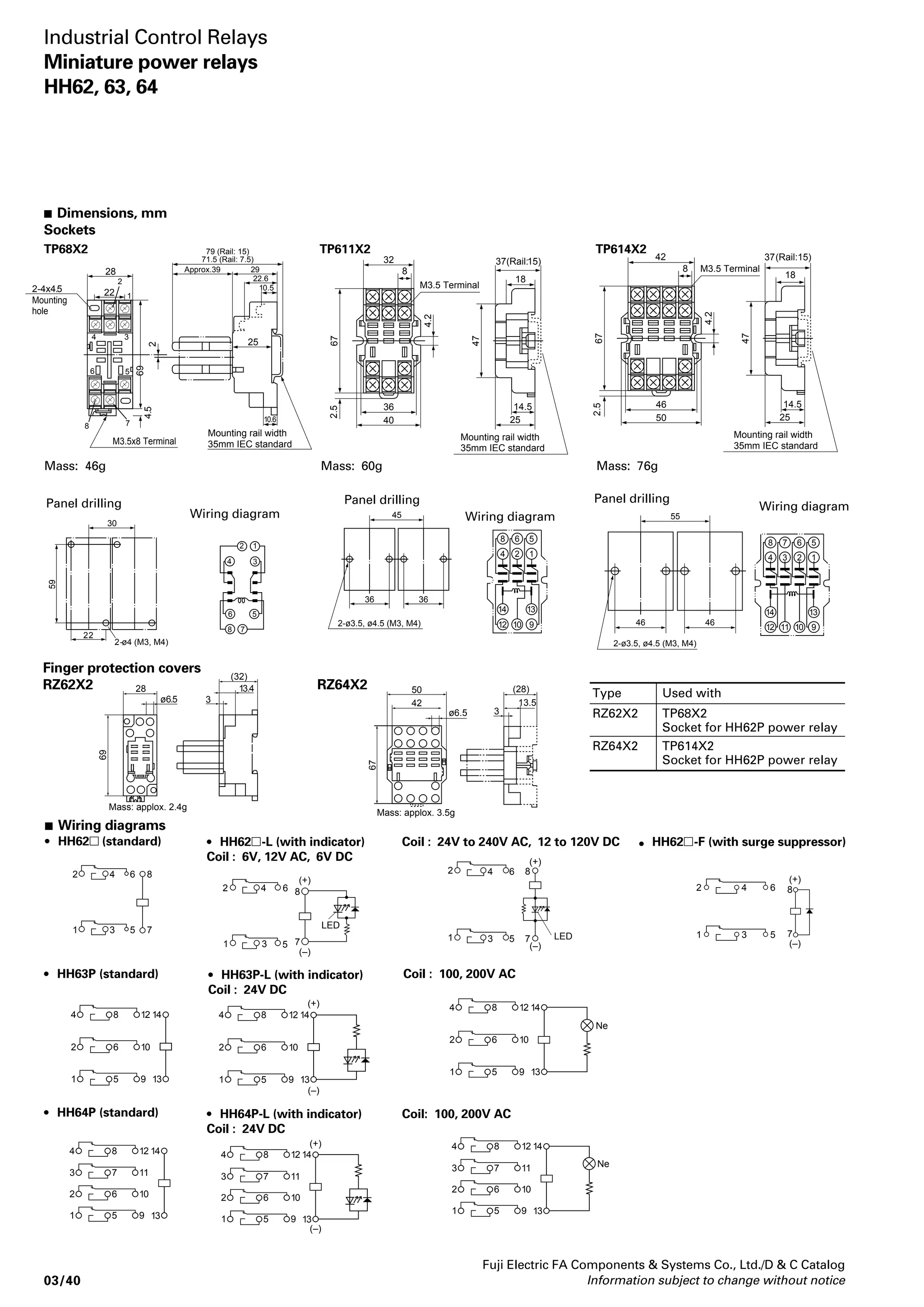 Contacts 
Miniature relays can be supplied with 
contacts that meet most electrical and 
mechanical contact requirements. The 
standard HH52, 53 and 54 series are of 
the single contact type as illustrated. 
The HH52W (2PDT) and HH54W (4PDT) 
relays are supplied with bifurcated 
contacts. These bifurcated contacts are 
with good conducting characteristics 
and are recommended where limited 
control power is available. 
The dielectric strength is 1000 volts rms 
50/60Hz (between open contacts) which 
makes them more than adequate for 
power circuit use. 
 