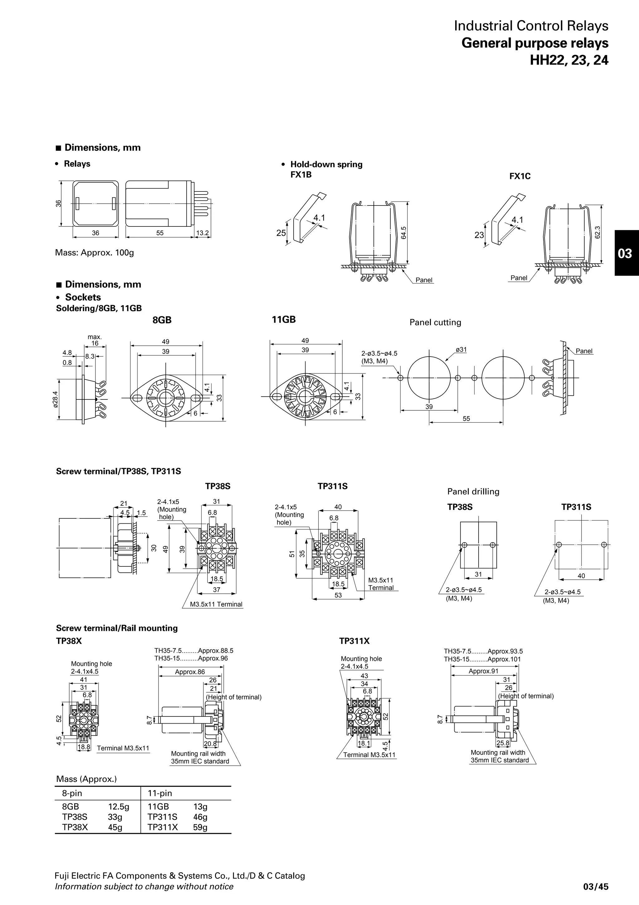 Fuji Electric FA Components  Systems Co., Ltd./D  C Catalog 
Information subject to change without notice 03/27 
03 
➄➅ Mounting and wiring 
Code Description 
➄ ➅ 
Blank Soldering 
B 1 PC board 
R 2 Wire wrap 
Surface mounting screw terminal 
(M3.5) 
S 0 For HH22, 23, 24 
Rail mounting screw terminal 
(M3.5) 
X 0 For HH22, 23, 24 
X 2 For HH52, 53, 54, HH62, 63, 64 
Rail mounting screw terminal 
(M3) 
X 1 For HH52, 53, 54 
 Ordering code system 
 Relay 
R M 2C P W R F-AH 
➀ ➁ ➂➃ ➄ ➅ ➆ ➇ ➈➉ 
Industrial Control Relays 
Ordering code system 
HH52, 53, 54 type 
➀ Product category 
Code Description 
R Control relay 
➁ Series category 
Code Description 
M Miniature control relay 
(HH52 to HH54) 
P Miniature power relay 
(HH62 to HH64) 
C General purpose relay 
(HH22 to HH24) 
➂➃ Contact arrangement 
Code Contact 
➂ ➃ arrangement 
2 C 2PDT 
3 C 3PDT 
4 C 4PDT 
3 M 1NO+1NC+SPDT 
4 M 2NO+1NC+SPDT 
4 2 2PDT with extra pick-up coil 
➄ Mounting 
Code Mounting 
P Plug-in mounting 
B PC board mounting 
S Flange mounting 
➅ Contact form 
Code Form 
Blank Single 
W Bifurcated 
U High capacity (HH52, 54) 
J Single (Au-plated) 
➆ Version 
Code Description 
Blank Standard 
R Magnetically held 
➇ Accessory 
Code Description 
Blank Not provided 
F With surge suppression diode (DC) 
G With LED indicator and surge 
suppression diode (DC) 
L With LED indicator 
C With surge suppression (CR) 
A With LED indicator and surge 
suppression CR (AC) 
➈➉ Operating coil 
Code Coil voltage 
➈ ➉ 
A A 6V AC 50/60Hz 
A B 12V AC 50/60Hz 
A E 24V AC 50/60Hz 
A F 48V AC 50/60Hz 
A 1 100–110V AC 50/60Hz 
A H 110–120V AC 50/60Hz 
A 2 200–220V AC 50/60Hz 
A M 220–240V AC 50/60Hz 
D A 6V DC 
D B 12V DC 
D E 24V DC 
D F 48V DC 
D 1 100–110V DC 
 Socket 
R X 58 X2-CR ZT 
➀➁ ➂➃ ➄➅ ➆➇ ➈➉ 
➀ Product category 
Code Description 
R Control relay 
➁ Series category 
Code Description 
X Socket 
➂➃ Application 
Code Type 
➂ ➃ 
5 8 TP58 (For HH52P) 
5 1 TP511 (For HH53P) 
5 4 TP514 (For HH54P) 
6 8 TP68 (For HH62P) 
6 1 TP611 (For HH63P) 
6 4 TP614 (For HH64P) 
8 G 8GB (For HH22P) 
3 8 TP38 (For HH22P) 
1 G 11GB (For HH23P) 
3 1 TP311 (For HH23P) 
➆➇ Socket with surge suppression 
device 
Code Description 
➆ ➇ 
C R Provided with CR circuit 
C 1 Provided with 100V Z-trap (diode) 
C 2 Provided with 200V Z-trap (diode) 
➈➉ Approvals 
Code Standards 
➈ ➉ 
Z U UL 
Z S UL/CSA 
Z T TÜV 
Z L Lloyd 
 