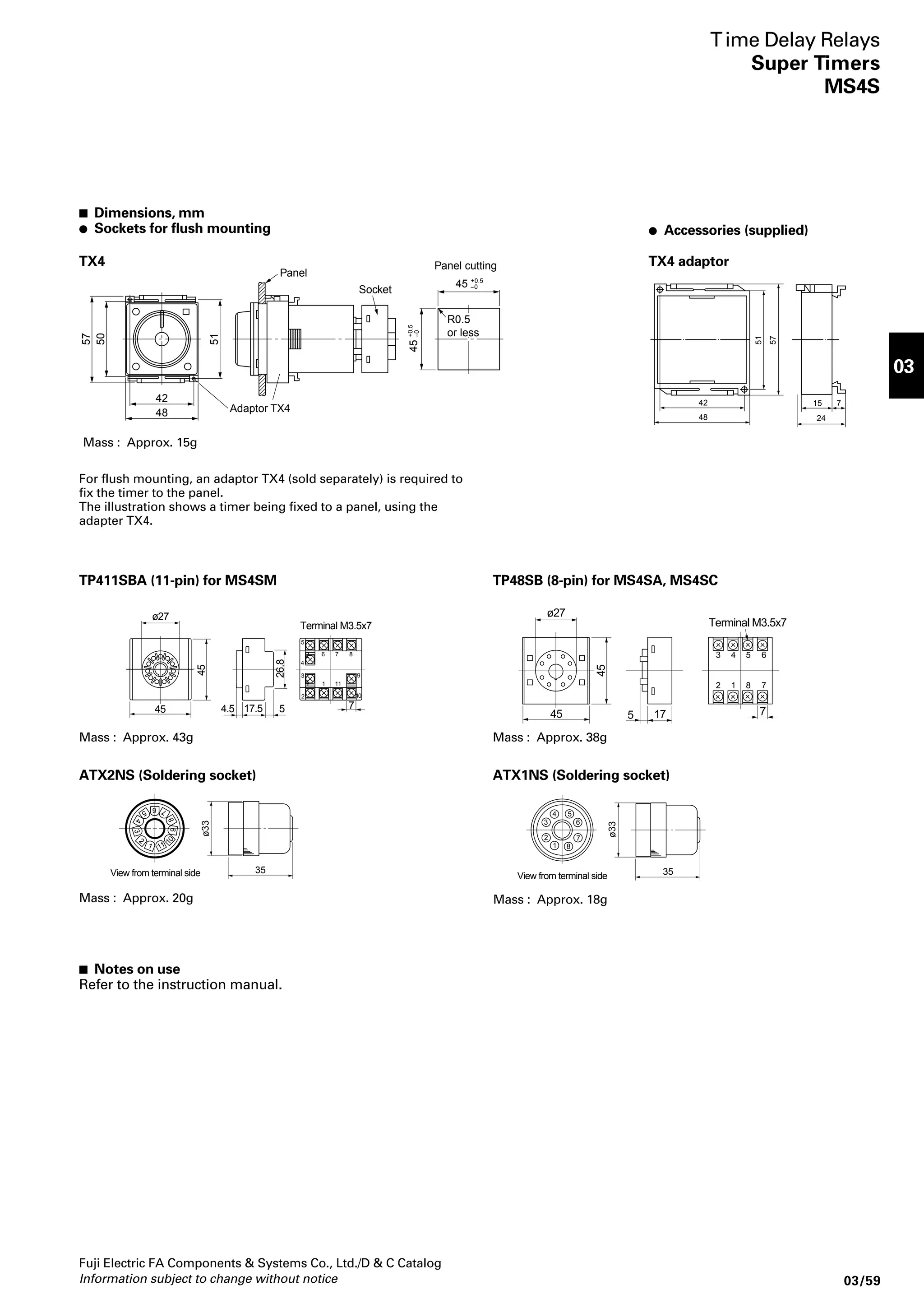 Industrial Control Relays 
General purpose relays 
Surge suppression 
Diode 
Operating status indicator 
Neon 
lamp 
LED 
SF -2016 SF -2017 
(+) (–) 
LED inidcator 
Up to 48V DC 
Coil 
1 8 
(+) (–) 
Neon lamp indicator 
Over 48V AC 
These relays can be supplied with a 
visual operating indicator which 
greatly simplifies troubleshooting in 
all types of electrical control equip-ment. 
AC Coil 
DC 
(–) (+) 
11 
Fuji Electric FA Components  Systems Co., Ltd./D  C Catalog 
Information subject to change without notice 03/41 
03 
H H 2 3 P N - J B L AC110V50Hz 
HH22, 23, 24 
SF 2011 SF 2012 SF 2013 
HH22PN (2PDT) HH23PN (3PDT) HH24PN (SPDT+2NO+1NC) 
with socket 
General purpose relays 
HH22, 23, 24 
 Description 
These high quality general purpose 
relays are suitable for multi-pole 
switching and, although economically 
priced, are dependable and sturdily 
constructed. They are available with 
coil voltages 24–130V DC and 24–240V 
AC with continuous current ratings of 
either 4 or 6 Amps. Standard contact 
buttons are silver. Contact arrange-ments 
are 2PDT, 3PDT and 
SPDT+2NO+1NC. Relays are enclosed 
in a polycarbonate dust cover with 
octal type 8 or 11 pin plugs. 
 Versions 
Dual coil magnetically held 
 Type number nomenclature 
Contact arrangement 
2 : 2PDT 
3 : 3PDT 
4 : SPDT+2NO+1NC 
Mounting method 
P: Plug-in 
Coil voltage 
AC: 24 to 240V AC 
DC: 24 to 130V DC 
Indicators 
Blank : Without indicator 
L : With indicator 
Contact form (neon-lamp or LED) 
N : Single 
W: Bifurcated 
Wiring 
Blank : Wiring A (Standard) 
T : Wiring B 
K : Wiring C 
(See page 03/44.) 
Versions 
B : With arc-barrier 
F : With surge suppression device 
BF : With arc barrier and surge 
suppression device 
R : Magnetically held type 
RB : Magnetically held type 
with arc barrier 
Note: HH24PN type and relays with bifurcated 
contacts cannot be provided with arc barrier. 
 Ordering information 
Specify the following: 
1.Ordering code or type number 
Arc-barrier 
Barrier 
SF -2019 SF -2020 
The HH23PN-B is provided with arc-barriers 
which gives it protection from 
excessive loads. 
It can safely be used on polarized 
circuits and even small motor loads. 
We can supply the relays with surge 
suppression device. 
These relays can be applied for AC 
and DC operation. 
A momentary pulse to one of two coils 
results in the contacts being firmly held 
in one of two positions without further 
flow of current. 
This gives this class of relays a good 
memory stability since it will retain a 
permanent latch position despite a loss 
of power. 
Coil ratings are 24–220V AC and 
24–110V DC. 
Basic type 
Contact 
Blank : Ag (standard) 
J : Au-plated Ag 
1 8 
LED 
Coil 
Neon lamp 
1 8 
Varistor 
1 8 
(+) (–) 
Diode 
Release coil 
1 
(–) (+) 
10 Latch coil 2 
 