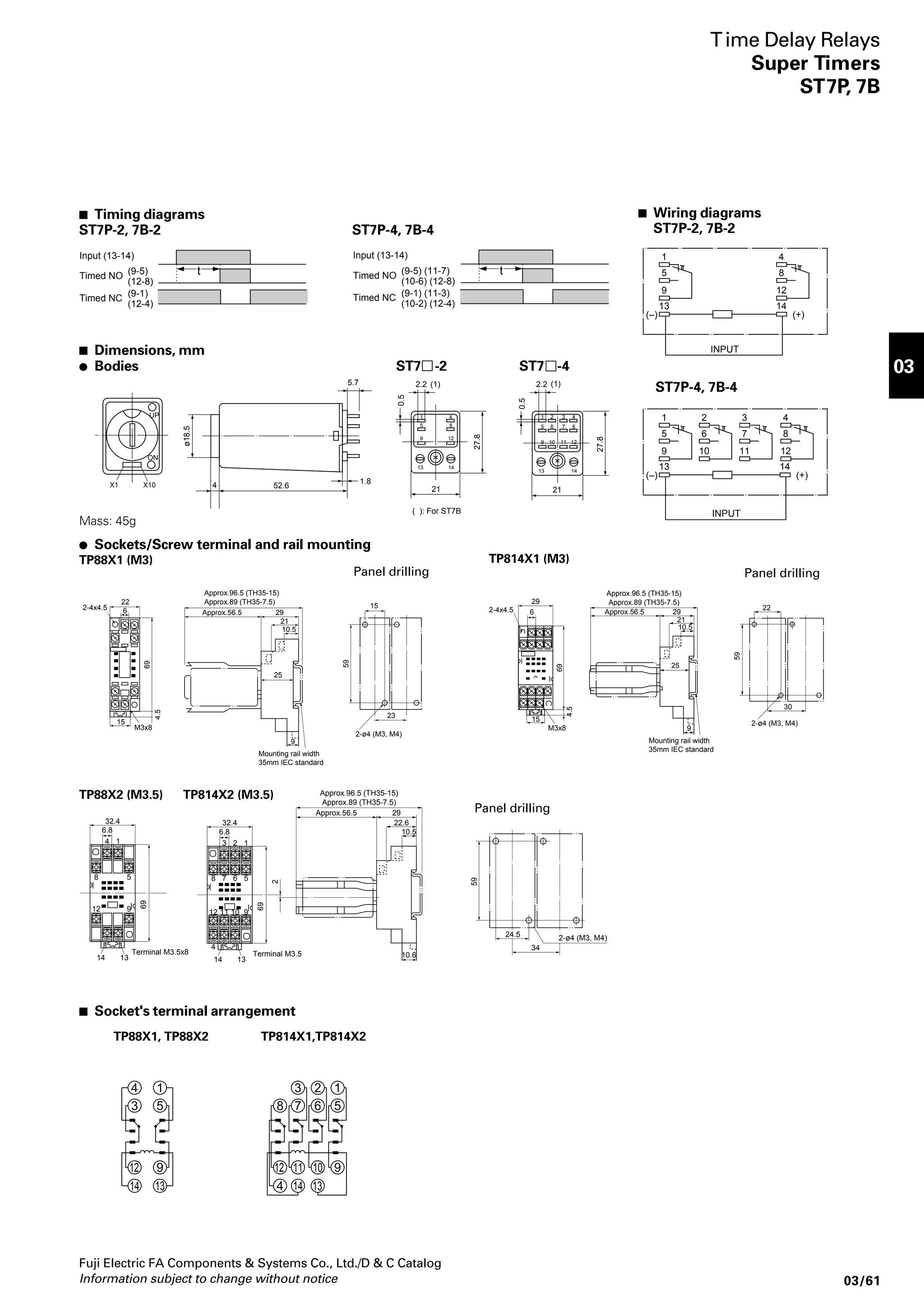 UL and CSA approved 
UL file No. E42419 
CSA file No. LR20479 
Fuji Electric FA Components  Systems Co., Ltd./D  C Catalog 
Information subject to change without notice 03/43 
03 
Type Contact ratings 
Voltage Single–phase Resistive Inductive 
motor (HP) load (A) load (A) 
HH22P -UL 
HH22P -T-UL 
HH23P -UL 
HH23P -T-UL 
HH23P -K-UL 
Industrial Control Relays 
General purpose relays 
HH22, 23, 24 
 Specifications 
Basic type HH22P HH23P HH24P 
Rated thermal current (A) 6 6 4 
Rated insulation voltage 250V 
Pick–up voltage (at 20°C) AC 80% of rated voltage 
DC 75% of rated voltage 
Drop–out voltage (at 20°C) AC 30% of rated voltage 
DC 10% of rated voltage 
Max. power supply voltage AC 110% of rated voltage 
DC 130% of rated voltage 
Operating temperature –20 to +40°C, avoid icing 
Dielectric strength 2000V AC rms.,1minute between coil and contact 
2000V AC rms.,1minute between poles 
1500V AC rms.,1minute between open contacts 
2000V AC rms.,1minute between socket terminals 
Insulation resistance 100MΩ (500V DC megger) 
Operating time 20ms or less 
Vibration Mechanical and malfunction durability: 10 to 55HZ, 0.75mm double amplitude 
Shock Malfunction durability: 60m/s2 
Mechanical durability: 500m/s2 
Durability Mechanical 50 million operations 
Electrical See page 03/42 
Contact resistance 50mΩ max. before use 
Contact material Silver–alloy 
 Coil characteristics 
• AC coil • DC coil 
Rated Coil Rated current Coil Coil Power 
voltage voltage (mA) resistance color consumption (VA) 
code 
(V) 50HZ 60HZ ( Ω ) 50HZ 60HZ 
24 AE 137 125 53 Clear 3.3 3 
48 AF 69 63 230 Clear 
100 A1 33 30 900 Green 
200 A2 16 15 3960 Yellow 
220 AM 15 13 4520 Clear 
Rated Code Rated Coil Coil Power 
voltage voltage current resistance color consumption 
code (W) 
(V) (mA) ( Ω ) 
24 DE 67 360 Reddish brown 1.6 
48 DF 33 1460 Red 
100 D1 16 6260 Blue 
110 DH 16 7570 Clear 
 Relays 
 Ratings 
2 
– 
3 (15ms) 
0.3 (15ms) 
1/4 
1/2 
– 
– 
6 
6 
6 
0.5 
120V AC 
240V AC 
30V DC 
120V DC 
Note: Other voltages between 24V and 240V AC 
are available. 
Note: Other voltages between 24V and 130V DC 
are available. 
Note: ( ) : Time constant 
Contact Wiring Type Ordering code 
2PDT Single A HH22PN-UL RC2CP-ZU 
C HH22PN-K-UL RC2CPK-ZU 
Bifurcated A HH22PW-UL RC2CPW-ZU 
C HH22PW-K-UL RC2CPWK-ZU 
3PDT Single A HH23PN-UL RC3CP-ZU 
Single B HH23PN-T-UL RC3CPT-ZU 
Single C HH23PN-K-UL RC3CPK-ZU 
Bifurcated A HH23PW-UL RC3CPW-ZU 
Bifurcated B HH23PW-T-UL RC3CPWT-ZU 
Bifurcated C HH23PW-K-UL RC3CPWK-ZU 
Note: Enter the coil voltage code in the  mark. 
 Socket 
Type Ordering Used 
code with 
8GB-UL RX8G-ZU HH22P 
Type Ordering Used 
code with 
11GB-UL RX1G-ZU HH23P 
 