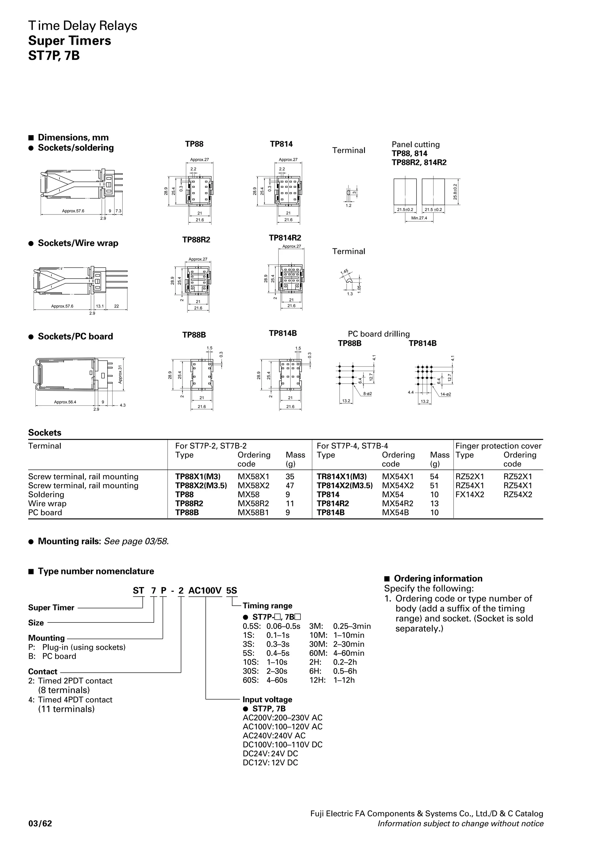 Industrial Control Relays 
General purpose relays 
HH22, 23, 24 
 Lloyd approved 
Type Ordering Voltage Contact Continuous Approved No. 
code Arrangement Form current (A) 
HH22PN RX2CP-ZL 6 to 220V AC 2PDT Single 6 YKA052811 
HH23PN RX3CP-ZL 50/60HZ 3PDT 
HH24PN RX4MP-ZL 6 to 110V DC 2NO+1NC+SPDT 4 
HH22PN–T RX2CPT-ZL 2PDT 6 
HH23PN–T RX3CPT-ZL 3PDT 
HH22PW RX2CPW-ZL 2PDT Bifurcated 6 
HH23PW RX3CPW-ZL 3PDT 
HH24PW RX4MPW-ZL 2NO+1NC+SPDT 4 
HH22PW–T RX2CPWT-ZL 2PDT 6 
HH23PW–T RX3CPWT-ZL 3PDT 
Note: Enter the coil voltage code in the  mark. 
Wiring B Wiring C 
HH22PN–T 
HH23PN–T 
HH22PW–T 
HH23PW–T 
5 6 7 
1 
8 
9 
10 
4 
3 
2 
5 
11 1 
HH23PN–L 
HH23PW–L 
HH23PN–TL 
HH23PW–TL 
100, 200V 
HH23PN–K 
HH23PW–K 
4 5 
3 6 
2 7 
1 8 
4 
2 
3 
6 7 
8 
9 
10 
11 
24, 48V* 24, 48V* 24, 48V* 
8 
9 
10 
1 11 1 11 
(+) (–) 
5 6 7 
1 
4 
2 
3 
8 
9 
10 
4 
(–) 2 
(+) 
3 
5 6 7 
11 1 
8 
9 
10 
11 
Ne 
*Be careful that DC coil terminals have polarity 
100, 200V 
5 
6 
7 
8 
4 
9 
3 
10 2 
5 
6 
7 
Ne 
 With surge suppression device (AC coil) 
HH22PN–F 
HH22PW–F 
HH22PN–TF 
HH22PW–TF 
HH23PN–TF 
HH23PW–TF 
HH23PN–F 
HH23PW–F 
4 5 
3 6 
2 7 
1 11 (–) 11 (+) 1 8 
4 5 
3 6 
2 7 
1 8 
5 6 7 
1 
4 
3 
2 
8 
9 
10 
4 
3 
2 
5 6 7 
11 1 
8 
9 
10 
11 
Fuji Electric FA Components  Systems Co., Ltd./D  C Catalog 
 Internal wirings 
HH24PN 
HH24PW 
4 5 
3 6 
2 7 
1 8 
HH22PN–L 
HH22PW–L 
100, 200V 
6 
7 
8 
9 
10 
1 11 1 11 
HH22PN–TL 
HH22PW–TL 
100, 200V 
4 
2 
3 
5 
6 
7 
4 
8 
9 
3 
10 2 
5 
4 5 
3 6 
2 7 
1 8 
4 5 
3 6 
2 7 
1 8 
(+) (–) 
Ne 
4 5 
3 6 
2 7 
1 8 
Ne 
 With surge suppression device (DC coil) 
HH22PN–F 
HH23PN–F 
HH22PW–F 
HH23PW–F 
4 5 
3 6 
(–) (+) 
2 7 
1 8 
HH23PN–TF 
HH23PW–TF 
 Standard 
Wiring A 
HH23PN 
HH23PW 
HH22PN 
HH22PW 
 With operation indicator 
24, 48V* 
HH22PN–TF 
HH22PW–TF 
4 
2 
3 
4 5 
3 6 
2 7 
1 8 
(+) (–) 
4 5 
3 6 
2 7 
(–) (+) 
1 8 
3 
4 
2 
5 6 
7 
8 
9 
10 
(+) (–) 
5 6 7 
1 
4 
3 
2 
8 
9 
10 
03/44 Information subject to change without notice 
 