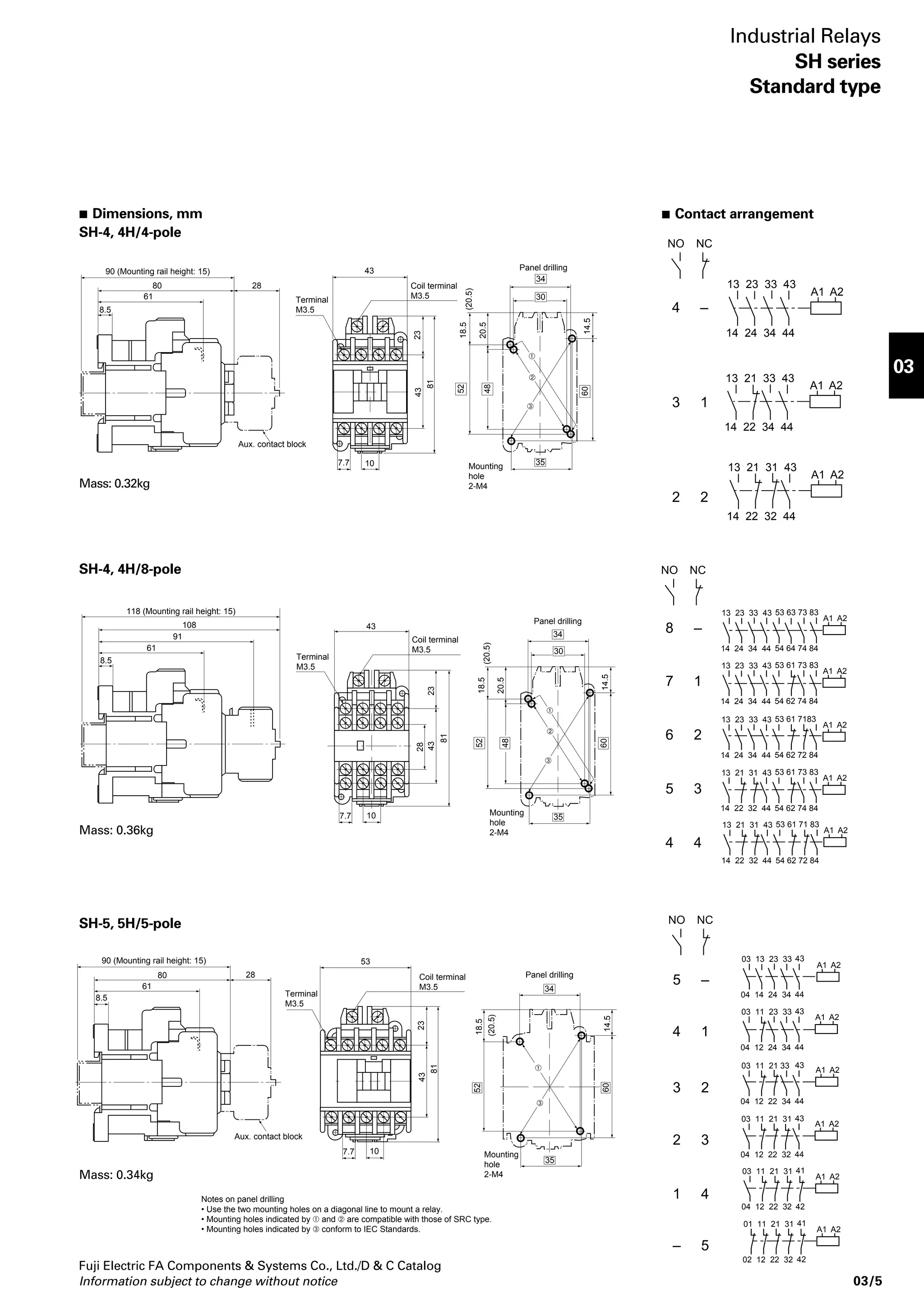 Pick-up voltage (V) Drop-out voltage (V) Watt loss (W) 
220V 
60Hz 
116–136 
116–136 
116–136 
200V 
50Hz 
70–98 
70–98 
70–98 
220V 
60Hz 
80–110 
80–110 
80–110 
220V 
60Hz 
2.8 
2.8 
2.8 
200V 
50Hz 
2.7 
2.7 
2.7 
Pick-up time(ms.) Drop-out time(ms.) 
NO contact 
ON 
9–20 
9–20 
9–20 
NC contact 
OFF 
5–15 
5–15 
5–15 
NO contact 
OFF 
5–15 
5–15 
5–15 
NC contact 
ON 
9–20 
9–20 
9–20 
Operating cycles 
per hour 
1800 
1800 
1800 
Voltage 
220V/440V 
220V/440V 
220V/440V 
Life expectancy(operations) 
Electrical 
500,000 
500,000 
500,000 
Mechanical 
10 million 
10 million 
10 million 
 Combination of industrial relay and auxiliary contact block 
The standard type industrial relays can be used according to the combination with the auxiliary contact blocks shown 
below. 
SZ-AS1 
1NO+1NC 
5NO+1NC 
4NO+2NC 
3NO+3NC 
––––– 
6NO+1NC 
5NO+2NC 
4NO+3NC 
3NO+4NC 
–– 
Side mounting 
SZ-AS1x2 
2NO+2NC 
6NO+2NC 
5NO+3NC 
4NO+4NC 
––––– 
7NO+2NC 
6NO+3NC 
5NO+4NC 
––– 
SZ-A02 
2NC 
4NO+2NC 
3NO+3NC 
2NO+4NC 
––––– 
5NO+2NC 
4NO+3NC 
3NO+4NC 
––– 
SZ-A11 
1NO+1NC 
5NO+1NC 
4NO+2NC 
3NO+3NC 
––––– 
6NO+1NC 
5NO+2NC 
4NO+3NC 
3NO+4NC 
–– 
SZ-A20 
2NO 
6NO 
5NO+1NC 
4NO+2NC 
7NO 
6NO+1NC 
5NO+2NC 
4NO+3NC 
3NO+4NC 
2NO+5NC 
Notes: 
• Both front mounting and side mounting auxiliary contact blocks cannot 
be mounted on a relay at a time. 
• Any auxiliary contact blocks cannot be mounted on 8-pole type SH-4 
and SH-4H relays. 
• Side mounting contact blocks (SZ-AS1), with bifurcated contacts, can 
be mounted on SH-4H and SH-5H. 
 Ordering information 
Specify the following: 
1. Ordering code 
Fuji Electric FA Components  Systems Co., Ltd./D  C Catalog 
Industrial Relays 
SH series 
Standard type 
 Coil characteristics 
Type 
SH-4, 4H 
SH-4, 4H 
SH-5, 5H 
Pole 
485 
Power consumption 
Inrush (VA) 
95 
95 
95 
Sealed (VA) 
999 
200V 
50Hz 
105–125 
105–125 
105–125 
Note: Coil rating 200V 50Hz/200–220V 60Hz 
 Operating characteristics 
Type 
SH-4, 4H 
SH-4, 4H 
SH-5, 5H 
Contact 
arrangement 
2NO+2NC 
4NO+4NC 
3NO+2NC 
Pole 
485 
Voltage 
(V) 
200 
200 
200 
Frequency 
(Hz) 
50 
50 
50 
Note: Coil rating 200V 50Hz/200–220V 60Hz 
 Performance data (AC-15) 
Type 
SH-4, 4H 
SH-4, 4H 
SH-5, 5H 
Pole 
485 
Making current 
10 le 
10 le 
10 le 
Breaking current 
1 le 
1 le 
1 le 
Note: le: Rated operational current (A) 
Add-on auxiliary contact block 
Front mounting 
SZ-A40 
4NO 
8NO 
7NO+1NC 
6NO+2NC 
––––– 
9NO 
8NO+1NC 
7NO+2NC 
6NO+3NC 
5NO+4NC 
4NO+5NC 
Industrial relay 
Bifurcated contacts 
Type 
SH-4 
SH-5 
Contact 
arrangement 
4NO 
3NO+1NC 
2NO+2NC 
8NO 
7NO+1NC 
6NO+2NC 
5NO+3NC 
4NO+4NC 
5NO 
4NO+1NC 
3NO+2NC 
2NO+3NC 
1NO+4NC 
5NC 
SZ-A31 
3NO+1NC 
7NO+1NC 
6NO+2NC 
5NO+3NC 
––––– 
8NO+1NC 
7NO+2NC 
6NO+3NC 
5NO+4NC 
–– 
SZ-A22 
2NO+2NC 
6NO+2NC 
5NO+3NC 
4NO+4NC 
––––– 
7NO+2NC 
6NO+3NC 
5NO+4NC 
––– 
––––– 
Industrial relay 
Single contact 
Contact 
arrangement 
4NO 
3NO+1NC 
2NO+2NC 
5NO 
4NO+1NC 
3NO+2NC 
2NO+3NC 
1NO+4NC 
5NC 
Add-on auxiliary contact block 
Front mounting 
Type 
SH-4H 
SH-5H 
SZ-A22H 
2NO+2NC 
6NO+2NC 
– 
4NO+4NC 
7NO+2NC 
– 
5NO+4NC 
––– 
SZ-A31H 
3NO+1NC 
7NO+1NC 
– 
5NO+3NC 
8NO+1NC 
– 
6NO+3NC 
––– 
SZ-A40H 
4NO 
8NO 
–– 
9NO 
–––– 
4NO+5NC 
03/4 Information subject to change without notice 
 