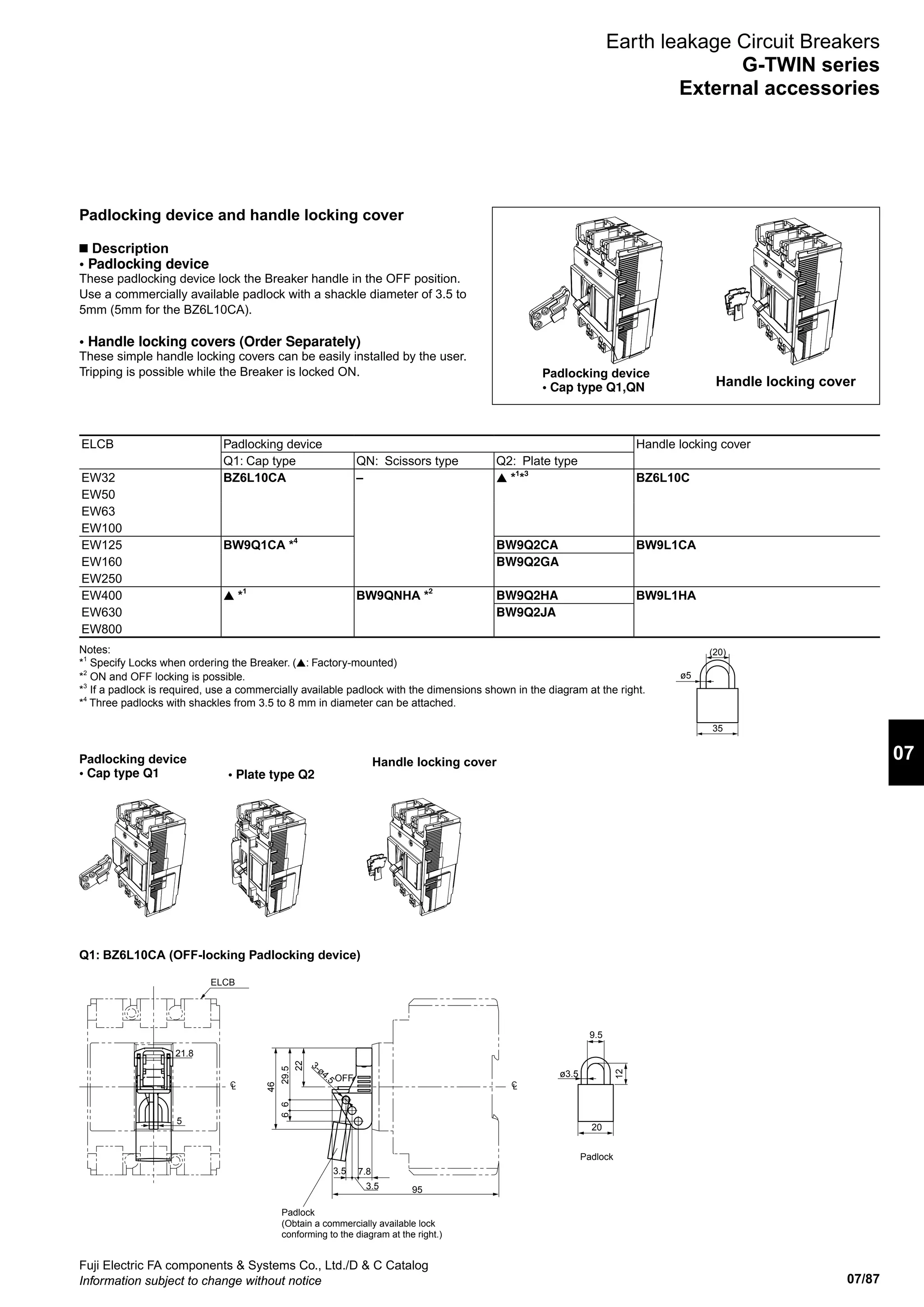 07/87
07
Fuji Electric FA components  Systems Co., Ltd./D  C Catalog
Information subject to change without notice
Padlocking device
• Cap type Q1
Q1: BZ6L10CA (OFF-locking Padlocking device)
Padlocking device
• Cap type Q1,QN
• Plate type Q2
Padlocking device and handle locking cover
n Description
• Padlocking device
These padlocking device lock the Breaker handle in the OFF position.
Use a commercially available padlock with a shackle diameter of 3.5 to
5mm (5mm for the BZ6L10CA).
• Handle locking covers (Order Separately)
These simple handle locking covers can be easily installed by the user.
Tripping is possible while the Breaker is locked ON.
Handle locking cover
Handle locking cover
ELCB Padlocking device Handle locking cover
Q1: Cap type QN: Scissors type Q2: Plate type
EW32 BZ6L10CA – ▲ *1
*3
BZ6L10C
EW50
EW63
EW100
EW125 BW9Q1CA *4
BW9Q2CA BW9L1CA
EW160 BW9Q2GA
EW250
EW400 ▲ *1
BW9QNHA *2
BW9Q2HA BW9L1HA
EW630 BW9Q2JA
EW800
Earth leakage Circuit Breakers
G-TWIN series
External accessories
Notes:
*1
Specify Locks when ordering the Breaker. (▲: Factory-mounted)
*2
ON and OFF locking is possible.
*3
If a padlock is required, use a commercially available padlock with the dimensions shown in the diagram at the right.
*4
Three padlocks with shackles from 3.5 to 8 mm in diameter can be attached.
ø5
35
(20)
9.5
CL CL
20
95
ELCB
21.8
5
3.5 7.8
3.5
ø3.5
12
46
22
OFF
3-ø4.5
29.566
Padlock
Padlock
(Obtain a commercially available lock
conforming to the diagram at the right.)
 