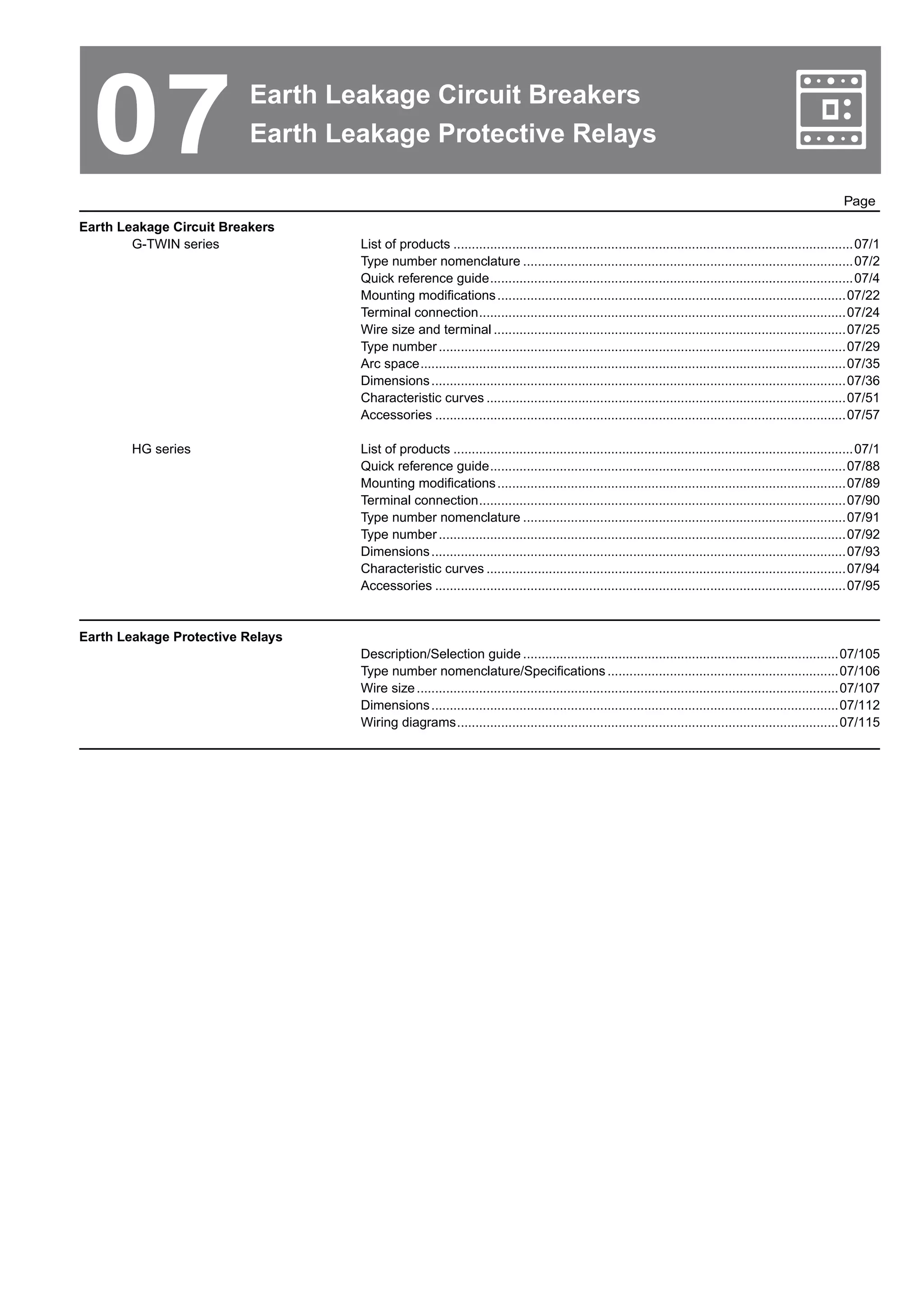 07 Earth Leakage Circuit Breakers
Earth Leakage Protective Relays
Page
Earth Leakage Circuit Breakers
	 G-TWIN series	 List of products..............................................................................................................07/1
		 Type number nomenclature...........................................................................................07/2
		 Quick reference guide....................................................................................................07/4
		 Mounting modifications................................................................................................07/22
		 Terminal connection.....................................................................................................07/24
		 Wire size and terminal.................................................................................................07/25
		 Type number................................................................................................................07/29
		 Arc space.....................................................................................................................07/35
		 Dimensions..................................................................................................................07/36
		 Characteristic curves...................................................................................................07/51
		 Accessories.................................................................................................................07/57
	 HG series	 List of products..............................................................................................................07/1
		 Quick reference guide..................................................................................................07/88
		 Mounting modifications................................................................................................07/89
		 Terminal connection.....................................................................................................07/90
		 Type number nomenclature.........................................................................................07/91
		 Type number................................................................................................................07/92
		 Dimensions..................................................................................................................07/93	
		 Characteristic curves...................................................................................................07/94
		 Accessories.................................................................................................................07/95
		
Earth Leakage Protective Relays
		 Description/Selection guide.......................................................................................07/105
		 Type number nomenclature/Specifications................................................................07/106
		 Wire size....................................................................................................................07/107
		 Dimensions................................................................................................................07/112
		 Wiring diagrams.........................................................................................................07/115
 