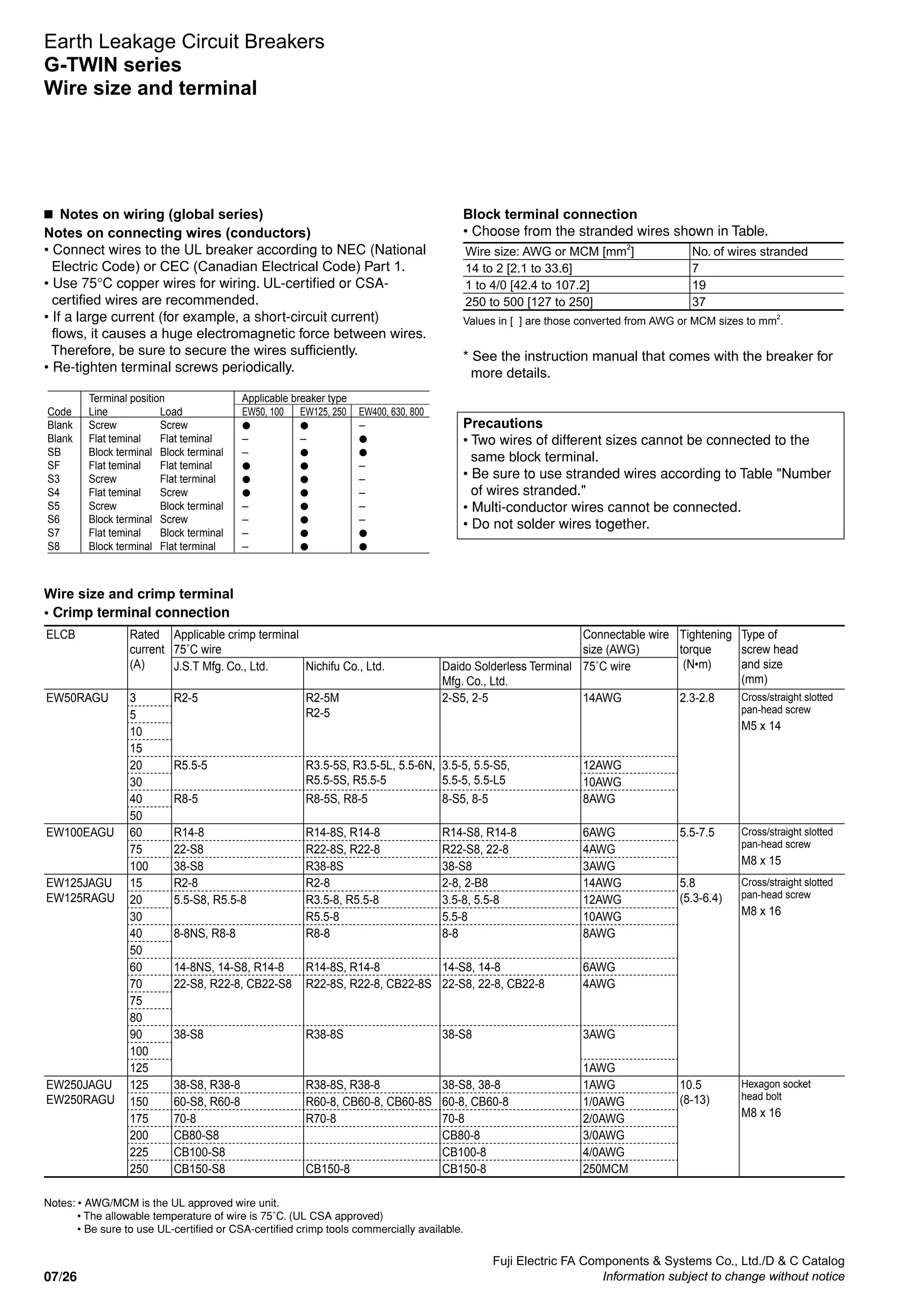 Fuji Electric FA Components  Systems Co., Ltd./D  C Catalog
Information subject to change without notice07/26
Terminal position Applicable breaker type
Code
Blank
Blank
SB
SF
S3
S4
S5
S6
S7
S8
Line
Screw
Flat teminal
Block terminal
Flat teminal
Screw
Flat teminal
Screw
Block terminal
Flat teminal
Block terminal
Load
Screw
Flat teminal
Block terminal
Flat teminal
Flat terminal
Screw
Block terminal
Screw
Block terminal
Flat terminal
EW125, 250
–
EW50, 100
–
–
–
–
–
–
EW400, 630, 800
–
–
–
–
–
–
Earth Leakage Circuit Breakers
G-TWIN series
Wire size and terminal
n  Notes on wiring (global series)
Notes on connecting wires (conductors)
• Connect wires to the UL breaker according to NEC (National
Electric Code) or CEC (Canadian Electrical Code) Part 1.
• Use 75°C copper wires for wiring. UL-certified or CSA-
certified wires are recommended.
• If a large current (for example, a short-circuit current)
flows, it causes a huge electromagnetic force between wires.
Therefore, be sure to secure the wires sufficiently.
• Re-tighten terminal screws periodically.
Block terminal connection
• Choose from the stranded wires shown in Table.
Wire size: AWG or MCM [mm2
] No. of wires stranded
14 to 2 [2.1 to 33.6] 7
1 to 4/0 [42.4 to 107.2] 19
250 to 500 [127 to 250] 37
Values in [ ] are those converted from AWG or MCM sizes to mm2
.
* See the instruction manual that comes with the breaker for
more details.
Precautions
• Two wires of different sizes cannot be connected to the
same block terminal.
• Be sure to use stranded wires according to Table Number
of wires stranded.
• Multi-conductor wires cannot be connected.
• Do not solder wires together.
Wire size and crimp terminal
• Crimp terminal connection
ELCB Rated
current
(A)
Applicable crimp terminal
75˚C wire
Connectable wire
size (AWG)
Tightening
torque
(N•m)
Type of
screw head
and size
(mm)
J.S.T Mfg. Co., Ltd. Nichifu Co., Ltd. Daido Solderless Terminal
Mfg. Co., Ltd.
75˚C wire
EW50RAGU 3 R2-5 R2-5M
R2-5
2-S5, 2-5 14AWG 2.3-2.8 Cross/straight slotted
pan-head screw
M5 x 14
5
10
15
20 R5.5-5 R3.5-5S, R3.5-5L, 5.5-6N,
R5.5-5S, R5.5-5
3.5-5, 5.5-S5,
5.5-5, 5.5-L5
12AWG
30 10AWG
40 R8-5 R8-5S, R8-5 8-S5, 8-5 8AWG
50
EW100EAGU 60 R14-8 R14-8S, R14-8 R14-S8, R14-8 6AWG 5.5-7.5 Cross/straight slotted
pan-head screw
M8 x 15
75 22-S8 R22-8S, R22-8 R22-S8, 22-8 4AWG
100 38-S8 R38-8S 38-S8 3AWG
EW125JAGU
EW125RAGU
15 R2-8 R2-8 2-8, 2-B8 14AWG 5.8
(5.3-6.4)
Cross/straight slotted
pan-head screw
M8 x 16
20 5.5-S8, R5.5-8 R3.5-8, R5.5-8 3.5-8, 5.5-8 12AWG
30 R5.5-8 5.5-8 10AWG
40 8-8NS, R8-8 R8-8 8-8 8AWG
50
60 14-8NS, 14-S8, R14-8 R14-8S, R14-8 14-S8, 14-8 6AWG
70 22-S8, R22-8, CB22-S8 R22-8S, R22-8, CB22-8S 22-S8, 22-8, CB22-8 4AWG
75
80
90 38-S8 R38-8S 38-S8 3AWG
100
125 1AWG
EW250JAGU
EW250RAGU
125 38-S8, R38-8 R38-8S, R38-8 38-S8, 38-8 1AWG 10.5
(8-13)
Hexagon socket
head bolt
M8 x 16
150 60-S8, R60-8 R60-8, CB60-8, CB60-8S 60-8, CB60-8 1/0AWG
175 70-8 R70-8 70-8 2/0AWG
200 CB80-S8 CB80-8 3/0AWG
225 CB100-S8 CB100-8 4/0AWG
250 CB150-S8 CB150-8 CB150-8 250MCM
Notes: • AWG/MCM is the UL approved wire unit.
• The allowable temperature of wire is 75˚C. (UL CSA approved)
• Be sure to use UL-certified or CSA-certified crimp tools commercially available.
 