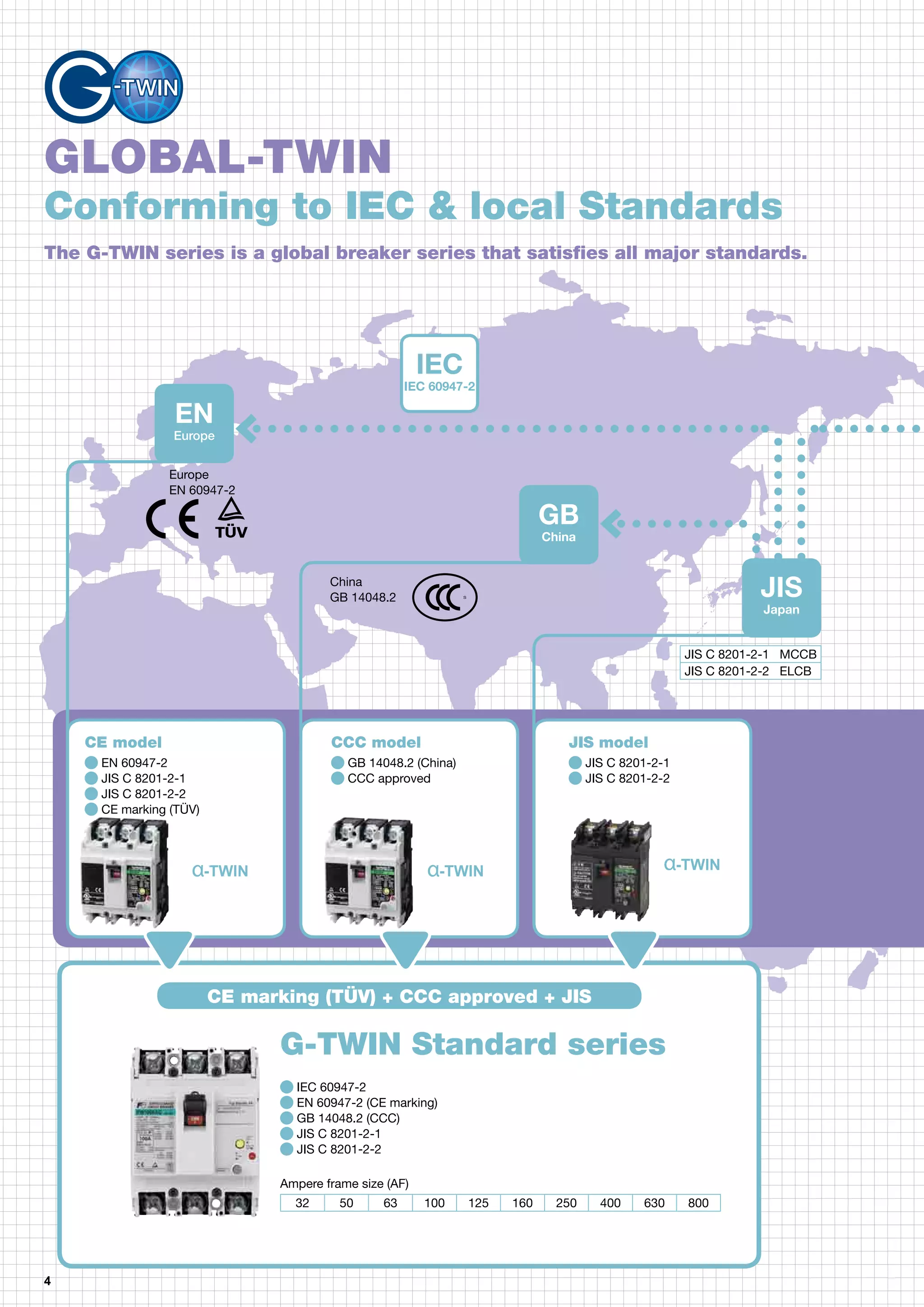 4
GLOBAL-TWIN
Conforming to IEC & local Standards
EN
Europe
Europe
EN 60947-2
China
GB 14048.2
IEC
IEC 60947-2
China
GB
Japan
JIS
G-TWIN Standard series
CE marking (TÜV) + CCC approved + JIS
IEC 60947-2
EN 60947-2 (CE marking)
GB 14048.2 (CCC)
JIS C 8201-2-1
JIS C 8201-2-2
CE model
EN 60947-2
JIS C 8201-2-1
JIS C 8201-2-2
CE marking (TÜV)
CCC model
GB 14048.2 (China)
CCC approved
JIS model
JIS C 8201-2-1
JIS C 8201-2-2
-TWIN -TWIN -TWIN
Ampere frame size (AF)
32 50 63 100 125 160 250 400 630 800
S
JIS C 8201-2-1 MCCB
JIS C 8201-2-2 ELCB
The G-TWIN series is a global breaker series that satisfies all major standards.
 