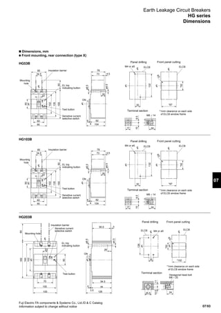 07/93
07
Fuji Electric FA components  Systems Co., Ltd./D  C Catalog
Information subject to change without notice
Earth Leakage Circuit Breakers
HG series
Dimensions
n Dimensions, mm
Front mounting, rear connection (type X)
HG53B
CL
34.5
4
Sensitive current
selective switch
EL trip
indicating button
Test button
Panel drilling
Terminal section
CL
CL CL
132
*52
M4 or ø5
R
2
*87CL
7885
22
90
60
73 4.5
824
26
104
50
102
135
15550
ø8.5
108.5
CL
CL
Mounting
hole
Insulation barrier
ON
30
M8 14
17 24
ø4.5
*1mm clearance on each side
of ELCB window frame
Front panel cutting
ELCBELCB
HG103B
HG203B
CL
34.5
4
Sensitive current
selective switch
EL trip
indicating button
Test button
Panel drilling
Terminal section
CL
CL CL
132
*52
M4 or ø5
R
2
*87CL
7885
22
90
60
73 4.5
824
26
104
50
102
135
15550
ø8.5
108.5
CL
CL
Mounting
hole
Insulation barrier
ON
30
M8 14
17 24
ø4.5
*1mm clearance on each side
of ELCB window frame
Front panel cutting
ELCBELCB
99
ON
Terminal section
1110.5
M8 20
25.5 24
Hexagonal head bolt
CL
22
CL
CL
CL CL
126
*52
Panel drilling Front panel cutting
M4 or ø5
ELCBELCB
*102CL
CL
90.5
126
4
3.5
26
3
70
100
105
ø4.5
50
102
144
16580
ø8.5
Mounting hole
Insulation barrier
35
94.5
R2
Sensitive current
selective switch
EL trip
indicating button
Test button
*1mm clearance on each side
of ELCB window frame
 
