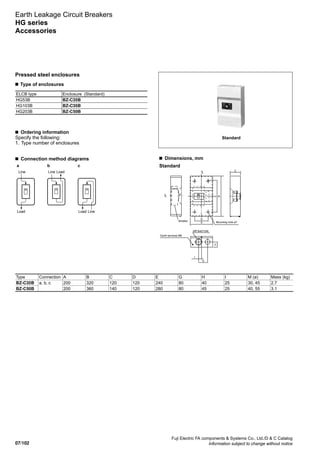 07/102
Fuji Electric FA components  Systems Co., Ltd./D  C Catalog
Information subject to change without notice
Earth Leakage Circuit Breakers
HG series
Accessories
■ Type of enclosures
Pressed steel enclosures
Standard
■  Ordering information
Specify the following:
1.  Type number of enclosures
ELCB type Enclosure (Standard)
HG53B BZ-C35B
HG103B BZ-C35B
HG203B BZ-C50B
CL
CL
Breaker
D
A
C
H
I
G
E
B
Earth terminal M6
øM lead hole
Mounting hole ø7
Standard
■  Dimensions, mm
c da b
Load
Line Line Load
LineLoad
Line
Load
■  Connection method diagrams
Type Connection A B C D E G H I M (ø) Mass (kg)
BZ-C35B a, b, c 200 320 120 120 240 80 40 25 30, 45 2.7
BZ-C50B 200 360 140 120 280 80 45 25 40, 55 3.1
 