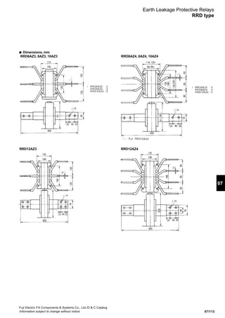 07/113
07
Fuji Electric FA Components  Systems Co., Ltd./D  C Catalog
Information subject to change without notice
RRD12AZ3 RRD12AZ4
■ Dimensions, mm
RRD6AZ3, 8AZ3, 10AZ3
Earth Leakage Protective Relays
RRD type
RRD6AZ4, 8AZ4, 10AZ4
 