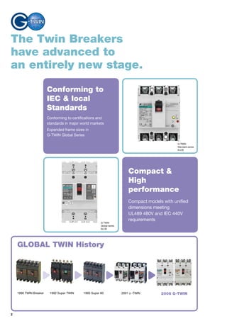 2
G-TWIN
Standard series
ELCB
The Twin Breakers
have advanced to
an entirely new stage.
GLOBAL TWIN History
Conforming to
IEC & local
Standards
Conforming to certifications and
standards in major world markets
Expanded frame sizes in
G-TWIN Global Series
2001 -TWIN 2006 G-TWIN1995 Super 601992 Super TWIN1990 TWIN Breaker
Compact &
High
performance
Compact models with unified
dimensions meeting
UL489 480V and IEC 440V
requirements
G-TWIN
Global series
ELCB
 