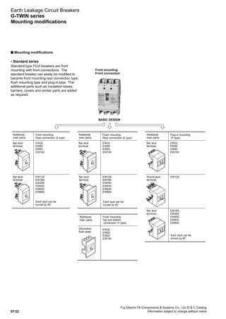 Fuji Electric FA Components  Systems Co., Ltd./D  C Catalog
Information subject to change without notice07/22
Earth Leakage Circuit Breakers
G-TWIN series
Mounting modifications
n Mounting modifications
• Standard series
Standard type FUJI breakers are front
mounting with front connections. The
standard breaker can easily be modified to
become front mounting rear connection type,
flush mounting type and plug-in type. The
additional parts such as insulation bases,
barriers, covers and similar parts are added
as required.
Front mounting
Front connection
Additional
main parts
Bar stud
terminal
Additional
main parts
Bar stud
terminal
Front mounting
Rear connection (X type)
Flush mounting
Rear connection (E type)
Additional
main parts
Plug-in mounting
(P type)
Additional
main parts
Flush mounting
Top and bottom
connection (Y type)
EW32
EW50
EW63
EW100
EW32
EW50
EW63
EW100
Round stud
terminal
EW32
EW50
EW63
EW100
EW125
Each stud can be
turned by 90°
Each stud can be
turned by 90°
Each stud can be
turned by 90°
Bar stud
terminal
Bar stud
terminal
EW125
EW160
EW250
EW400
EW630
EW800
EW125
EW160
EW250
EW400
EW630
EW800
Bar stud
terminal
Bar stud
terminal
EW32
EW50
EW63
EW100
EW160
EW250
EW400
EW630
EW800
Decorative
flush plate
BASIC DESIGN
 