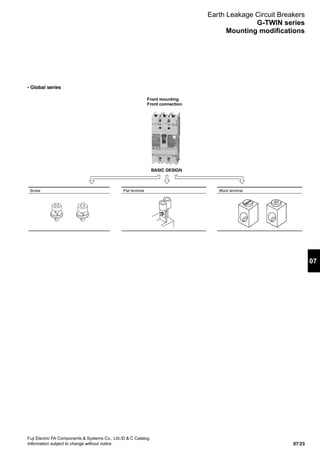 07/23
Fuji Electric FA Components  Systems Co., Ltd./D  C Catalog
Information subject to change without notice
07
• Global series
Screw Flat terminal Block terminal
BASIC DESIGN
Front mounting
Front connection
Earth Leakage Circuit Breakers
G-TWIN series
Mounting modifications
 