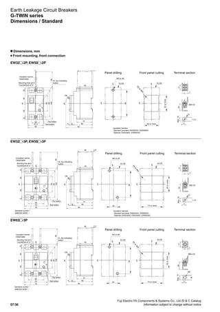 Fuji Electric FA Components  Systems Co., Ltd./D  C Catalog
Information subject to change without notice07/36
Earth Leakage Circuit Breakers
G-TWIN series
Dimensions / Standard
n Dimensions, mm
Front mounting, front connection
EW32 -3P, EW50 -3P
EW32 -2P, EW50 -2P
EW63 -3P
Mounting hole ø4.9
Counterbore ø7.8
Trip button
Test button
EL trip indicating
button
M4 or ø5
R2
orless
52ormore
50 or more
Insulation barrier
Detachable
Panel drilling Front panel cutting Terminal section
50
84
10050
CL
4042
CL
25
47.5
50
108
CL
ON
51
6084
84
43
46 2.5
CL CL
CL CL
84
ELCB ELCB
Max.15
7
t 4
ø5.5
7
17
M5×14
24
Insulation barriers
Standard provided: EW50SAG, EW50RAG
Optional: EW32AAG, EW50EAG
Mounting hole ø4.9
Counterbore ø7.8
Trip button
M4 or ø5
R2
orless
52ormore
74 or more
Insulation barrier
Detachable
Sensitive current
selective switch
Panel drilling Front panel cutting Terminal section
CL
ON
51
6084
84
43
46 2.5
CL
CL
ELCB ELCB
Max.15
7
t 4
ø5.5
7
17
M5×14
24
50
84
100
CL
4042
CL
50
72
75
50
108
CL
CL
84
25
Insulation barriers
Standard provided: EW50SAG, EW50RAG
Optional: EW32AAG, EW32SAG, EW50EAG
Test button
EL trip indicating
button
Trip button
M4 or ø5
R2
orless
52ormore
74 or more
Insulation barrier
Detachable
Panel drilling Front panel cutting Terminal section
CL
ON
51
6084
84
43
46 2.5
CL
CL
ELCB ELCB
50
84
100
CL
4042
CL
50
72
75
50
108
CL
CL
84
25
7
17
Max.15
7
t6
24
M8 x 15
ø9
Sensitive current
selective switch
Test button
EL trip indicating
buttonMounting hole ø4.9
Counterbore ø7.8
 