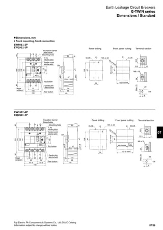 07/39
Fuji Electric FA Components  Systems Co., Ltd./D  C Catalog
Information subject to change without notice
07
Earth Leakage Circuit Breakers
G-TWIN series
Dimensions / Standard
EW160 -3P
EW250 -3P
EW160 -4P
EW250 -4P
n Dimensions, mm
Front mounting, front connection
Mounting hole
Trip button
ø4.5
ø8.2
M4 or ø5
R2 or less
52ormore
102 or more
M8 x 16
ø9
t6
Max.25
Insulation barrier
Detachable
Panel drilling Front panel cutting Terminal section
80
105
100
70
45.5
22
165
144
15
50
102
80
60 4
ON
57
643.5
687
95
ELCB
126
35
ELCB
2425.5
10.5 11
8
LC
LC
LC
LC
LC
LCLC
EL trip
indicating button
Sensitive current
selective switch
Operating time
selective switchMegger
test switch
Test button
Mounting hole
Trip button
ø4.5
ø8.2
M4 or ø5
R2 or less
52ormore
137 or more
86 or more
51 or
more
Insulation barrier
Detachable
Panel drilling Front panel cutting
LC
80
87.5
140
52.5
85 50
35 35 35
45.5
22
165
144
15
50
102
80
ELCB
126
35
LC LC ELCB
M8 x 16
ø9
t6
Max.252425.5
10.5 11
8
Terminal section
LC LCLC
60 4
ON
57
643.5
687
95
LC
EL trip
indicating button
Sensitive current
selective switch
Operating time
selective switchMegger
test switch
Test button
 