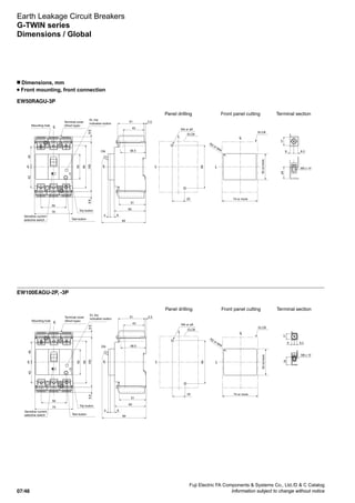 Fuji Electric FA Components  Systems Co., Ltd./D  C Catalog
Information subject to change without notice07/48
Earth Leakage Circuit Breakers
G-TWIN series
Dimensions / Global
n Dimensions, mm
Front mounting, front connection
EW50RAGU-3P
EW100EAGU-2P, -3P
Mounting hole
Terminal cover
(Short type)
EL trip
indication button
Sensitive current
selective switch
Trip button
Test button
Panel drilling Front panel cutting Terminal section
LC
CL
75
50
9.89.8100
84
50
4042
CL
84
4 8
60
51
ON 48.5
2.551
43 M4 or ø5
25
84
LC
LC LC
ELCB
74 or more
52ormore
R2 or less
ELCB
CL
24
8 8.3
M5 x 14
17
Mounting hole
Terminal cover
(Short type)
Trip button
Panel drilling Front panel cutting Terminal section
LC
CL
75
50
9.89.8100
84
50
4042
CL
84
4 8
60
51
ON 48.5
2.551
43 M4 or ø5
25
84
LC
LC LC
ELCB
74 or more
52ormore
R2 or less
ELCB
CL
M8 x 15
8 8.3
2417
EL trip
indication button
Sensitive current
selective switch Test button
 
