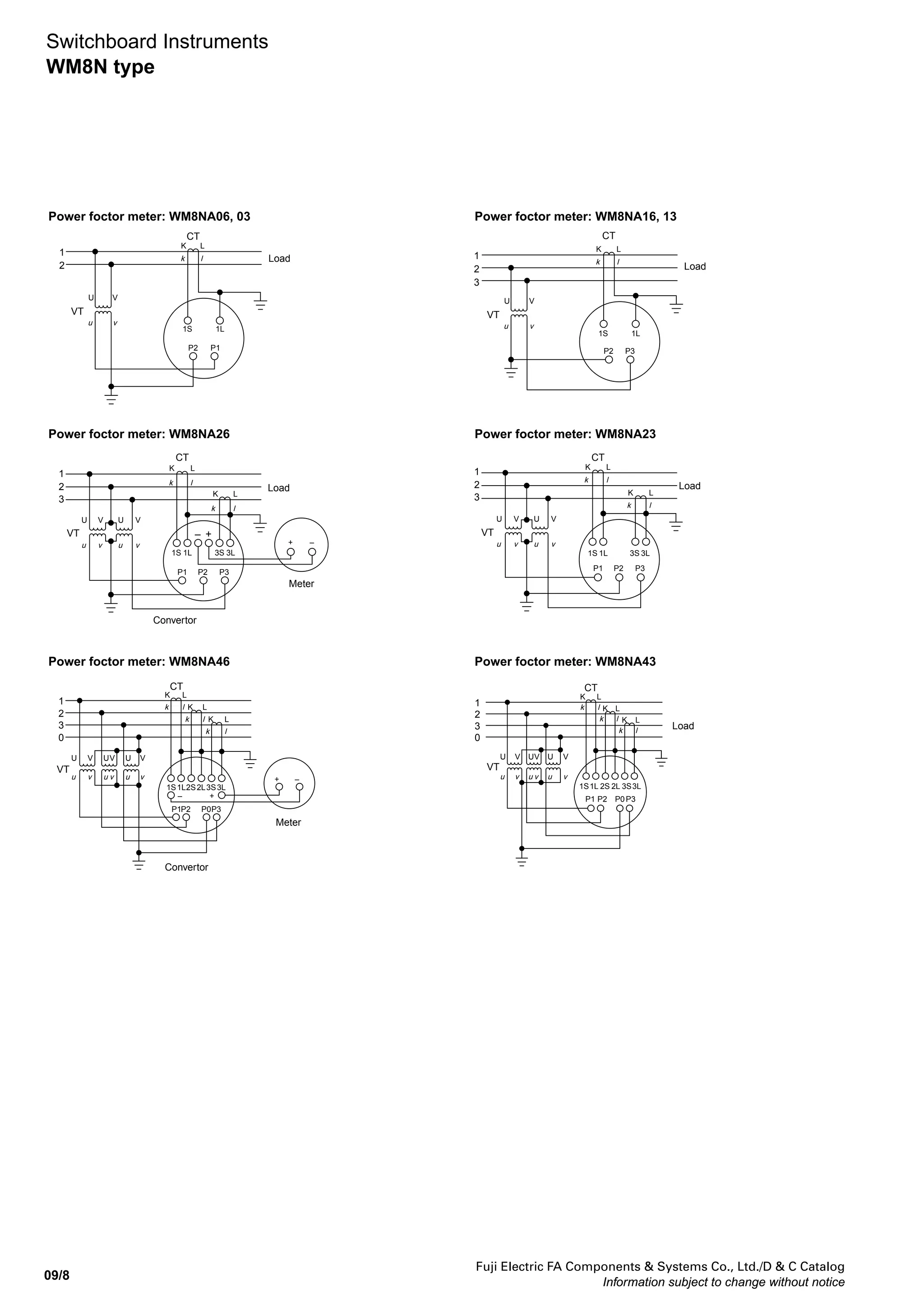 Fuji Electric FA Components & Systems Co., Ltd./D & C Catalog
Information subject to change without notice
09/7
09
Switchboard Instruments
WM8N type
Wattmeter: WM8NC06
Varmerter: WM8NV16
Wattmeter: WM8NC26
Varmerter: WM8NV26
Wattmeter: WM8NC36
Wattmeter: WM8NC03
Varmerter: WM8NV13
Wattmeter: WM8NC13
Wattmeter: WM8NC23
Varmerter: WM8NV23
Wattmeter: WM8NC33
Varmerter: WM8NV36 Wattmeter: WM8NV33
Wattmeter: WM8NC16
Load
Load
Load
Load
Load
Load
1 2
VT
K k
L
U u
V v
CT
Converter
Converter
Converter
Converter
Converter
Load
Load
Load
Load
1S 1L
P1 P2
+ –
1S 1L 3S 3L
P3P2P1
1 2 3
VT
K k
L K k
L
U u
V v
U u
V v
CT
+ −
1 2 3
1 2 3
1 2 3 0
−+
−+
−+
−+
VT
K k
L K k
L
U u
V v
U u
V v
CT
P1 P2 P3
1S 1L 3S 3L
+ −
VT
1L 2S 2L1S
1
2 10 6
3 8 9 5 7
P3P1 P0
3S 3L
K k
L
K k
L
K k
L
U u
V v
U u
V v
1 2 3 0
CT
1S 1L 3S 3L
P3P0P1
2S 2L
K k
L K k
L K k
L
U u
V v
U u
CT
+ −
1 2
5
7
A B C D
8 9
6
3 4
K k
L
K k
L
U u
V v
U u
V v
CT
V1
1S
1 3 5
2 4 6
7
1L 3S 3L
P3P2P1
K k
L
U u
V v
1 2
CT
VT
1S
P1
1 2
3 4
P2
1L
1
1 2
5
7
A B C D
8 9
6
3 4 1 2
5
7
A B C D
8 9
6
3 4
1 2
5
7
A B C D
8 9
6
3 4
1 2 3
K k
L
K k
L
U u
V v
U u
V v
CT
VT
P1 P2 P3
3L3S1L1S
1 3 5 7
642
3
VT
u v
0
U V
uvu v
UVU V
P2P1 P3
+
3S
–
1L1S 2S2L
k
3L
l
1
2 K
CT
k
K
k
l K
l
L
L
L
+ –
0
u
U
VT
u v uv
U V UV
2S
P2
v
P1
1L1S
V
P3
3L2L3S
2
3
1
K L
k
k l K
CT
l
k
K
L
L
l
Meter
Meter
Meter
Meter
Meter
 
