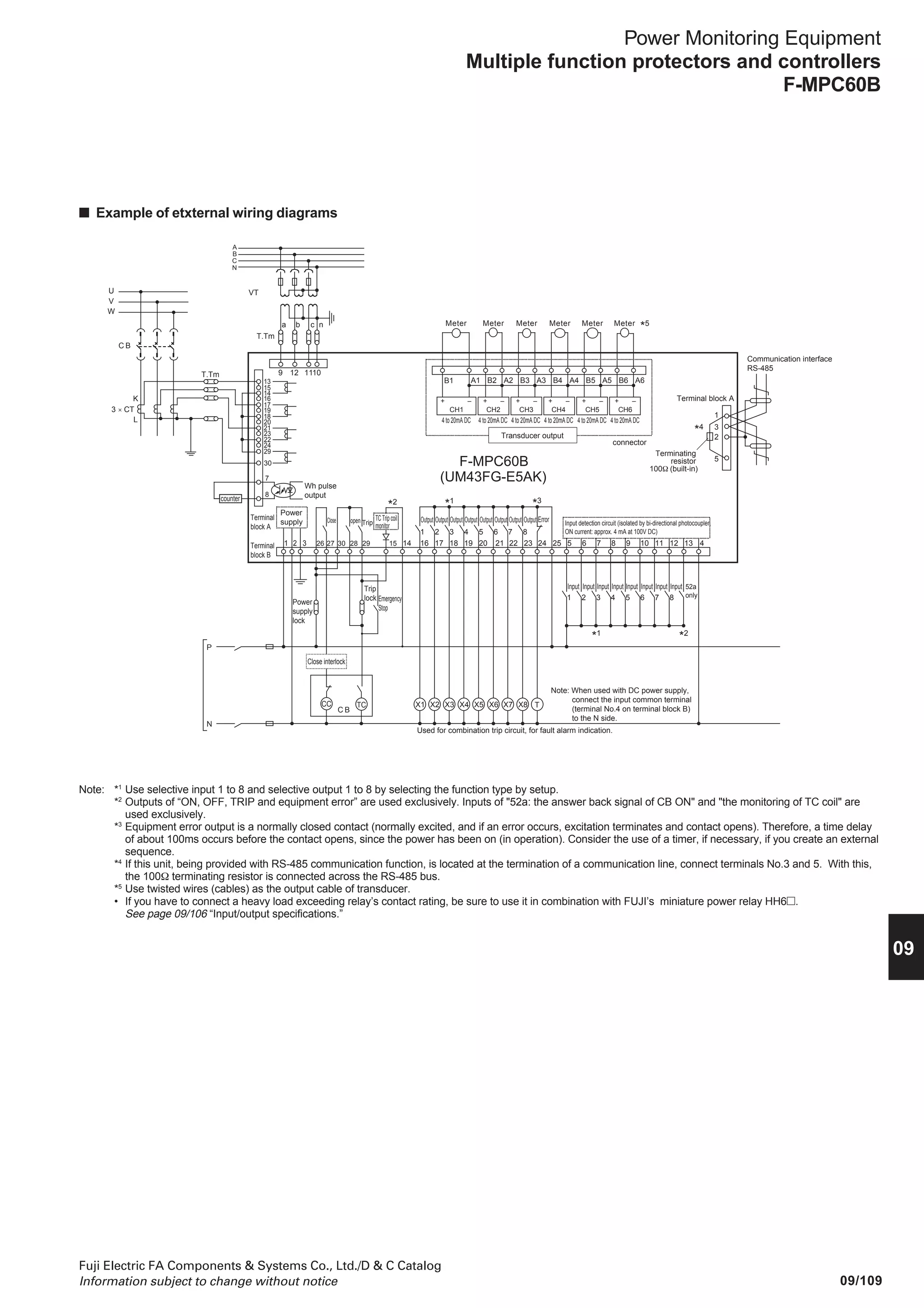 09/108
Fuji Electric FA Components  Systems Co., Ltd./D  C Catalog
Information subject to change without notice
Power Monitoring Equipment
Multiple function protectors and controllers
F-MPC60B
■ Type number nomenclature
External interface
A: 4-20mA output and RS-485 interface
CT secondary current
5: 5A
Control power supply
E: 100V AC/DC common use
Type of unit
F: Receiving unit
Ground fault protection
G: 50G/51G (resister grounding)
UM43 - E 5F G A K
Basic type
UM43: F-MPC60B series
(3ø3W/3ø4W use)
• Specifications of transducer outputs
Transducer output signal
Signal type
Note: • Output signals are connected to a common terminal (minus side).
• An upper or lower limiter operates when the output signal is about to exceed the upper or lower limit.
The upper limit is fixed at 20mA, and the lower limit is fixed at 20mA.
*1: Applied line voltage: 100V/110V/120V AC.
*2: Applied line voltage: 100V/110V/120V AC ×√3, AC.
4 to 20mA DC (external load resistance: 270Ω or less)
4 to 20mA for 0 to CT rated current
For VT secondary 0 to150V, 4 to 20mA *1
0 to 150V ×√3, 4 to 20mA *2
For VT secondary 0 to 150V/√3, 4 to 20mA *1
0 to150V, 4 to 20mA *2
For 0 to 1kW (CT5A, VT110V AC conversion), 4 to 20mA
For –1 to 0 to1kvar (CT5A, VT110V AC conversion), 4 to 12 to 20mA
For 45 to 55Hz or 55 to 65Hz, 4 to 20mA
For LEAD 0.5 to 1 to 0.5 LAG, 4 to 12 to 20mA
Accuracy ±1.5%Current (Ia, Ib, Ic)
Line voltage (Vab, Vbc, Vca)
Phose voltage (Van, Vbn, Vcn)
Active power (W)
Reactive power (var)
Frequency (Hz)
Power factor
■ Specifications
• Specifications of kWh pulse output
Type of output Transistor, open collector
Ratings Max. 150V DC, 100mA
Pulse width 200 ± 20ms
Pulse rate 10n
kWh per pulse (n=-2 to 4) (integer), or 2000 pulses per kWh
 