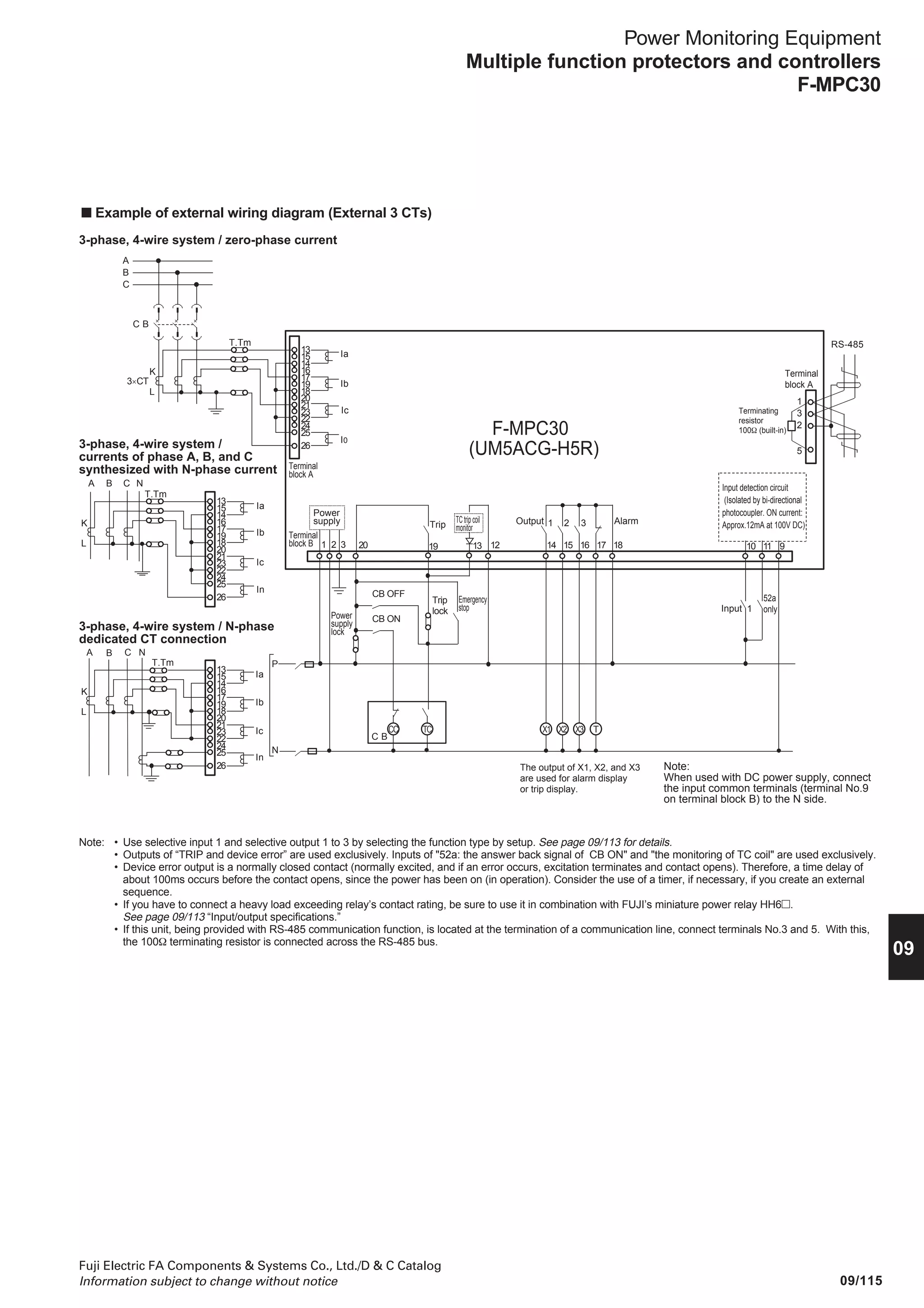 09/114
Fuji Electric FA Components  Systems Co., Ltd./D  C Catalog
Information subject to change without notice
Power Monitoring Equipment
Multiple function protectors and controllers
F-MPC30
• Communications specifications
Protocol MODBUS protocol mode MPC-Net mode
Standard EIA-485 EIA-485
Data exchange method Polling/selecting system 1: N polling/selecting system
Transmission distance 1000m (total length) 1000m (total length)
No. of connectable units Up to 32 units (including master unit) Up to 32 units (including master unit)
Station number address 01 to 99 01 to 99
Transmission speed 4800/9600/19200 bps (selectable) 4800/9600/19200 bps (selectable)
Data format Number of start bits: 1 (fixed) Number of start bits: 1 (fixed)
Data length: 8 bits (fixed) Data length: 7/8 bits (selectable)
Parity bit: None/even/odd (selectable) Parity bit: None/even/odd (selectable)
Stop bits: 1 bit or 2 bit (automatic selection) Stop bits: 1 (fixed)
1 bit: for even or odd parity BCC: Even horizontal parity
2 bit: for none parity
External interface
R: RS-485 communications interface
Ground fault protection
G: 50G/51G (rated current: 5A)
Control power supply
H: 100/200V DC
CT secondary current
5: 5A
UM5AC G - H 5 R
Basic type
UM5AC: F-MPC30 series
Feeder unit
(3ø3W/3ø4W use)
■ Type number nomenclature
 