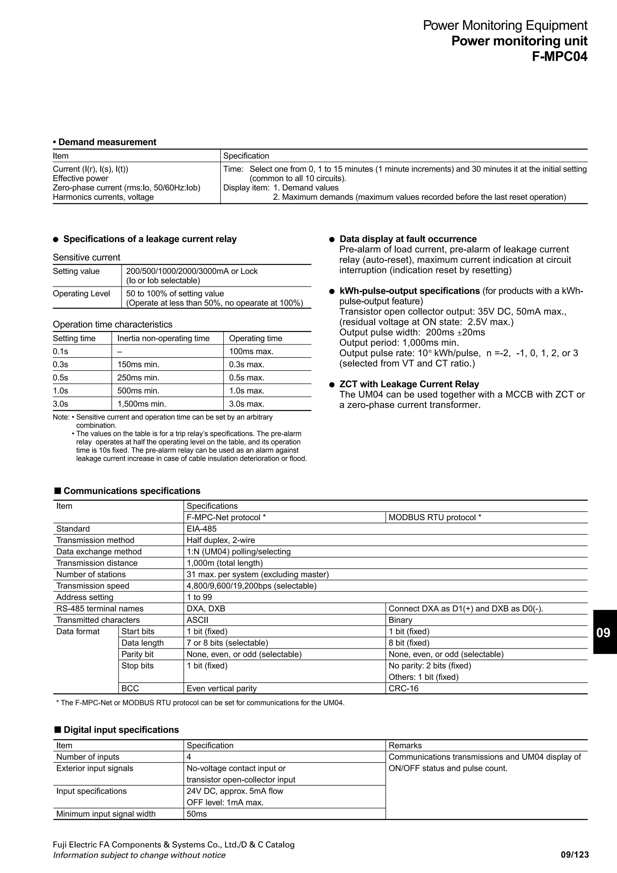 09/122
Fuji Electric FA Components  Systems Co., Ltd./D  C Catalog
Information subject to change without notice
Power Monitoring Equipment
Power monitoring unit
F-MPC04
• Measurement and display specifications
The sign ± in electric measuring
The sign “± is used to display LEAD/LAG in power-factor, measuring and “electric power selling/
purchase” in electric power measuring. No signs are used if a value is +. The sign “± has the following
meanings depending on the measured items.
•Active power: kW
+: Power purchase (Consumed electric power)
–: Electric power selling (Inverse electric power flow)
•Reactive power: kvar
+: Lagging current by reactive volt-ampere meter method
–: Leading current by reactive volt-ampere meter method
* “LEAD/LAG” reverses with electric power selling/purchase.
•Power factor: COSφ
+:LEAD –: LAG
Electric power
selling
Power
purchase
90° (COSφ=0)
270° (COSφ=0)
180°
(COSφ=-1)
0°
(COSφ=1)
LAG LEAD
LEAD LAG
– kW
– kvar
COSφ
kW
– kvar
–COSφ
– kW
kvar
–COSφ
kW
kvar
COSφ
Measurement type
Current:
I(r), I(s), I(t)
Voltage: *3
V(uv), V(vw), V(wu)
Zero-phase current Io
Active power
*4*5
Reactive power
*4*5
Power factor
*4
Active electric
power
The reactive energy
The voltage
minimum value
The voltage
maximum value
Harmonic current
Effective measuring range
0, 0.5% to 150% of CT
secondary rated current
VT secondary voltage:
3Ø3W : max 264V
3Ø4W (Phase voltage):
max.264V
3Ø4W (Line voltage): 3x264V
0, 50 to 3600mA
0 to 3.5kW (220V) as
converted to current
transformer secondary value
0 to 3.5kvar (220V)
as converted to current
transformer secondary value
Lead : 0%-100%-Lag : 0%
0 to 99999 (kWh)
The effective power
quantity of the plus
0 to 99999 (kWh)
The effective power
quantity of the minus
0 to 9999 (kvar)
The reactive energy of the plus
0 to 9999 (kvar)
The reactive energy of the minus
264V from 85V in VT
secondary of each phase
264V from 85V in VT
secondary of maximun-phase
3rd  5th order : 0, 2.5% to 150%
7th order : 0, 5.0% to 150%
The main body display
4 digits
4 digits with the
code
3 digits with the
code
5 digits
none
4 digits
Communication data
4 digits
4 digits with the
code
4 digits with the
code
*6
*6
Accuracy (%)
±2.5% FS
±2.5% FS
±20% FS
±2.5% FS
±2.5% FS
±5%
The 90° phase
angle conversion
Equivalent to
ordinary class
specified in JIS
±0.5%
(No display)
±2.5% FS
±2.5% FS
±2.5%
(7th order: ±5%)
Remarks
0.00 is displayed, if the measured
value is about 1.0% or less.
VT secondary voltade is
jointly used as internal control
power supply. (For U-V)
0 is displayed, if the measured
value is about 50mA or less.
Two-wattmeter method: Measured
when the value is 0.4% or higher of
the rated current. (Ir, It, Vuv, Vvw)
Two-wattmeter method
±2.0% (Power factor of 1
between 5% and 120% of
CT primary rated current)
±2.5% (Power factor of 0.5
between 10% and 120% of
CT primary rated current)
*7
Note : *1. The measurement accuracy includes the error in the CT boxes and ZCT. The error in the combined VTs and CTs are not included.
*2. Current, voltage, and power performance characteristics are according to JIS C 1102 (indicating electrical measuring instruments). The measurement display
value is the average value over approximately 1 second.
*3. The values in the table are the line voltages for 3-phase, 3-wire systems and the phase voltages for 3-phase, 4-wire systems. For 3-phase, 4-wire applications,
the setting in this table can be used to display either the phase voltages or line voltages.
*4. Selling/purchasing for power measurement and lead/lag for power factor measurements are displayed with one sign (blank for positive). The meaning of
positive/negative for each measurement item is given below.
*5. The maximum values of the active power and reactive power are ±3.5kW at a 5A secondary current for 3-phase, 3-wire systems, ±0.69kW at 1A for 3-phase,
3-wire systems, ±6.0kW at a 5A secondary current for 3-phase, 4-wire systems, and ±1.2kW at a 1A secondary current for 3-phase, 4-wire systems.
*6. For the F-MPC-Net protocol, the lower four digits of the display are sent. For the MODBUS RTU protocol, 0 to 999999.999kWh is sent and the step value for
the total countup depends on the VT ratio and CT ratio.
*7. For 3-phase, 3-wire systems, the harmonic currents for phases R and T are measured. For 3-phase, 4-wire systems, the harmonic currents for phases R, S,
and T are measured.
 