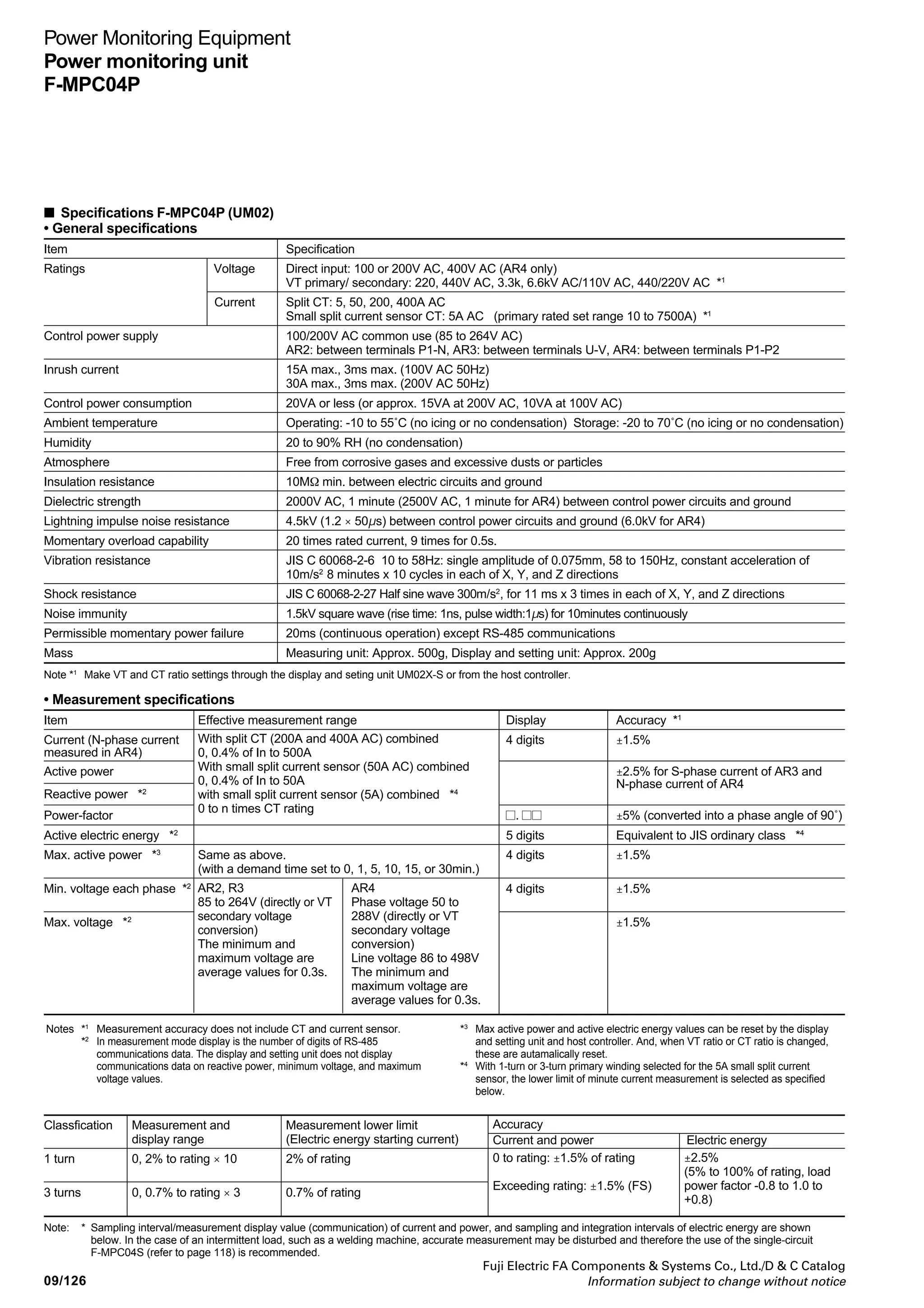 Fuji Electric FA Components  Systems Co., Ltd./D  C Catalog
Information subject to change without notice
Power Monitoring Equipment
Power monitoring unit
F-MPC04P
09/125
09
Multi-circuit power monitoring unit, UM02
■ Description
Integrating measuring functions required for power monitoring in
one unit
• A single unit measures multiple circuits
A single UM02 can measure up to 8 feeders in 3-phase 3-wire,
12 feeders in single-phase 2-wires and up to 4 feeders in 3-
phase 4-wire circuit.
• Easy installation into existing switchboards
Compact UM02 can be easily installed into on-site power
distribution or lighting panel, irrespective of new panel or
existing panel, to create power monitoring system
economically.
• On-site measuring instrument
UM02 can be used an on-site measuring instrument by
combining with an optional display and setting unit UM02X-S.
• Communication interface
As UM02 has an RS-485 communications interface as
standard, it can communicate with other power monitoring
equipment with RS-485
Display and setting unit
Measuring unit UM02
■ Type number nomenclature
Multi-circuit power monitoring unit (Measuring unit)
■ Type and applicable circuit
Applicable circuit
2: Single-phase 2-wire, up to 12 feeders
3: 3-phase 3-wire, Single-phase 3-wire, Single-phase 2-wire,
up to 8 feeders
4: 3-phase 4-wire, up to 4 feeders
UM02-AR 3
Basic type
UM02-AR: Measuring unit
Description
Measuring unit
Sold separately
Display and setting unit
Cable for UM02-AR connection
Applicable circuit
Single-phase 2-wire, up to 12 feeders
3-phase 3-wire, Single-phase 3-wire, Single-phase
2-wire,up to 8 feeders
3-phase 4-wire, up to 4 feeders
The TP48X socket and connecting cable are provided as accessories.
0.5m
5m
Type
UM02-AR2
UM02-AR3
UM02-AR4
UM02X-S
UM02X-C005
UM02X-C050
 