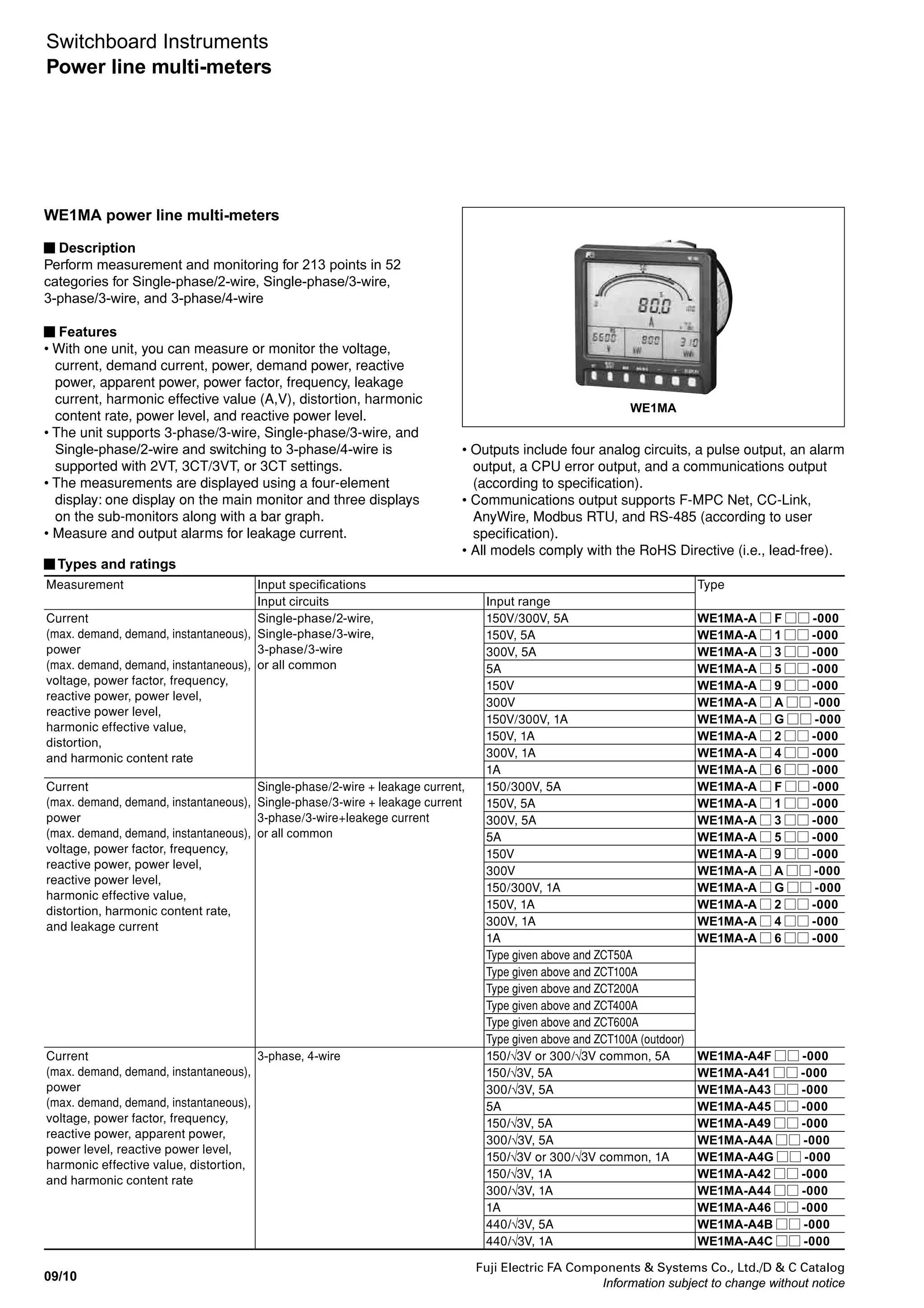Fuji Electric FA Components & Systems Co., Ltd./D & C Catalog
Information subject to change without notice
09/9
09
Shunt WM9N-1, -2
 Features
• Shunt for DC ammeter. JIS (JIS C-1721) class 0.5 and class
1.0 models are available. Select the model based on the
required accuracy.
• Keep in mind that a shunt is a source of heat generation,
and select a shunt with a current value with sufficient
margin. (As a general rule, select a shunt with approximately
1.5 times the continuous operating current.)
• The standard terminal voltage for the shunt is 60mV, but
models with voltage of 100 mV can also be produced.
 Connection wires
Use a round-trip resistance of 0.06Ω for the shunt connection conductors.
The same applies for class 1.0 models without connection wires.
One-way length (m) 2 3 5.5 9 12.5 22 35
Cross-section area (mm2
) 1.25 2 3.5 5.5 8 14 22
• 1 to 4A (with base) • 5 to 50A (with base) • 60 to 200A (with base) • 250 to 600A (no base)
• Dimensions, mm
Current A B C D E T
250•300A 110 130 30 36 M10x30 4
400A 110 140 40 36 M12x35 5
500A•600A 120 160 40 41 M12x35 6
 Functions and specifications
Item Applicable meter JIS Class 0.5 (JIS C-1721) JIS Class 1.0 (JIS C-1721)
Shunt rating Shunt base
/ no base
Type Shunt rating Shunt base
/ no base
Type
Shunt DC shunt
Shunt connection items
60mV 1A With base WM9N-1 60mV 1A With base WM9N-2
2A 2A
3A 3A
4A 4A
5A 5A
7.5A 7.5A
10A 10A
15A 15A
20A 20A
30A 30A
40A 40A
50A 50A
60A 60A
75A 75A
100A 100A
150A 150A
200A 200A
250A No base 250A No base
300A 300A
400A 400A
500A 500A
600A 600A
Note 1: Only one meter and can be connected to each shunt.
Shunt (with base)
(AF96-423)
Shunt (no base)
(AF96-423)
Shunt (no base)
(AF96-423)
 Dimensions, mm
36
44
52
Two, 3.5-dia. holes
2-M4 screws
36 36
46
4
45
120
140
2-M6 screws2-M4 screws
25
6
18
33
5.5
10.5
45
120
140
2-M8 bolts2-M4 screws
25
6
18
43
(36)*
5.5
10.5
* ( ) 60 to 100A
45
A
B
E
T
2-M4 screws4
DC
Switchboard Instruments
WM8N type
 