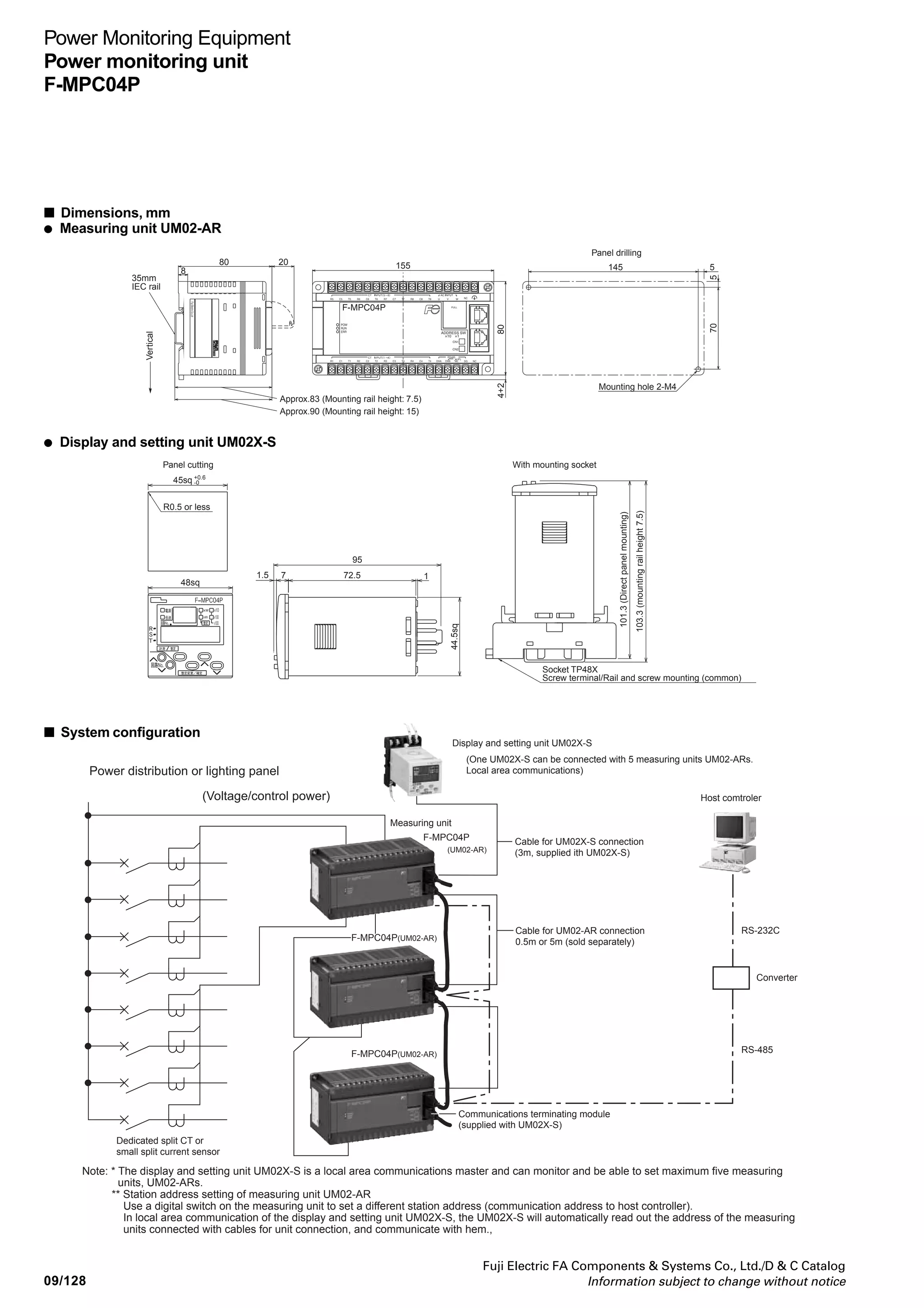 Fuji Electric FA Components  Systems Co., Ltd./D  C Catalog
Information subject to change without notice
Power Monitoring Equipment
Power monitoring unit
F-MPC04P
09/127
09
■ Display and setting unit UM02X-S, specifications
Item Specification Remarks
Control power supply Supplied from the measuring unit UM02-AR
Measuring unit UM02-AR communications EIA-485 (always 19200bps fixed)
specifications
Number of connectable measuring unit 5 max. UM02-AR2, AR3, AR4
UM02-AR
Max. cable length between UM02-AR and 23m Total length between UM02X-S
UM02X-S and all UM02-ARs
Display item Operating status, measurement value Selective indication by a switch
VT, CT setting value, fault
Setting Voltage, current (CT), demand time, pulse UM02-AR incorporates a different RS-485
multiplication rate, No. of turns of CT secondary interface to communicate with a host controller.
winding, host controller communications mode
(different communications interface)
Note : The display and setting unit UM02X-S provides a function to start initial communications to recognize the UM02-AR automatically when UM02X-S is turned on.
If on-site indication is not necessary once the setting to the measuring unit UM02-AR is complete, UM02-AR fully operates even without UM02X-S.
■ Communications specifications
Item Specification
Standard EIA-485
Transmission system 2-wire half duplex
Data exchange 1: N (F-MPC04P, UM02-AR) polling/selecting
Transmission distance 1000m (total length)
No. of connectable units Max.32 (including master)
Station number setting 01 to 99 (set with digital switch)
Transmission characters ASCII
Transmission speed 4800, 9600, or 19200 bps (selectable)
Data format Number of start bits 1 (fixed)
Data length 7 or 8 bits (selectable)
Parity bit None, even, or odd (selectable)
Number of stop bits 1 (fixed)
BCC Even horizontal parity
Note : Use the display and set unit to change the transmission setting.
The communications specifications cannot be changed through the host controller.
Type
UM02-AR2
UM02-AR3
UM02-AR4
Sampling and cumlative interval of power
Approx. 0.2s
Approx. 0.2s
Approx. 0.1s
Sampling interval/display value of current and power (Communication)
Approx. 0.2s / Average voltage for aprox. 1.5s
Approx. 0.2s / Average voltage for aprox. 1.5s
Approx. 0.1s / Average voltage for aprox. 0.4s
• Sampling interval and display value
 