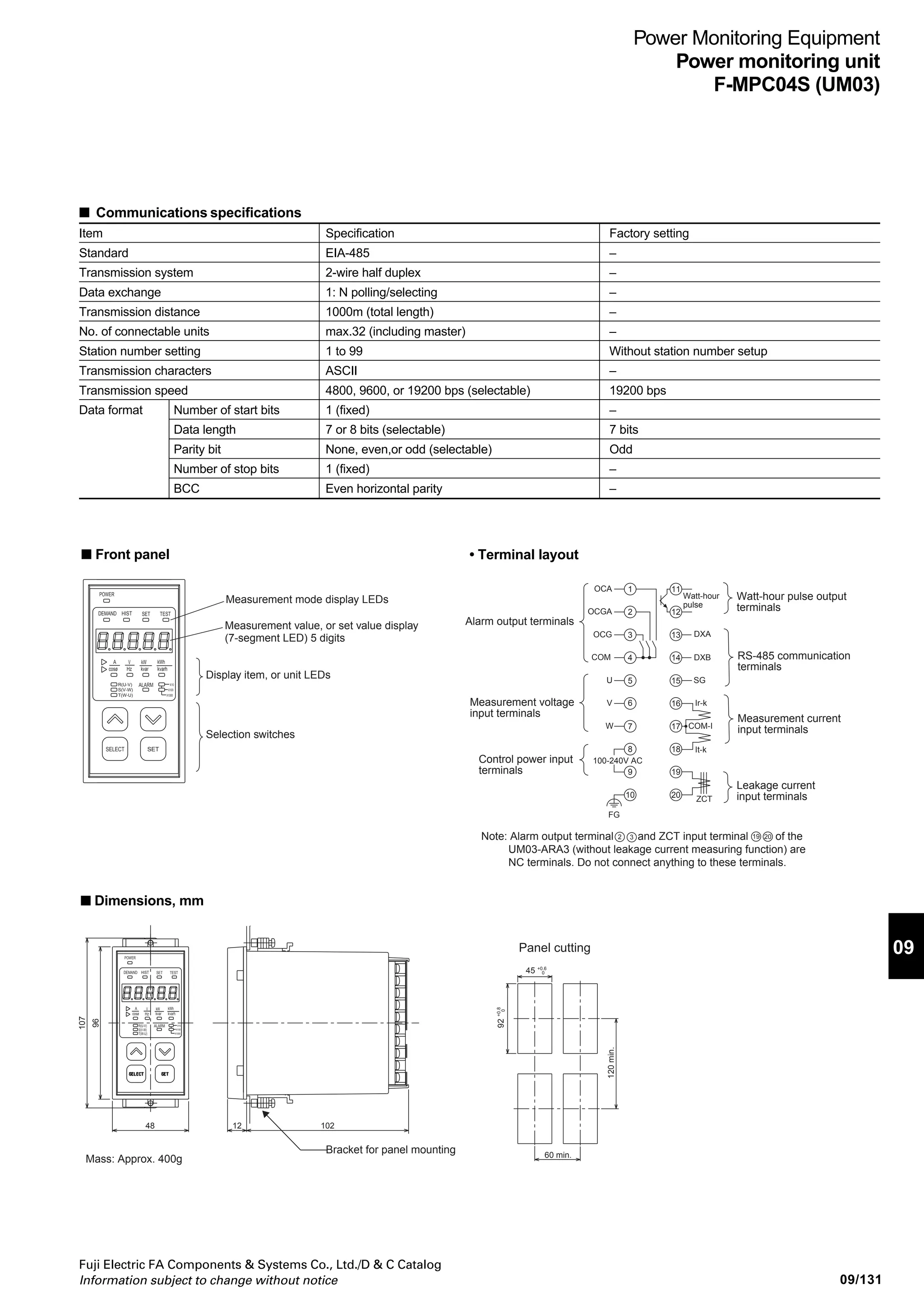 09/130
Fuji Electric FA Components  Systems Co., Ltd./D  C Catalog
Information subject to change without notice
Power Monitoring Equipment
Power monitoring unit
F-MPC04S (UM03)
Current prealarm (OCA) *1
Power alarm *1
Leakage current alarm
(OCG) (Io operation)
Leakage current prealarm
(OCGA)
Setting range
Operate value
I: 20 to 120% of
rated value, Lock
(5% step)
0 to 9999kW
(1kW step)
Operate current
100, 200, 500mA,
Lock
50±5mA
100 to 500mA
(50mA step), Lock
Note: *1 Select either the current pre-alarm output or the power alarm output through setup.
*2 When demand time is selected, the unit operates on Iob (leakage current only with fundamental wave).
Time
Depending on the
demand time setting
0.1, 0.3, 0.5, 1.0s
0.1, 0.3, 0.5, 1.0,
10s or demand time *2
Accuracy
Operate value
±5% (rated min ±1.5%)
75%±5% of setting value
±5%
Time
±10%
75%±5% of
setting value
(min±25ms)
±5%
Watthour pulse output details
Alarm output details
Output specifications
Output pulse width
Output interval
Pulse multiplication rate
35V DC 100mA (residual 2.5V or less at ON)
100ms±20ms
200ms or more
10n
kWh/pulse (n=–3 to 2 setup)
Item
Current (R/S/T), demand current
Max. demand current value
Demand value and max. demand value of
total harmonic current *2
Active power (±)
Demand power
Max. active demand power value
Reactive power (±)
Power factor (±)
Active electric energy (+only)
Reactive electric energy
(±absolute value addition)
Voltage
Frequency *3
Leakage current (Io/Iob) *4
Max. demand value
Effective measurement range
• With CT (200A AC)
0, 0.4% of In (0.8A) to 300A
• With CT (400A AC)
0, 0.4% of In (1.6A) to 600A
• With CT (5A)
0, 0.4% of In (0.2A) to 50A
0, to 1.5 times CT rating (for 5A)
(converted into CT secondary: 7.5A)
(Max. display range: up to 9,999A)
• Demand time setting: 0, 1 to 15min
(by 1min step)
30min setting: Available
Converted into an input voltage
60 to 264 V AC
45 to 66Hz *2
0, 10 to 1000mA
Accuracy *1
±1.5%: R- and T-phase
±2.5%: S-phase
± 2.5%
±1.5%
±3%
±5% (Converted into a phase angle of 90˚)
Equivalent to JIS ordinary class (pf: 0.5-1.0- –0.5)
±5%
±1.5%
±2.5%: Vv-w
±0.5%
±2.5%
Display
4-digit
4-digit
4-digit
4-digit
3-digit
5-digit
5-digit
4-digit
3-digit
4-digit
Note: *1 The measurement accuracy is a value for FS (full span).
*2 The total harmonic current relates only to phase R and phase T. Only the demand value and max demand value are displayed. The current value is not displayed.
*3 If the frequency is out of the measurement range (lower than 45 Hz or higher than 66 Hz), 0.0 [Hz] is displayed.
*4 Maesurement of leakage current is possible only with UM03-ARA3G.
• Measurement specifications
• Output specifications
Item
Watt-hour pulse output
Alarm output
Note: * Choose the current prealarm (OCA) output or power alarm by change of setting.
Current prealarm (OCA), power alarm *
Leakage current prealarm (OCGA)
(Io operation)
Leakage current alarm (OCG)
UM03-ARA3
Provided
Provided
Not Provided
Not Provided
UM03-ARA3G
Provided
Provided
Provided
Provided
Specification
Transistor open collector output 35V DC 100mA
Replay output 250V AC 1A
 