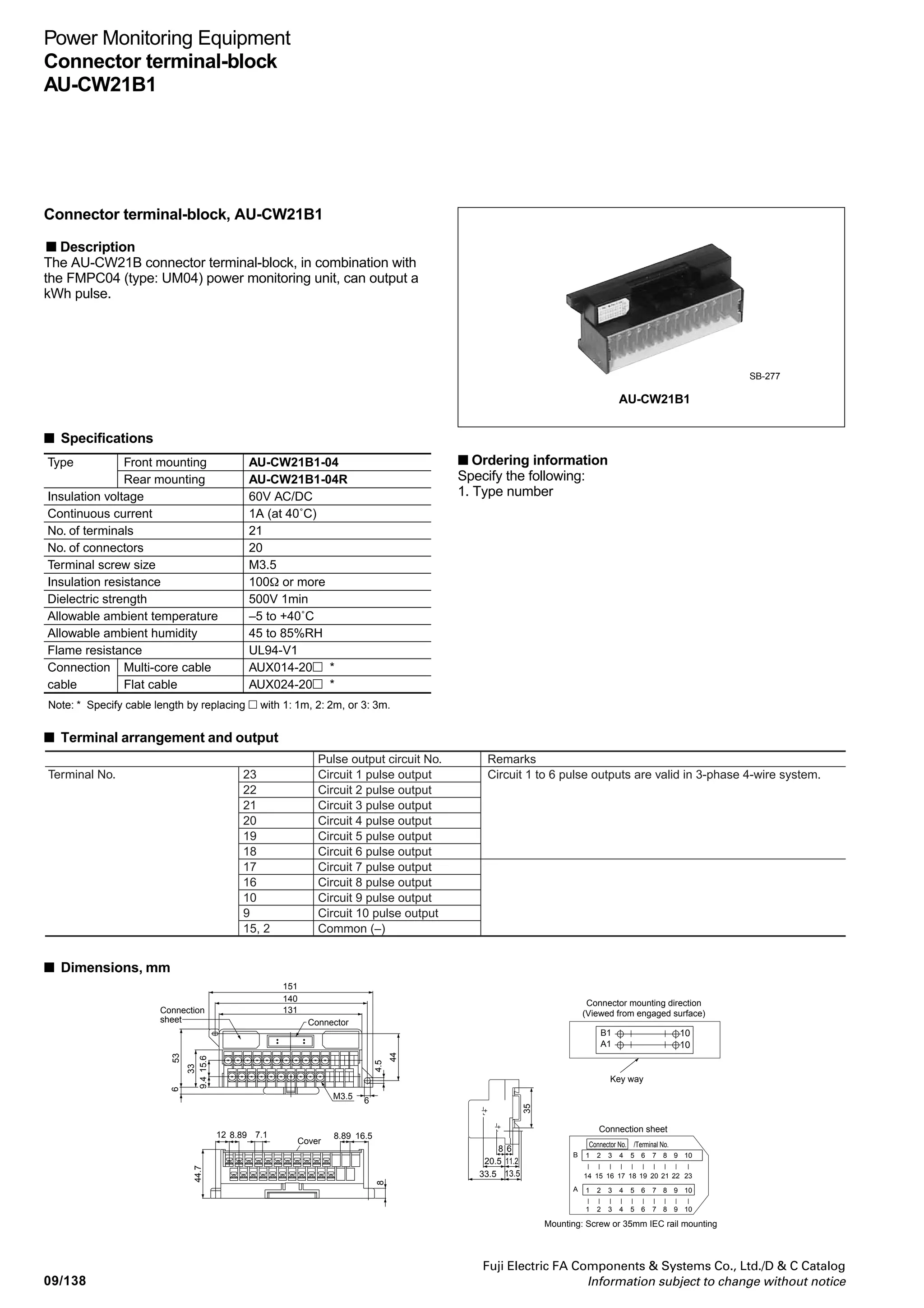 09/137
Fuji Electric FA Components  Systems Co., Ltd./D  C Catalog
Information subject to change without notice
09
Power Monitoring Equipment
Terminal relay
RS16
RS16-DE04H
Terminal relay RS16
■ Description
The RS16 relay, in combination with F-MPC04 (type: UM01)
power monitoring unit, outputs the current prealarm signal and
leakage current pre alarm signal, and the signal to trip circuit
breakers.
C D EBA
A
7 8 9652 3 410
PrealarmPrealarmTrip
3-phase 3-wire 3-phase 4-wire
Leakage current Leakage current
Io Io I
0
1
2
3
4
5
6
7
8
9
A
B
C
D
E
F
:Io trip (No.1 or 6)
:Io trip (No.2 or 7)
:Io trip (No.3 or 8)
:Io trip (No.4 or 9)
:Io trip (No.5 or 0)
:Io prealarm (No.1 or 6)
:Io prealarm (No.2 or 7)
:Io prealarm (No.3 or 8)
:Io prealarm (No.4 or 9)
:Io prealarm (No.5 or 0)
:I prealarm (No.1 or 6)
:I prealarm (No.2 or 7)
:I prealarm (No.3 or 8)
:I prealarm (No.4 or 9)
:I prealarm (No.5 or 0)
:Unused
Io trip (No.1 or 4)
Io trip (No.2 or 5)
Io trip (No.3 or 6)
Unused
Unused
Io prealarm (No.1 or 4)
Io prealarm (No.2 or 5)
Io prealarm (No.3 or 6)
Unused
Unused
I prealarm (No.1 or 4)
I prealarm (No.2 or 5)
I prealarm (No.3 or 6)
Unused
Unused
Unused
220V AC
COM COM
■ Terminal arrangement
43.5
14.8 4.2 2 - ø4.2 holes
(M3 or M4 tapping for
screw mounting)
91
50 (Mounting rail: height 15)
(39)
37
33
(42.5) (Mounting rail: height 7.5)
110
524.7
22-M3
35mm
IEC
mounting rail
Panel drilling
■ Connector cable
For connecting CT-BOX, Terminal relay RS16, and Connector
terminal block AU-CW.
■ Dimensions, mm
1m long
2m long
3m long
AUX014-201
AUX014-202
AUX014-203
Type RS16-DE04H
No. of connectable circuits 5
Operate time 10ms or less
Release time 10ms or less
Vibration Malfunctions durability 10–55Hz 1mm double amplitude
(0.61N max.)
Mechanical durability 10–55Hz 1mm double amplitude
(0.61N max.)
3 times in each X, Y, Z direction,
total 18 times
Shock Malfunctions durability 100m/s2
Mechanical durability 200m/s2
, 2 hours in each X, Y,
Z direction, total 6 hours
Operating ambient temperature -25 to 55°C(no icing or no
condensation)
Operating ambient humidity 35 to 85%RH
Terminal screw size M3
Tightening torque 0.5–0.7N • m
Mounting Rail mounting (screw mounting
also available)
Applicable crimp terminal R1.25–3 (Max 6mm)
Applicable wire size Max. 1.4mm dia.
LED color Operation indication Red
Power source indication Green
Coil surge suppressor Diode
Max. No. of rely insertion 50
Insulation resistance (initial) 100MΩ (500V DC megger)
Dielectric Between contact and coil 2000V AC, 1 minute
strength Between same polarity 1000V AC, 1 minute
contacts
Between reverse polarity 2000V AC, 1 minute
contacts
between heteropolar coils 500V AC, 1 minute
Mass 200g
■ Specifications
 