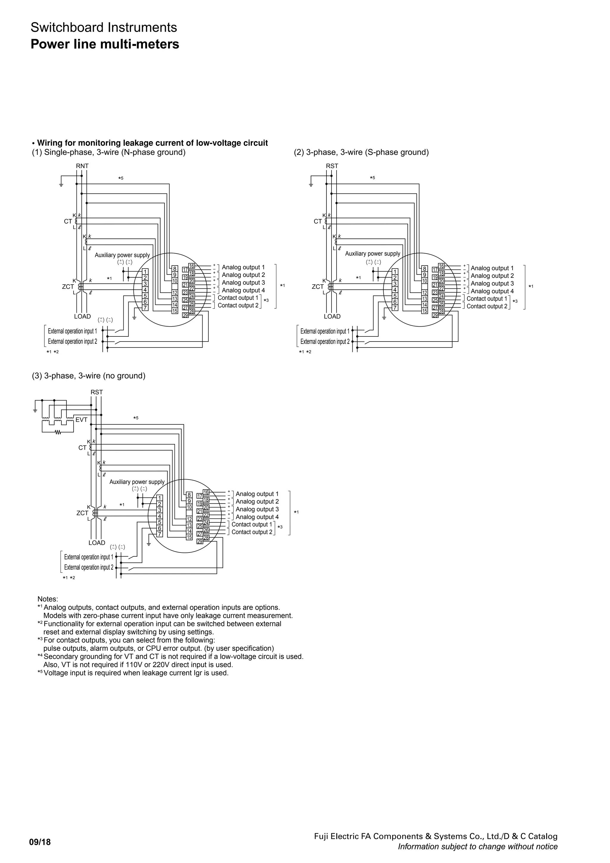 Fuji Electric FA Components & Systems Co., Ltd./D & C Catalog
Information subject to change without notice
09/17
09
Switchboard Instruments
Power line multi-meters
(7) Single-phase, 3-wire (8) Single-phase, 2-wire
(9) Voltage input 3-phase, 3-wire
(11) Voltage input Single-phase, 2-wire
(10) Voltage input Single-phase, 3-wire
Auxiliary power supplyAuxiliary power supply
*1
*2
External operation input 1
External operation input 2
*1
*2
External operation input 1
External operation input 2
*1
*2
External operation input 1
External operation input 2
*1
*2
External operation input 1
External operation input 2
*1
*2
External operation input 1
External operation input 2
Analog output 1
Analog output 2
Analog output 3
Analog output 4
Contact output 1
Contact output 2
*1
*1
*3
Analog output 1
Analog output 2
Analog output 3
Analog output 4
Contact output 1
Contact output 2
*3
*1
Analog output 1
Analog output 2
Analog output 3
Analog output 4
Notes:
*1
Analog outputs, contact outputs, and external operation inputs are options.
*2
Functionality for external operation input can be switched between external
reset and external display switching by using settings.
*3
For contact outputs, you can select from the following:
pulse outputs, alarm outputs, or CPU error output. (by user specification)
*4
Secondary grounding for VT and CT is not required if a low-voltage circuit is used.
Also, VT is not required if 110V or 220V direct input is used.
Contact output 1
Contact output 2
*3
Analog output 1
Analog output 2
Analog output 3
Analog output 4
Contact output 1
Contact output 2
*1
*3
Analog output 1
Analog output 2
Analog output 3
Analog output 4
Contact output 1
Contact output 2
*1
*3
Auxiliary power supply
Auxiliary power supply
Auxiliary power supply
1
2
5
6
7
12
13
14
15
17
16
18
20
22
24
26
28
19
21
23
25
27
29
1
2
5
6
7
12
13
17
16
18
20
22
24
26
28
19
21
23
25
27
29
RNT
LOAD +
–
+
–
+
–
+
–
+
–
+
–
+
–
+
–
+
–
+
–
+
–
+
–
+
–
+
–
+
–
+
–
+
–
+
–
+
–
+
–
CT
K
L
k
K
L
k
RS
LOAD
CT
K
L
k
1
2
5
6
7
8
9
10
17
16
18
20
22
24
26
28
19
21
23
25
27
29
1
2
5
6
7
8
9
10
17
16
18
20
22
24
26
28
19
21
23
25
27
29
VTU
V
u
v
U
V
u
v
RST
LOAD
RNT
LOAD
1
2
5
6
7
8
9
17
16
18
20
22
24
26
28
19
21
23
25
27
29
VTU
V
u
v
RS
LOAD
 