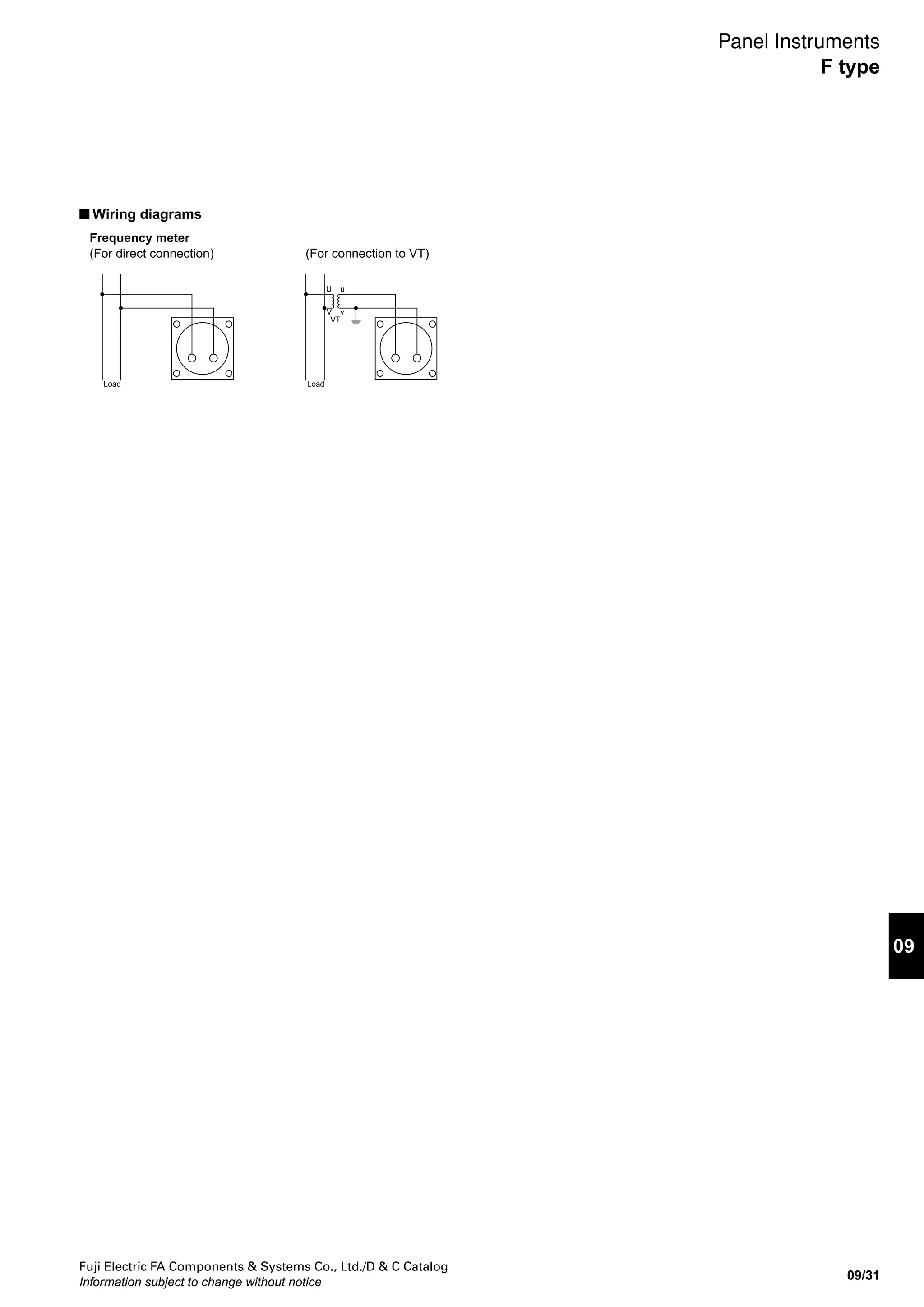 Fuji Electric FA Components  Systems Co., Ltd./D  C Catalog
Information subject to change without notice
09/30
■ Wiring diagrams
Load
1 2
＋   −
VT
K k
L
U u
V v
CT
Convertor Meter
5 6
1 2
3 4
1S 1L 3S 3L
P3P2P1
Load
1 2 3
＋   −
VT
K k
L K k
L
U u
V v
U u
V v
CT
Convertor Meter
M+ M-
Load
1 2 3
K k
L
K k
L
U u
V v
U u
V v
CT
VT
P1 P2 P3
3L3S1L1S
Load
K k
L
U u
V v
1  2
CT
VT
1S
P1 P2
1L
1S 1L 3S 3L
P3P2P1
Load
Load
1 2 3
＋   −
VT
K k
L K k
L
U u
V v
U u
V v
CT
Convertor Meter
Meter
M+ M-
ℓ
Load
1 2 3
K k
L
K k
L
U u
V v
U u
V v
CT
VT
P1 P2 P3
3L3S1L1S
＋
U
V
M-
Convertor
VT
v
u
M+
−
L
CT
K
1 32
P3
l
1S 1L
k
P2
Load
VT
K k
L
1L P2 P31S
U u
V v
1 2 3
CT
Wattmeter
• FRN-60W1, FRN-80W1 • FRN-60W3, FRN-80W3
Varmeter
• FRN-60VR3, FRN-80VR3 • FRN-100VR3, FRN-120VR3
Power factor meter
• FRN-60PF3, FRN-80PF3 • FRN-100PF3, FRN-120PF3
• FRN-100W1, FRN-120W1 • FRN-100W3, FRN-120W3
Panel Instruments
F type
 