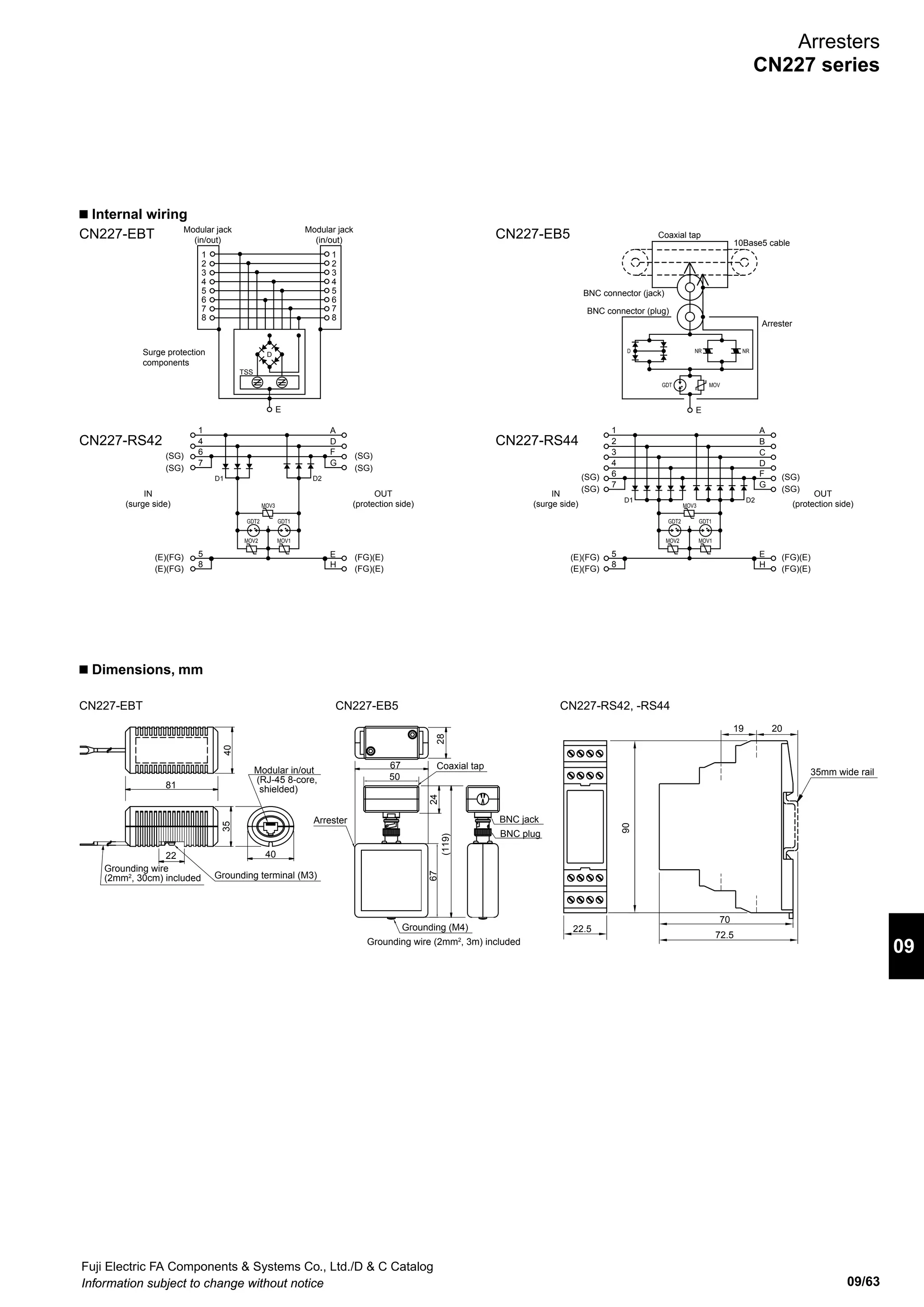 Fuji Electric FA Components  Systems Co., Ltd./D  C Catalog
Information subject to change without notice09/62
Type CN227-EBT CN227-EB5 CN227-RS42 CN227-RS44
Application Ethernet 10Base-T
100Base-TX
Internet 10Base-5 RS-485, PLC (T link), remote terminals,
60V DC max. signal circuits
2-wire 4-wire
Max. continuous operating voltage (Uc) 52V DC 3.5V DC 60V DC
Rated current 100mA 100mA 500mA
Transmission frequency bandwidth DC 0 to 100MHz DC 0 to 20MHz DC 0 to 2MHz
Insertion loss 2dB max. 0.5dB max. 1dB max.
Transmission speed/DC resistance 100Mbps 10Mbps DC resistance: 0.1Ω max.
DC operating voltage
(V 1mA)/DC discharge
start voltage (100V/s)
Between wires − DC4.5V±15% (100V/s) DC82V±10% (V1mA)
Voltage to
ground
DC65V±15% (100V/s) DC90V±25% (100V/s) DC90V±20% (100V/s)
Voltage protection
level (impulse limit
voltage) (Up)
Between wires
*1
150V max. 40V max. 400V max.
Voltage to
ground
150V max. 350V max. 400V max.
Impulse withstand *2 Category C2
(8/20µs)
500A 10kA 10kA
Category D1
(8/350µs)
− − 2.5kA
Environment Temperature: −20 to 60°C, Humidity: 95% max. RH (no icing or condensation)
Interface and applicable connection wire Modular (RJ-45) Coaxial tap (transceiver
connection)
Screw terminal connection method
Solid wire: 0.4 to 1.6mm dia., stranded wire: 0.14 to
2.5mm2
Mechanical durability Vibration
resistance
(durability)
− − Frequency: 10 to 55Hz, Double amplitude: 0.75mm
(4.5G max.), 2 hours in each direction for a total of
6 hours
Dimensions (L x W x H) (Thickness: Oval)
35 x 40 x (length) 81 mm
28 x 67 x 119 mm 90 x 22.5 x 70 mm
Note *1: This gives the value when lightning surge voltage is applied between wires with one wire grounded.
*2: This gives the total value for voltage to ground for each wire. Category C2 indicates the current value with power applied 5 times each for positive and
negative polarities at a current waveform of 8/20µs, and category D1 indicates the current value with power applied one time each for positive and negative
polarities at a current waveform of 10/350µs.
n Features
The arrester protects network circuits from lightning surges.
• Communications networks are supported (e.g., 10Base-5,
100Base-TX, RS-485, PLC T-Link).
• Ideal design for applications with high-performance in protec-
tion against lightning surges.
• Support for CN227-EBT
High-speed communications (100Mbps min.) enables high-
performance response to surges.
Compact, lightweight, and easy to connect (RJ-45 modular
connector).
• CN227-EB5
Extremely small signal loss enables high-performance re-
sponse.
Easy installation and replacement (mounting bracket and
grounding wire included).
• CN227-RS42, RS44
The body is slim (22.5mm wide) and European-style terminal
blocks are used.
Types are available to support 2-wire (RS42) or 4-wire (RS44).
The arrester provides a long service life and high surge resist-
ance (10kA, 8/20µs) and protection characteristics that satis-
fied categories C2 and D1 of the JIS C 5381-21 standard.
n Ratings, specifications, models, product codes, prices (excluding tax), and shipment
Arresters
CN227 series
 