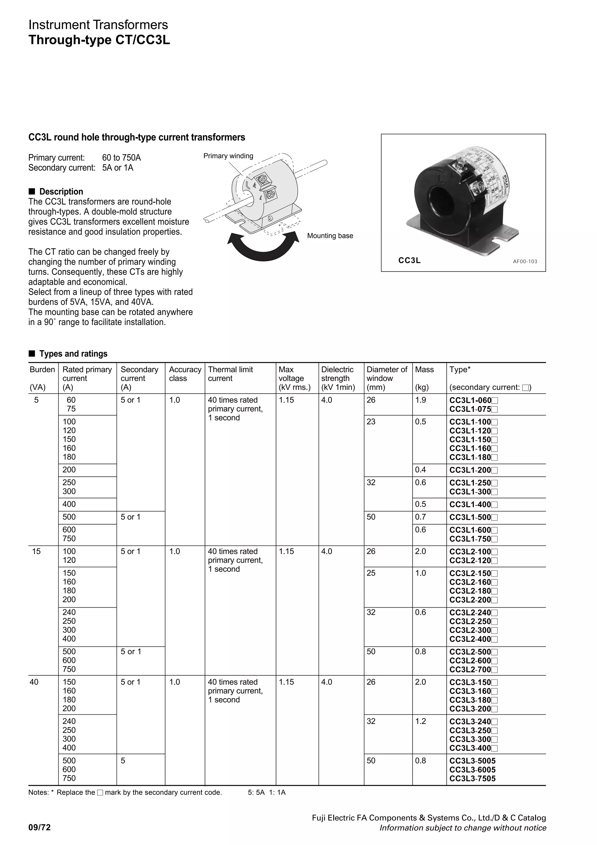 Fuji Electric FA Components  Systems Co., Ltd./D  C Catalog
Information subject to change without notice
09
09/71
■ Description
The FUJI low-voltage instrument
transformers are available as current
transformers and potential transformers.
These transformers have a *maximum
voltage of 1150V and are suitable for
circuits up to 600V. Windings have
excellent mechanical, thermal and
electrical performance since CT's are
molded in polyester resin and VT's in
epoxy resin. They are also moisture
proof and have good insulation
properties. The laminated iron core is
made of oriented silicon steel strip.
Both VT's and CT's have a class 1.0
accuracy rating, and conform to the
requirements of JIS C 1731, JEC 1201
and other standards.
Current transformers are available in
either through-type or primary-winding
versions.
*Maximum voltage: × 1.15
Instrument Transformers
General information
CC3P
The CC3P type is a current transformer
which has a primary winding thus
facilitating connection work.
The installation angle can be varied from
the standard position through 90°. They
can be supplied with the primary current
rating from 5 to 50 Amps.
■ Low voltage potential transformers
CD 32, 34
The CD32 and CD34 transformers are
low-voltage types. Types with a fuse of
a 100kA interrupting capacity have been
added to the series. This series is
available for burdens of 15 and 50VA.
■ Varieties of instrument transformers
Nominal voltage
1.1
AF00-103
AF00-102
AF00-215
■ Low voltage current transformers
CC3L
The CC3L type is a round hole through-
type current transformer. The ratio can be
changed according to the number of turns
of the primary windings. It has excellent
insulation characteristics and is both
compact and light in weight.
CC2
The CC2D and 2C current transformers
are split-types. The CTs can be
mounted to existing panels, such as
control centers or load centers, to
measure or monitor the wattage. These
can be mounted without removing
existing cables for easier installation.
Rated primary currents are available
from 5 to 1200A.
AF99-266
CC3M
The CC3M type is a current transformer
which has a flat terminal primary
winding. It is used in the bus section of
the load center or the control center. It
can be mounted either horizontally or
vertically.
AF00-107
Description Type Burden Primary Secondary
current current
CT Round hole CC3L1 5VA 60–750A 5 or 1A
through-type CC3L2 15VA 100–750A 5 or 1A
CC3L3 40VA 150–750A 5 or 1A, 5A
With primary winding CC3P1 5VA 1–50A 5 or 1A
CC3P2 15VA 1–50A 5 or 1A
CC3P3 40VA 1–50A 5 or 1A
Rectangular hole CC3M1 5VA 150– 600A 5A
through type CC3M2 15VA 150–2000A 5 or 1A
CC3M3 40VA 200–6000A 5 or 1A, 5A
Split type CC2D 0.2693mVA–0.5VA 5– 400A 7.34mA–1A
CC2C 0.5VA 800–1200A 1A
Description Type Burden Primary Secondary
voltage voltage
VT Single-phase CD32F 15VA 220, 440V 110V
CD32N 15VA 220, 440V 110V
CD34F 50VA 220, 440V 110V
CD34N 50VA 220, 440V 110V
 