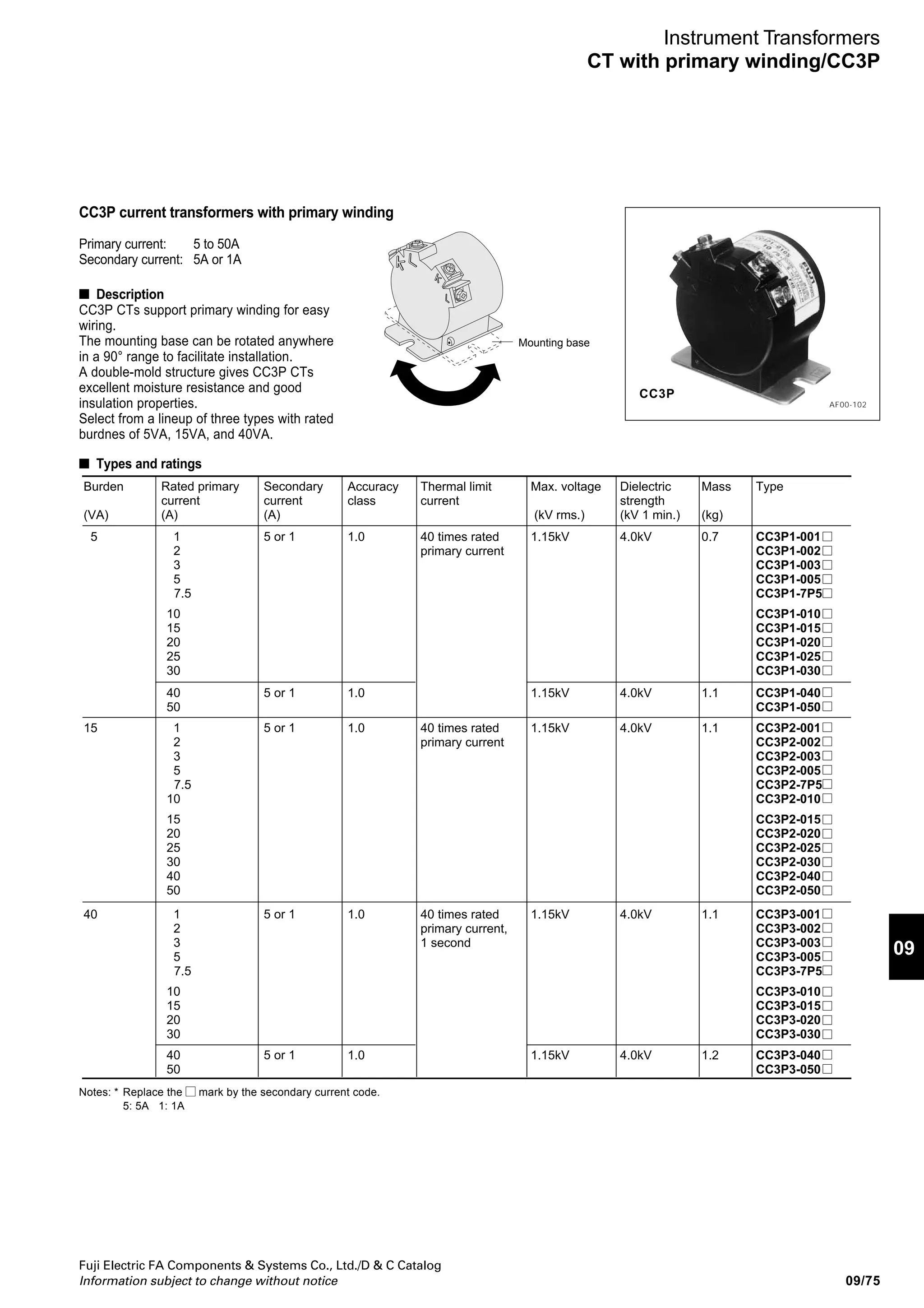 09/74
Fuji Electric FA Components  Systems Co., Ltd./D  C Catalog
Information subject to change without notice
Instrument Transformers
Through-type CT/CC3L
Note: The rated primary current is given for one turn
of the primary winding.
Rated primary
current
(Ampere turn AT)
60
75
100
120
150
160
180
200
250
300
400
500
600
750
● 5VA CC3L1
Primary
current
(A)
10
15
20
30
60
15
25
75
10
20
25
50
100
15
20
30
40
60
120
15
25
30
50
75
150
20
40
80
160
20
30
60
180
20
25
40
50
200
25
50
125
250
30
50
60
75
100
150
300
40
50
100
400
50
100
125
250
500
60
75
100
150
200
300
600
75
150
750
No. of
turns
6
4
3
2
1
5
3
1
10
5
4
2
1
8
6
4
3
2
1
10
6
5
3
2
1
8
4
2
1
9
6
3
1
10
8
5
4
1
10
5
2
1
10
6
5
4
3
2
1
10
8
4
1
10
5
4
2
1
10
8
6
4
3
2
1
10
5
1
Primary
conductor
(mm2
)
5.5
14
22
22
150
8
22
150
ø2
8
14
22
150
5.5
8
14
22
22
150
ø2
8
8
22
22
150
5.5
14
22
150
ø2
8
22
150
ø2
5.5
8
14
150
8
22
60
325
8
14
22
38
60
60
325
8
14
38
325
22
60
100
200
500
22
38
60
100
150
200
500
22
60
200 2 pcs.
Rated primary
current
(Ampere turn AT)
150
160
180
200
240
250
300
400
500
600
750
Primary
current
(A)
10
15
25
30
50
75
150
20
40
80
160
20
30
60
90
180
25
40
50
100
200
40
60
80
120
240
25
50
125
250
30
50
60
75
100
150
300
40
50
100
400
50
100
125
250
500
60
75
100
150
200
300
600
75
150
750
No. of
turns
15
10
6
5
3
2
1
8
4
2
1
9
6
3
2
1
8
5
4
2
1
6
4
3
2
1
10
5
2
1
10
6
5
4
3
2
1
10
8
4
1
10
5
4
2
1
10
8
6
4
3
2
1
10
5
1
Primary
conductor
(mm2
)
3.5
5.5
14
14
22
38
200
8
22
38
200
5.5
14
22
38
200
8
14
22
38
200
14
22
38
60
325
8
22
60
325
8
14
22
38
60
60
325
8
14
38
325
22
60
100
200
500
22
38
60
100
150
200
500
22
60
200 2 pcs.
Rated primary
current
(Ampere turn AT)
100
120
150
160
180
200
240
250
300
400
500
600
750
Primary
current
(A)
10
20
25
50
100
15
20
30
40
60
120
10
15
25
30
50
75
150
20
40
80
100
20
30
60
90
180
20
25
40
50
100
200
30
40
60
80
120
240
25
50
125
250
30
50
60
75
100
150
300
40
50
100
400
50
100
125
250
500
60
75
100
150
200
300
600
75
150
750
No. of
turns
10
5
4
2
1
8
6
4
3
2
1
15
10
6
5
3
2
1
8
4
2
1
9
6
3
2
1
10
8
5
4
2
1
8
6
4
3
2
1
10
5
2
1
10
6
5
4
3
2
1
10
8
4
1
10
5
4
2
1
10
8
6
4
3
2
1
10
5
1
Primary
conductor
(mm2
)
5.5
14
22
38
200
8
14
22
22
38
200
3.5
5.5
8
14
22
38
200
8
22
38
200
5.5
8
22
38
200
5.5
8
14
22
38
200
8
14
38
60
60
325
8
22
60
325
8
14
22
38
60
60
325
8
14
38
325
22
60
100
200
500
22
38
60
100
150
200
500
22
60
200 2 pcs.
■ Number of turns in the primary winding and CT ratio
The following table lists the rated primary
current, number of turns of primary windings,
and the maximum nominal cross-section area
of the 600V IV cable that can pass through.
(ø indicates the diameter of a single wire.)
The table data satisfies allowable current for
a 600V IV cable at an ambient temperature of
40°C.
● 15VA CC3L2 ● 40VA CC3L3
• 1-ampere turn • 2-ampere turn
100/5A 50/5A
Example: 100AT, secondary 5A
 