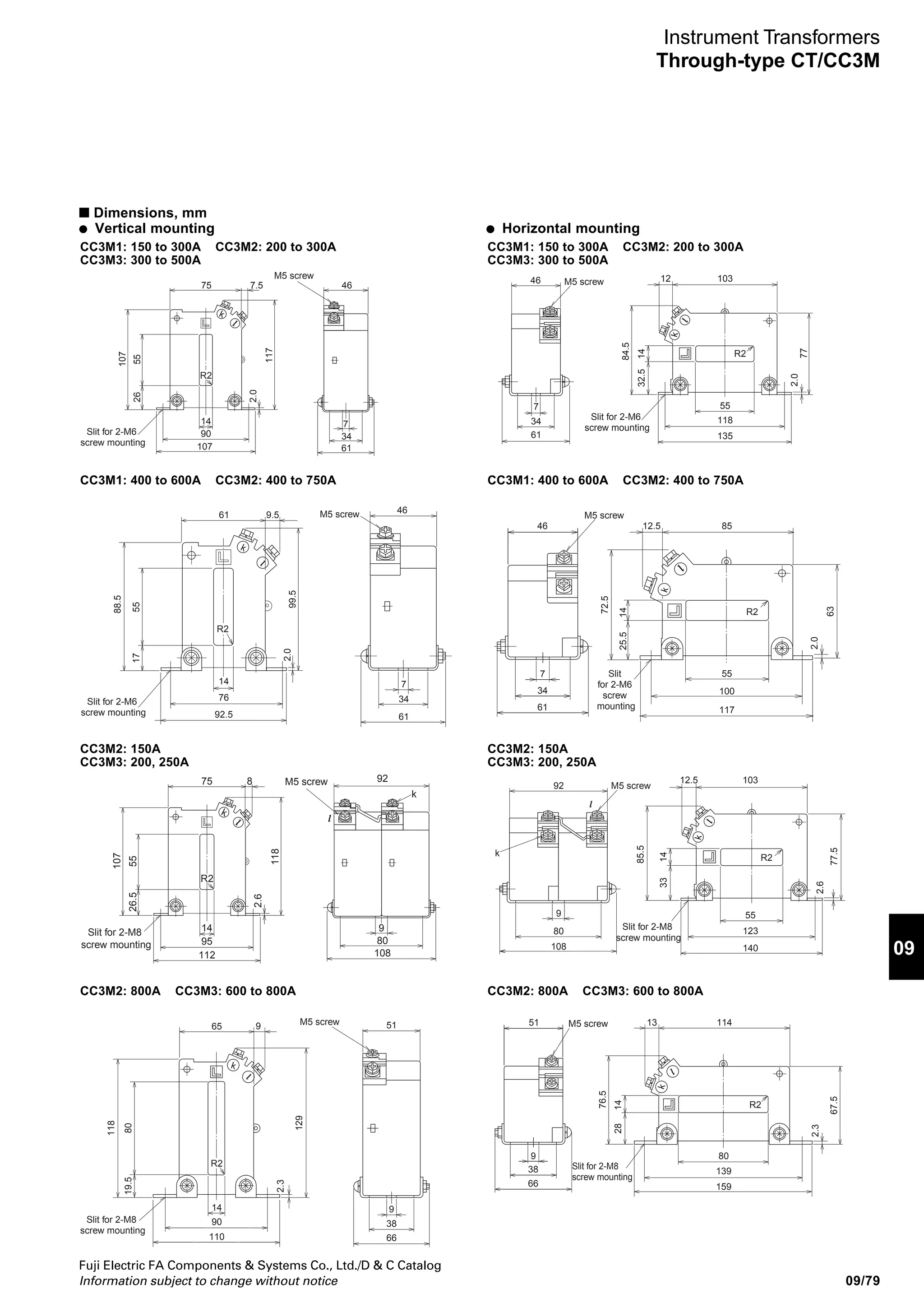 09/78
Fuji Electric FA Components  Systems Co., Ltd./D  C Catalog
Information subject to change without notice
CC3M -
Secondary current
1: 1A
5: 5A
Rated primary current (Example)
150: 150A
10X: 1000A
50X: 5000A
■ Type number nomenclature
Basic type
Burden
1: 5VA
2: 15VA
3: 40VA
■ Ordering information
Specify the following:
1. Type number
2. Busbar mounting bracket if required.
Primary current
Instrument Transformers
Through-type CT/CC3M
 