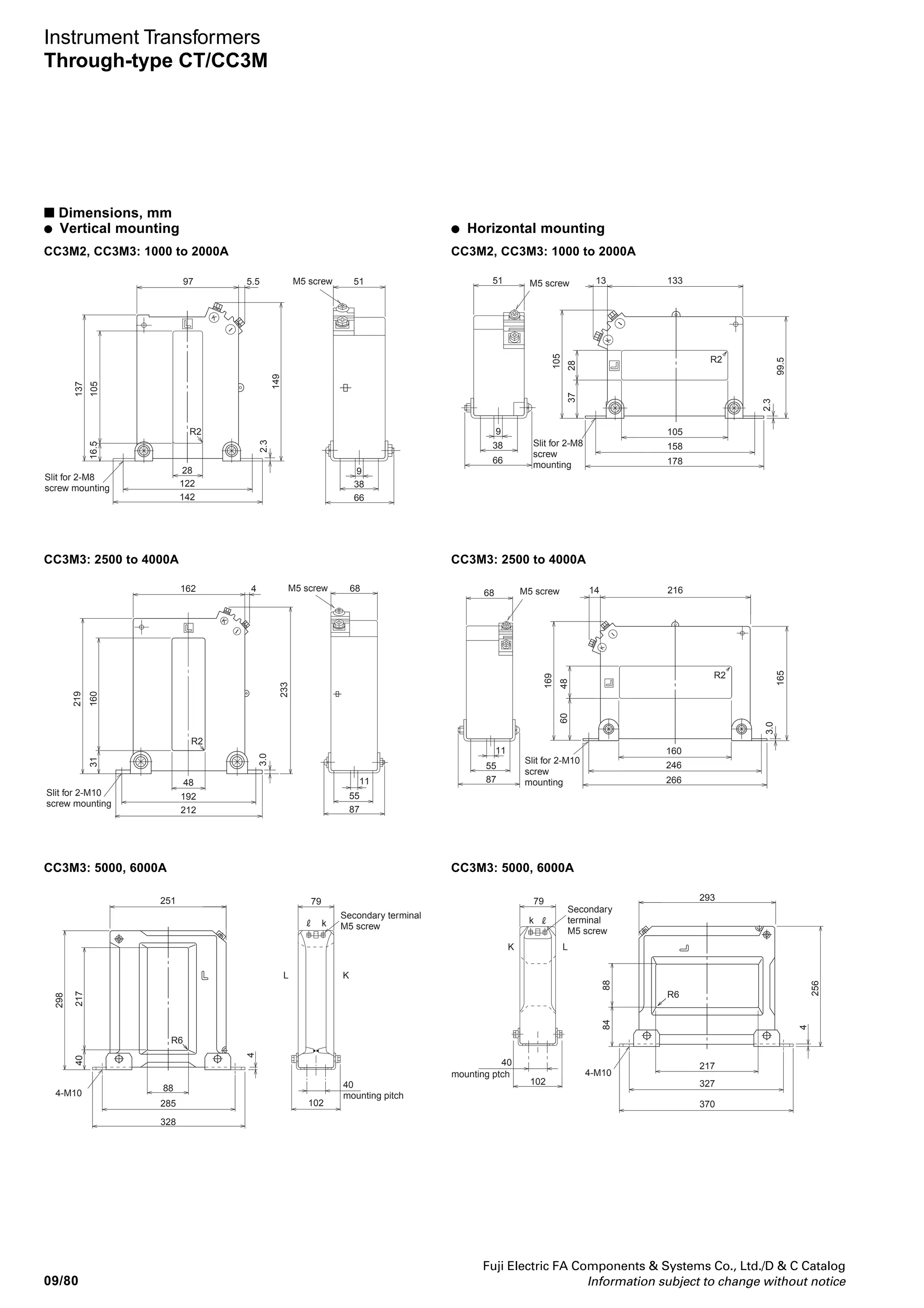 Fuji Electric FA Components  Systems Co., Ltd./D  C Catalog
Information subject to change without notice
09
09/79
Instrument Transformers
Through-type CT/CC3M
CC3M1: 150 to 300A CC3M2: 200 to 300A
CC3M3: 300 to 500A
CC3M1: 150 to 300A CC3M2: 200 to 300A
CC3M3: 300 to 500A
75 46
7
34
61
7.5
R2
14
90
107
Slit for 2-M6
screw mounting
107
5526
2.0
117
k
M5 screw
46 M5 screw
7
34
61
12 103
55
118
135
Slit for 2-M6
screw mounting
84.5
1432.5
2.0
77
R2
k
CC3M1: 400 to 600A CC3M2: 400 to 750A CC3M1: 400 to 600A CC3M2: 400 to 750A
CC3M2: 150A
CC3M3: 200, 250A
CC3M2: 150A
CC3M3: 200, 250A
CC3M2: 800A CC3M3: 600 to 800A CC3M2: 800A CC3M3: 600 to 800A
61
46
7
34
61
9.5
14
76
92.5
Slit for 2-M6
screw mounting
88.5
5517
2.0
99.5
k
M5 screw
R2
46
M5 screw
7
34
61
12.5
72.5
63
2.0
1425.5
55
100
85
R2
117
Slit
for 2-M6
screw
mounting
k
75 8
R2
14
95
112
Slit for 2-M8
screw mounting
107
5526.5
2.6
118
k
M5 screw 92
9
80
108
k
92 M5 screw
80
9
108
12.5 103
55
123
140
Slit for 2-M8
screw mounting
85.5
1433
2.6
77.5
R2
k
k
65
R2
14
90
110
9
k
118
80
129
19.5
2.3
Slit for 2-M8
screw mounting
M5 screw 51
9
38
66
51 M5 screw
9
38
66
13
76.5
67.5
2.3
1428
80
114
R2
139
159
Slit for 2-M8
screw mounting
k
■ Dimensions, mm
● Vertical mounting ● Horizontal mounting
 