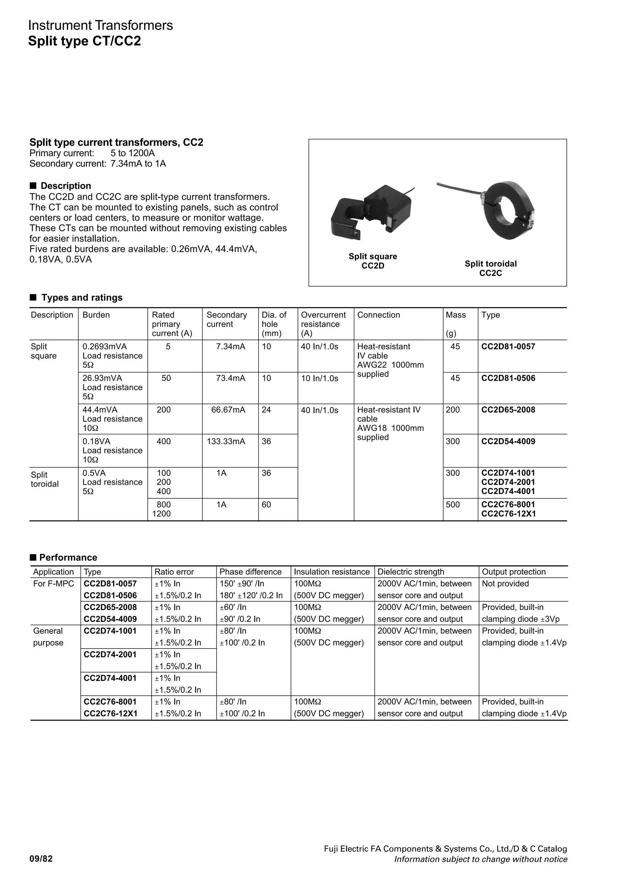 Fuji Electric FA Components  Systems Co., Ltd./D  C Catalog
Information subject to change without notice
09
09/81
Instrument Transformers
Through-type CT/CC3M
■ Dimensions, mm
Direct busbar mounting
CC3M2 CTs with a rated primary current of 150A or CC3M3 CTs
with a rated primary current of 200A, 250A or 4000 to 6000A
cannot be mounted directly to a busbar because the CT is too
heavy for the cross section of the busbar.
● Single busbar mounting
CC3M1: 150 to 600A CC3M2: 200 to 2000A CC3M3: 300 to 2000A
A H G
P
J
L
C D
EF
k
K
B
Busbar
Bracket
(CC3M35
non-magnetic
material)
M5 screw
Max.N
● Two-busbar mounting
CC3M2, CC3M3: 1000 to 3000A
A
H G
P
J
L
C D
E
R
(Spacer)
F
k
K
B
Busbar
Bracket
non-magnetic
material
M5 screw
Max.N
B C D E F G H J N PA
5 to 10
5 to 10
5 to 10
5 to 10
5 to 10
6 to 12
5 to 10
5 to 10
6 to 12
33.5
26.5
33.5
26.5
27.5
43.5
33.5
27.5
43.5
75
61
75
61
65
97
75
65
97
7.5
9.5
7.5
9.5
9
5.5
7.5
9
5.5
74
73.5
74
73.5
79
80.5
74
79
80.5
6.5
7
6.5
7
6.5
7
6.5
6.5
7
110
90.5
110
90.5
121
139
110
121
139
8.5
9.5
8.5
9.5
9
10
8.5
9
10
90
81
90
81
107
129
90
107
129
50
50
50
50
75
100
50
75
100
46
46
46
46
51
51
46
51
51
Primary current (A)
150 to 300
400 to 600
200 to 300
400 to 750
800
1000 to 2000
300 to 500
600 to 800
1000 to 2000
Bracket type
CC3M33
CC3M22
CC3M33
CC3M22
CC3M34
CC3M35
CC3M33
CC3M34
CC3M35
Type
CC3M1
CC3M2
CC3M3
Primary current (A)
1000, 1200, 1500, 2000
2500, 3000
Bracket type
CC3M36
CC3M37
A B C D E F G H J N P R
15 to 24 39 97 5.5 80.5 7 139 10 129 100 51 Approx. 40
15 to 45 72 162 4 102 17 223 11 210 150 68 Approx. 60
The busbar must be located in the center of the through hole of the
CT. Be sure that the busbar does not come into contact with the wall
of the through hole.
 