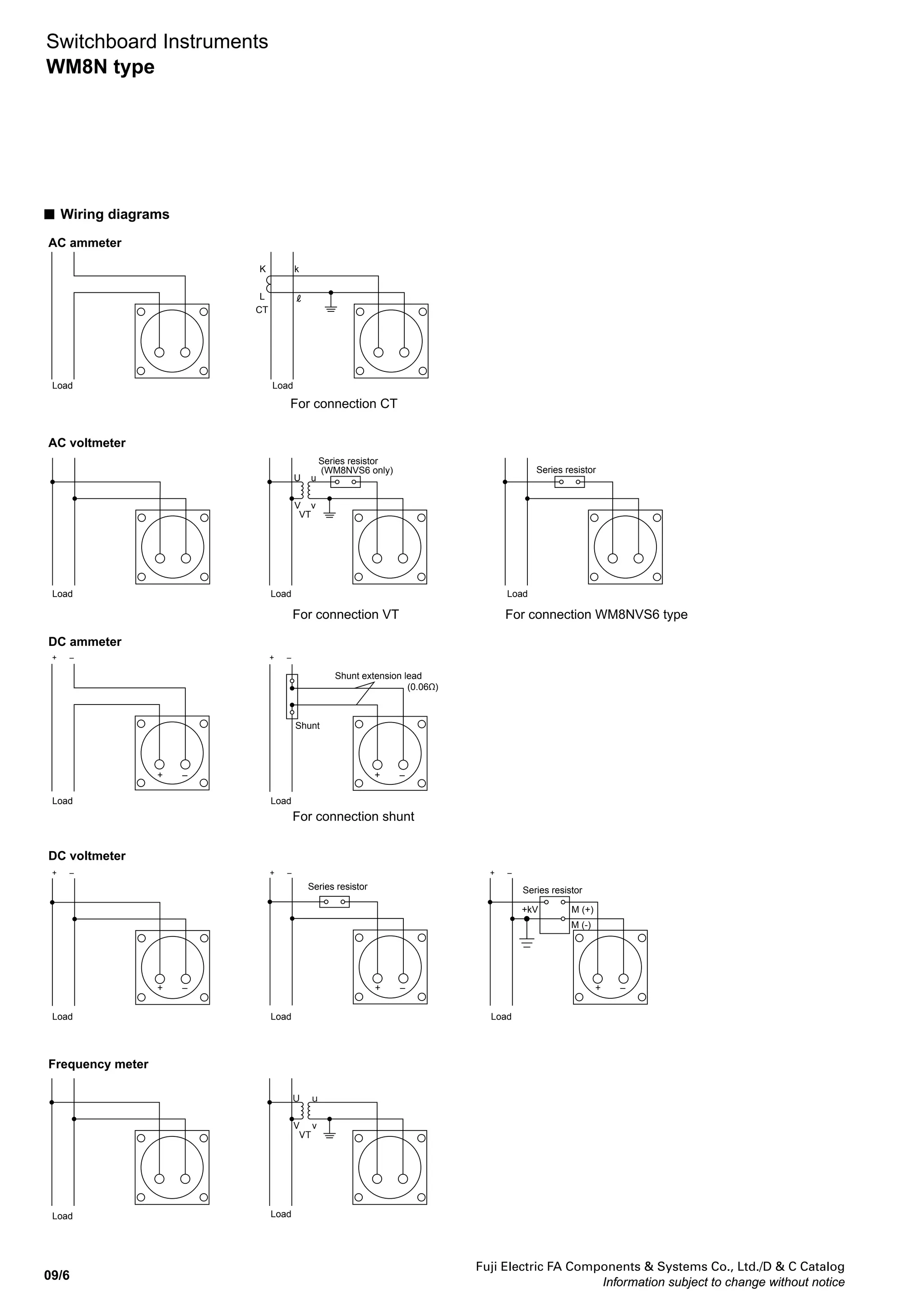 Fuji Electric FA Components & Systems Co., Ltd./D & C Catalog
Information subject to change without notice
09/5
09
■Dimensions, mm
WM8NAS3, WM8NVS3, WM8NAR3, WM8NVR3, WM8NAM3, WM8NVM3, WM8NA13, WM8NP13, WM8NAT3
Switchboard Instruments
WM8N type
WM8N 6
WM8NC03, WM8NC13, WM8NC23, WM8NC33, WM8NV23, WM8NV33, WM8NA23, WM8NA43
Panel cutting
90±0.5
90±0.5
90±0.590±0.5
Panel cutting
21
ø99
110
110
15
Terminal cover
M4
M5
90
12 10
90
Terminal cover
M4
M5
90
12 10
90
4-ø6
21
ø99
110
110
15
97
4-ø6
* 90
ø101±0.5
ø101±0.5
* AC ammeter (WM8NAS3 type): 72
AC voltmeter (WM8NVS3 type): 99
Terminal cover
M4
Panel cutting
64±0.5
64±0.5
M418
64
ø70
80
80
15
* 105
64
4-ø5.5
ø72±0.5
12 10
* AC ammeter (WM8NAS6): 72.5
AC voltmeter (WM8NVS6): 72.5
Type Rating A B C D E F G d Mass (kg)
DM-5 3 to 5kV 170 120 110 154 170 140 106 4 1.0 or less
DM-10 6 to 10kV 220 160 140 194 210 140 106 4 1.5 or less
DM-15 12 to 15kV 290 210 200 248 264 190 146 5 2.0 or less
DM-20 20kV 390 260 300 294 310 220 176 5 3.0 or less
DM-25 25kV 500 330 400 356 372 280 236 5 3.5 or less
• DC converter for WM8N 6 • Series resistor
ø100
160
140
77 91
40 2
11-M4
2-ø6.5
3L
P3
2S
P1 P2
1S 1L 2L 3S
99
– +
DM-5 to 25
DM-1 DM-2
73
48.52-M4
4-ø8
E
D
2-M5
B
C
A
36
52
44
2-ø3.5
36
G
F
ød
2.5 2.5
2-ø5
100
110
124
52
36
4
3-M5
53
6
M(+)M(–)
E + kV
M (–) M (+)
E + kV
 